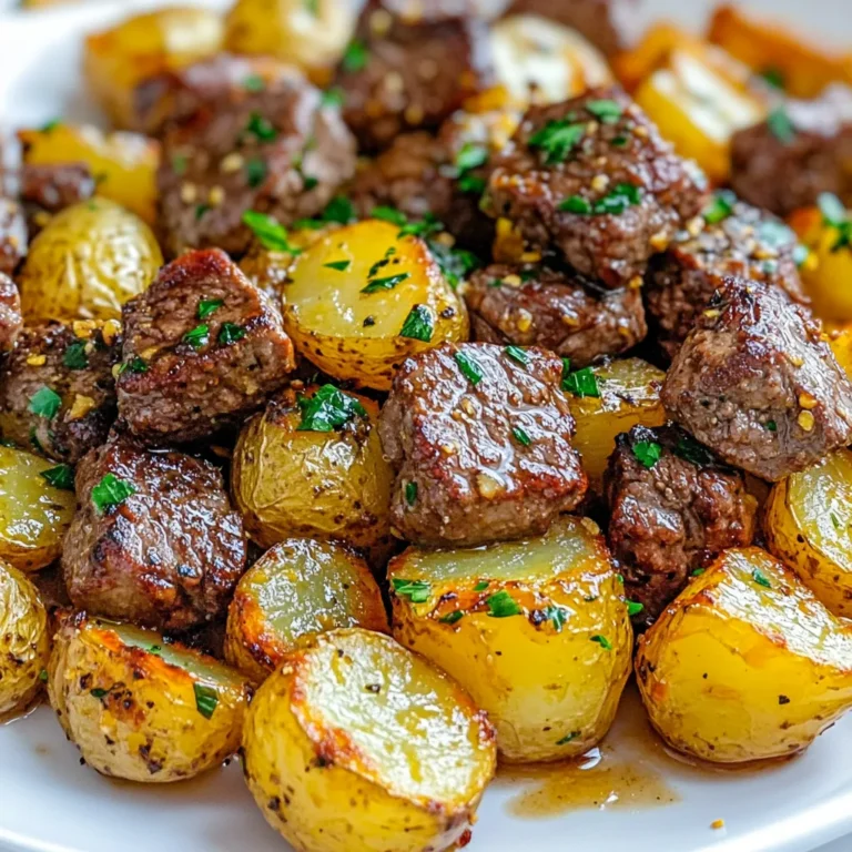 - 1 lb beef sirloin, cut into bite-sized cubes - 4 tablespoons unsalted butter - 1 lb baby potatoes, halved - 6 cloves garlic, minced - 1 teaspoon fresh thyme leaves - 1 teaspoon smoked paprika - Fresh parsley, chopped When cooking Garlic Butter Beef Bites with Potatoes, I start with the main ingredients. Beef sirloin is the star. It is tender and full of flavor. I cut it into bite-sized cubes for easy cooking. Unsalted butter gives richness. It enhances the beef and potatoes. Baby potatoes are my choice. They roast well and add a nice texture. Next, I reach for seasonings and aromatics. Garlic is a must. It brings a strong, savory taste. I use six cloves of minced garlic for a rich flavor. Fresh thyme adds a touch of earthiness. Smoked paprika gives a subtle hint of smokiness. I season with salt and pepper to taste. Finally, I finish with a garnish of fresh parsley. It adds color and freshness. The bright green of the parsley makes the dish pop. Each ingredient plays a key role in making this meal delicious and satisfying. {{ingredient_image_1}} First, set your oven to 400°F (200°C). This temperature works great for roasting. The heat will help make the potatoes crispy and cook the beef bites just right. In a bowl, take the halved baby potatoes. Add 2 tablespoons of olive oil, salt, pepper, and 1 teaspoon of smoked paprika. Toss them well until they are all covered. This mix adds flavor and helps with roasting. Spread the seasoned potatoes on a baking sheet. Make sure they are in a single layer. Roast in your preheated oven for 20-25 minutes. Flip them halfway through for even cooking. They should look golden and crispy when done. While the potatoes roast, melt 2 tablespoons of butter in a skillet over medium-high heat. Season the beef cubes with salt, pepper, fresh thyme, and smoked paprika. Add the beef to the skillet in one layer. Sear each side for 2-3 minutes until browned. Don't crowd the pan. Cook in batches if needed. When the beef is done, lower the heat to medium-low. Add the last 2 tablespoons of butter and the minced garlic into the skillet. Stir often for 1-2 minutes. You want the garlic to smell great but not burn. This step brings out the flavor. Now, add the crispy roasted potatoes to the skillet with the beef. Toss everything together to coat in the garlic butter. Cook for one more minute to heat through. Serve warm, and enjoy the delicious bites! To get those potatoes nice and crispy, follow these tips: - Cut the baby potatoes in half for even cooking. - Toss them well in olive oil, salt, pepper, and smoked paprika. - Spread them out in a single layer on the baking sheet. - Roast at 400°F (200°C) for 20-25 minutes, flipping halfway. - Look for a golden-brown color. This means they’re done! Cooking beef bites well is key to a great dish. Here’s how: - Sear them in a hot skillet for 2-3 minutes per side. - For rare beef, aim for an internal temperature of 125°F. - For medium, go for 135°F, and 160°F for well-done. - Avoid cooking too many at once; it leads to steaming, not searing. Want to boost the flavor? Here are some ideas: - Try adding rosemary or oregano for different tastes. - A pinch of red pepper flakes can add a nice kick. - Fresh herbs like basil or cilantro can brighten the dish. - Mix in some lemon zest for a fresh, tangy twist. Pro Tips Choosing the Right Beef: Use tender cuts like sirloin or ribeye for the best flavor and tenderness in your beef bites. Perfectly Crispy Potatoes: Ensure the potatoes are spread out in a single layer on the baking sheet to achieve maximum crispiness. Garlic Timing: Add the minced garlic after the beef is cooked to prevent it from burning, which can cause a bitter taste. Herb Variations: Experiment with different herbs like rosemary or oregano for a unique flavor profile in your garlic butter. {{image_2}} You can swap out thyme for other herbs. Rosemary adds a nice touch. Oregano works well too. Basil can give a fresh twist to your dish. Feel free to mix and match to find your favorite! Adding more veggies can make this meal even better. Carrots or bell peppers can add color and flavor. Mushrooms add a nice earthiness. Zucchini is also a great option, adding moisture and taste. Just chop and toss them in with the potatoes! You can grill the beef bites for a smoky flavor. Just season them like you would for pan-searing. Grill on high heat for about 2-3 minutes per side. This method gives a nice char and keeps the beef juicy. Pan-searing is quicker and easier, but grilling offers a unique taste. Choose what works best for you! To keep leftovers fresh, follow these steps. First, let the beef bites and potatoes cool. Then, place them in an airtight container. You can store them in the fridge for up to three days. Make sure to separate the beef from the potatoes if you want to keep them crispier. When reheating, I suggest using the oven. Preheat it to 350°F (175°C). Spread the beef and potatoes on a baking sheet. Heat for about 10-15 minutes. This method keeps them flavorful and helps the potatoes stay crispy. You can also use a skillet on medium heat. Just add a little butter to keep them moist. To freeze your beef bites and potatoes, you should cool them completely first. Place them in freezer-safe bags or containers. Make sure to remove as much air as possible. Label the bags with the date. They can last for up to three months. When you're ready to eat, thaw them overnight in the fridge. Reheat in the oven or skillet for the best taste. Yes, you can use other cuts of beef. Sirloin is great, but you might try tenderloin, ribeye, or flank steak. Each cut has its own flavor and texture. Tenderloin is very soft, while ribeye has more fat for richness. Flank steak is leaner but can be chewy if not cooked right. Just remember, cooking time may change based on the cut you choose. Cooking time varies with how you like your beef. For rare, cook about 2 minutes on each side. For medium, aim for 3 minutes. Well-done takes about 4 minutes per side. Always check for doneness with a meat thermometer. Rare is 125°F (51°C), medium is 145°F (63°C), and well-done is 160°F (71°C). Each bite should be juicy and full of flavor. A fresh salad pairs well with this dish. You can also serve steamed veggies like broccoli or green beans. They add color and nutrition to your meal. For a heartier side, consider a creamy coleslaw or garlic bread. Each option will balance the rich flavors of the beef and potatoes, making your meal delightful. This dish combines tender beef bites, crispy potatoes, and flavorful garlic butter. You'll learn the best techniques to roast and sear for tasty results. Don’t hesitate to experiment with different herbs or vegetables to make it your own. Proper storage and reheating will keep your meal fresh. Making it is simple, and you’ll impress anyone at the table. Now, gather your ingredients and enjoy a delicious meal!