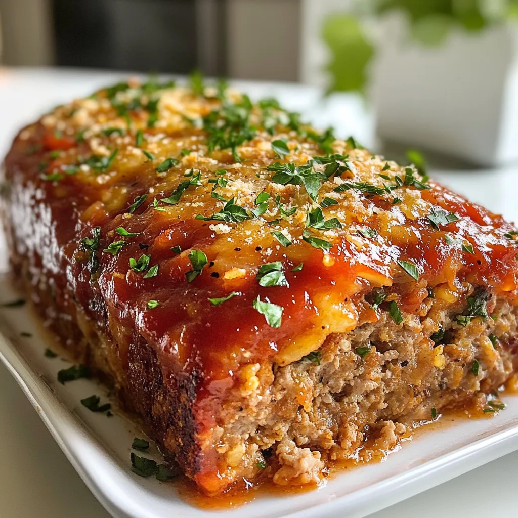 - 1 pound ground chicken - 1 cup breadcrumbs (preferably whole wheat) - 1/2 cup grated Parmesan cheese - 1/4 cup fresh parsley, chopped - 2 cloves garlic, minced - 1 small onion, finely chopped - 1 egg, beaten - 1/4 cup milk (or chicken broth) - 1 tablespoon Worcestershire sauce - Salt and pepper to taste - 1/2 teaspoon dried oregano - 1/2 teaspoon dried thyme - 1/2 cup marinara sauce (for topping) When you gather these ingredients, you set the stage for a tasty and cozy meal. The ground chicken offers a lean base, while the breadcrumbs help bind the meatloaf together. Parmesan cheese adds a rich, nutty flavor, and fresh parsley gives a burst of color and freshness. Garlic and onion create a savory depth. They really bring the dish to life. The egg and milk help keep the meatloaf moist. Worcestershire sauce adds a hint of umami, and the herbs—oregano and thyme—infuse it with warmth. The marinara sauce on top makes it even better, adding a nice finish. This mix of ingredients comes together to create a flavorful dish. Each bite is a delightful experience. You can easily customize it too, adding other veggies or spices you enjoy. Prepare to impress your family or friends with this Garlic Parmesan Chicken Meatloaf! {{ingredient_image_1}} First, we start with the basics. Preheat your oven to 350°F (175°C). This ensures even cooking. Next, grab a loaf pan. Grease it lightly or line it with parchment paper. This step helps with easy removal later. Now, let’s mix our dry ingredients. In a large bowl, combine the breadcrumbs, grated Parmesan cheese, chopped parsley, minced garlic, and chopped onion. This blend brings out great flavors. Set this mixture aside for now. Next, we’ll create our wet mixture. In a small bowl, beat the egg. Add the milk or chicken broth, Worcestershire sauce, salt, pepper, oregano, and thyme. Whisk this until it’s well blended. Now, pour this egg mixture into your large bowl with the chicken mixture. Use a spatula to combine them. Be gentle here! Overmixing can make your meatloaf tough. You want a nice, tender texture. Once everything is mixed, it’s time to shape our meatloaf. Transfer the mixture into your prepared loaf pan. Press it down lightly to form a loaf shape. Then, spread marinara sauce evenly on top. This adds flavor and moisture. Now, place the pan in the preheated oven. Bake for 45 to 55 minutes. You want the internal temperature to reach 165°F (74°C). This ensures the meatloaf is fully cooked. After baking, remove the meatloaf from the oven. Let it rest for about 10 minutes. This helps the juices settle. Then, slice and serve with extra marinara sauce if you like. Enjoy your delicious Garlic Parmesan Chicken Meatloaf! Mixing your ingredients well is key to a good meatloaf. Be sure to combine them until they are just mixed without overdoing it. Overmixing can lead to a tough texture. After baking, let your meatloaf rest for 10 minutes. This helps keep the juices inside and makes it easier to slice. You can add more herbs and spices to boost the flavor. Try adding more fresh parsley or some basil for a different taste. A dash of red pepper flakes can also give it a nice kick. If you want a great marinara sauce, consider making it at home. Use fresh tomatoes, garlic, and herbs for a tasty upgrade. Use a sturdy loaf pan for the best shape. Glass or metal pans work well. If you want easy cleanup, line your pan with parchment paper. You can also use silicone pans, which make removal a breeze. Enjoy your cooking! Pro Tips Use Fresh Ingredients: Fresh garlic and parsley will enhance the flavor of your meatloaf significantly compared to dried versions. Don’t Overmix: Mix the ingredients just until combined to keep the meatloaf tender and avoid a dense texture. Let It Rest: Allow the meatloaf to rest for at least 10 minutes after baking. This helps it hold its shape when slicing. Experiment with Toppings: Feel free to try different sauces like barbecue or pesto instead of marinara for a unique flavor twist. {{image_2}} You can swap ground chicken for ground turkey or beef. This change offers different flavors and textures. Ground turkey is leaner, while beef adds richness. Both options work great! For gluten-free needs, you can use gluten-free breadcrumbs. This keeps the meatloaf tasty without the gluten. Look for brands that add flavor to maintain the dish's essence. Adding vegetables boosts the meatloaf's nutrition and taste. Spinach or bell peppers blend in well. They add color and flavor without overpowering the dish. You can also play with cheese. Try mozzarella or cheddar instead of Parmesan. Each cheese will change the taste and offer a fun twist. For a slow cooker version, shape the meatloaf and place it in the cooker. Cook on low for 6-8 hours. This method makes the meatloaf moist and packed with flavor. If you want portion control, make meatloaf muffins. Use a muffin tin to bake small servings. This way, everyone gets their own piece, and they cook faster too! For storing your Garlic Parmesan Chicken Meatloaf, use airtight containers. Glass or plastic containers work well. Make sure the meatloaf cools down first. Store in the fridge for up to three days. This keeps the flavors fresh and tasty. To freeze your meatloaf, wrap it tightly in plastic wrap. Then, wrap it in aluminum foil. This helps prevent freezer burn. You can freeze it for up to three months. To reheat, let it thaw in the fridge overnight. Then, warm it in the oven at 350°F until hot. In the fridge, meatloaf lasts about three days. In the freezer, it can stay good for three months. Check for any off smells or discoloration. If you see these signs, it is best to throw it away. Always trust your senses when it comes to food safety. Bake your Garlic Parmesan Chicken Meatloaf for 45 to 55 minutes at 350°F (175°C). The inside should reach 165°F (74°C). This ensures a safe and juicy meatloaf. Using a meat thermometer is a great way to check. Yes, you can make this meatloaf ahead of time. Prepare it up to the baking step and store it in the fridge for up to 24 hours. Cover it well with plastic wrap to keep it fresh. If you want to freeze it, place the unbaked loaf in a freezer-safe container. It lasts up to three months. Just thaw it in the fridge overnight before baking. This meatloaf pairs well with many sides. Here are some tasty ideas: - Mashed potatoes - Steamed green beans - Roasted carrots - Fresh salad - Garlic bread These sides enhance the flavors and create a balanced meal. Enjoy experimenting with different combinations! This blog post covered the key ingredients for garlic Parmesan chicken meatloaf, along with steps to prepare it. I shared tips for enhancing flavor and various cooking methods. You now know how to store leftovers and their shelf life. Meatloaf is versatile and easy to adapt. Experimenting with different flavors can make cooking fun. Enjoy your time in the kitchen and share your tasty results!