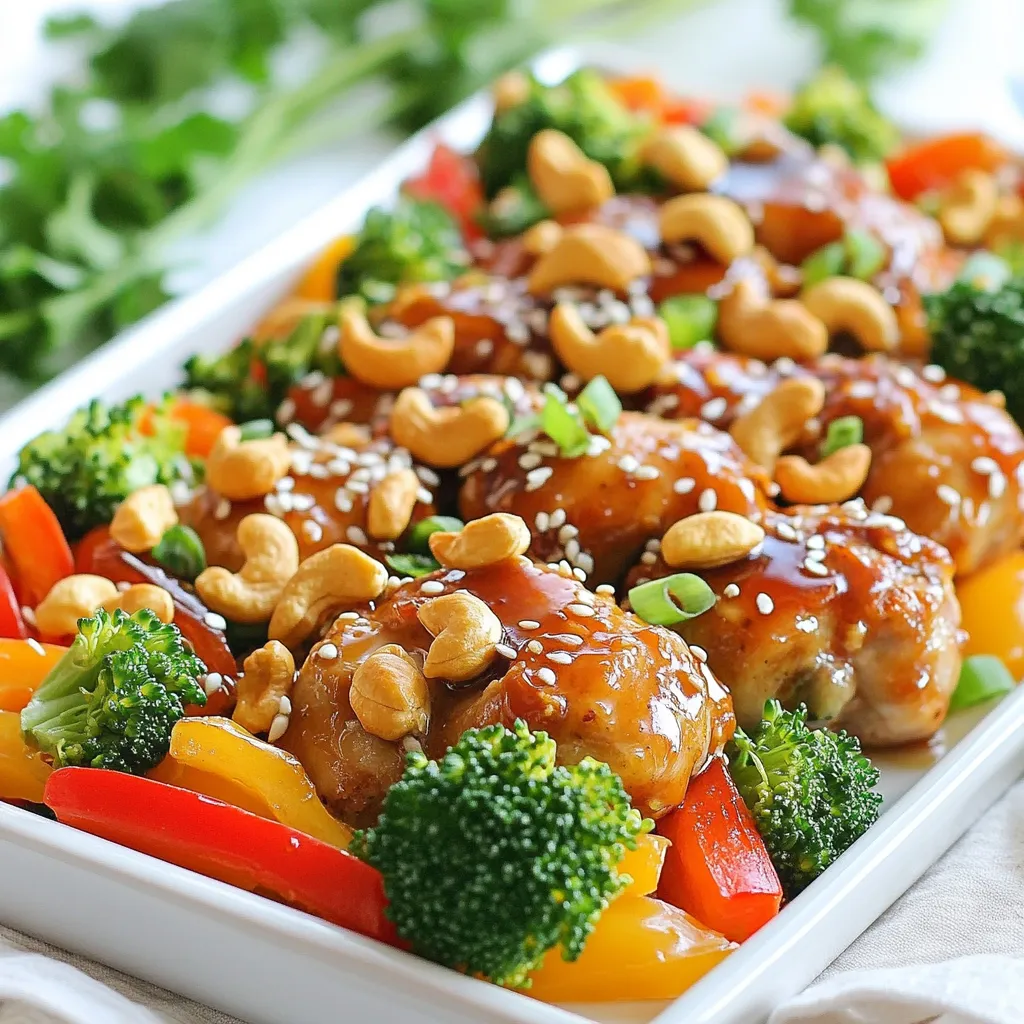 To make sheet pan cashew chicken, you need these key ingredients: - 1.5 lbs boneless, skinless chicken thighs, cut into bite-sized pieces - 1 cup unsalted roasted cashews - 2 cups broccoli florets - 1 bell pepper (red or yellow), sliced - 1 carrot, julienned - 2 tablespoons vegetable oil - 2 tablespoons soy sauce - 1 tablespoon hoisin sauce - 1 tablespoon honey - 2 cloves garlic, minced - 1 teaspoon fresh ginger, grated - Salt and pepper to taste Each ingredient plays a part in creating a tasty meal. The chicken thighs add flavor and tenderness. The cashews give a nice crunch. Broccoli, bell pepper, and carrot add color and nutrition. You can add some fun toppings to your dish. Here are a couple of great options: - Chopped green onions - Sesame seeds These garnishes give extra flavor and a pretty look. They make your meal feel special. If you need to swap ingredients, here are some ideas: - Chicken thighs: Use chicken breasts for a leaner option. - Broccoli: Try green beans or snap peas for a different veggie. - Hoisin sauce: Use teriyaki sauce if you want a sweeter taste. - Cashews: Almonds or peanuts can work too. These swaps can still give you a great meal. Experiment with what you have on hand. {{ingredient_image_1}} First, set your oven to 425°F (220°C). This high heat helps the chicken cook fast and keeps it juicy. Next, grab a large baking sheet and line it with parchment paper. This step makes cleanup easy and prevents sticking. In a mixing bowl, combine these ingredients: - 2 tablespoons soy sauce - 1 tablespoon hoisin sauce - 1 tablespoon honey - 2 cloves garlic, minced - 1 teaspoon fresh ginger, grated - 2 tablespoons vegetable oil - Salt and pepper to taste Whisk these together until they blend well. This marinade adds a rich flavor to the chicken. Now, take 1.5 lbs of boneless, skinless chicken thighs cut into bite-sized pieces. Add the chicken to the marinade. Toss it all together so the chicken is fully coated. Let it marinate for 15-20 minutes. This step makes the chicken tender and flavorful. Once the chicken is marinated, spread it evenly on the prepared baking sheet. Next, add 2 cups of broccoli florets, one sliced bell pepper, and one julienned carrot around the chicken. These veggies not only add color but also nutrition. Drizzle any leftover marinade over everything to ensure all ingredients soak up that tasty flavor. Place the sheet pan in the preheated oven. Bake for 20-25 minutes. You want the chicken to reach an internal temperature of 165°F (74°C). The veggies should be tender and a bit caramelized. Check on it halfway through to make sure it cooks evenly. In the last 5 minutes of baking, sprinkle 1 cup of unsalted roasted cashews over the top. This adds a nice crunch and enhances the flavor. When done, take it out of the oven and let it cool for a minute. Finally, garnish with chopped green onions and sesame seeds. This adds a fresh look and taste before serving. To keep chicken juicy, start with thighs. They have more fat than breasts. They stay moist during cooking. Marinate your chicken for at least 15 minutes. This adds flavor and moisture. Use a mix of soy sauce, hoisin sauce, and honey. This helps keep chicken tender. Bake at 425°F (220°C) for just 20-25 minutes. Check the internal temp. It should reach 165°F (74°C). Overcooking makes chicken dry. You want vibrant and crisp veggies. Broccoli, bell peppers, and carrots work great. They cook well and add color. You can also try snap peas or zucchini. Cut them into similar sizes for even cooking. Toss them in the same marinade. This way, they soak up the flavors. Place them around the chicken on the pan. They will caramelize nicely, adding sweetness. Want to save time? You can prep this dish ahead. Marinate the chicken the night before. Store it in the fridge with the veggies. When you are ready, just spread everything on the pan. This cuts down on busy weeknight stress. You can also freeze the marinated chicken. Just thaw it in the fridge overnight. Then, bake it fresh when you need a quick meal. Pro Tips Marinate for Maximum Flavor: Allow the chicken to marinate for at least 20 minutes to ensure it absorbs all the delicious flavors from the marinade. Use Fresh Vegetables: Fresh broccoli, bell peppers, and carrots will provide the best textures and flavors, making the dish more vibrant and appealing. Check for Doneness: Use a meat thermometer to ensure the chicken reaches an internal temperature of 165°F (74°C) for safe consumption. Customize Your Veggies: Feel free to substitute or add other vegetables like snap peas, zucchini, or asparagus based on your preference or seasonal availability. {{image_2}} You can easily switch the chicken for other proteins. Tofu works great if you want a plant-based option. Choose extra-firm tofu, press it to remove excess water, then cut it into cubes. Shrimp is another tasty choice. Use peeled and deveined shrimp for quick cooking. Adjust the cooking time to about 15 minutes for shrimp and tofu. This keeps everything tender and juicy while still flavorful. Feel free to mix in your favorite veggies. Snap peas, zucchini, or even baby corn will add great color. Just cut them to a similar size so they cook evenly. You can also add mushrooms for an earthy taste. Experimenting with different veggies can make this dish your own. The more colorful your sheet pan, the more fun it looks! Want to kick up the flavor? Add spices like red pepper flakes for heat or smoked paprika for depth. You can also swap hoisin sauce with teriyaki for a sweet twist. If you like it tangy, try adding a splash of rice vinegar. Each little change can give your meal a new vibe. Play around until you find your perfect blend! After enjoying your Sheet Pan Cashew Chicken, let it cool down. Place leftovers in an airtight container. This helps keep the meal fresh. You can store it in the fridge for up to 3 days. If you plan to eat it later, you can freeze it. To reheat, take the chicken and veggies out of the fridge. You can use a microwave or an oven. For a microwave, heat on medium power for about 2-3 minutes. Stir halfway through to ensure even heating. If using an oven, preheat it to 350°F (175°C). Bake for about 10-15 minutes until hot. This keeps the flavors intact. For freezing, make sure the dish cools completely. Use freezer-safe bags or containers. Squeeze out as much air as possible. Label the bags with the date. You can freeze it for up to 3 months. When ready to eat, thaw it in the fridge overnight before reheating. This way, you’ll enjoy a tasty meal anytime! Yes, you can use chicken breasts. They will cook faster than thighs. Remember to cut them into bite-sized pieces. Check for doneness at 20 minutes. Make sure the chicken reaches 165°F. If you use shrimp, cook for 10-15 minutes. Shrimp cooks quickly. For tofu, try 25-30 minutes. Ensure it is golden brown. Always check the internal temperature for safety. This recipe can be gluten-free. Use gluten-free soy sauce instead of regular. Check labels on hoisin sauce for hidden gluten. With these swaps, enjoy a safe and tasty meal. Serve it with rice or quinoa for a filling meal. You can add a simple salad for freshness. Steamed dumplings also pair well. These sides enhance the flavors and textures of the dish. This blog post covered the key steps to make Sheet Pan Cashew Chicken. We discussed main ingredients, optional garnishes, and ingredient substitutions for varied tastes. After explaining step-by-step instructions, we shared tips to keep your chicken juicy and how to prep veggies. We even explored variations with different proteins and spices. Finally, I provided storage tips for easy meal prep. Now you can enjoy a delicious meal with less hassle. Happy cooking!