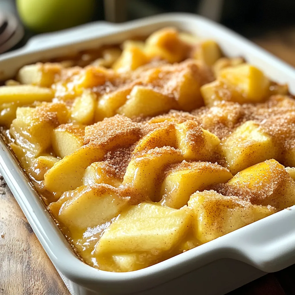 For this tasty apple cobbler, you need fresh apples. I like using Granny Smith apples. They are tart and hold up well when baked. Here’s what you’ll need: - 4 large Granny Smith apples, peeled, cored, and sliced - 1 tablespoon lemon juice The lemon juice helps keep the apples fresh and adds a nice zing. Next, we need some key baking items to create that perfect cobbler topping. These ingredients add sweetness and flavor. Gather the following: - 1/2 cup granulated sugar (for the filling) - 1 teaspoon ground cinnamon - 1/4 teaspoon ground nutmeg - 1 tablespoon all-purpose flour (for thickening) - 1 cup all-purpose flour (for the topping) - 1/2 cup granulated sugar (for the topping) - 1 teaspoon baking powder - 1/2 teaspoon salt - 1/2 cup unsalted butter, melted - 1/2 cup milk - 1 teaspoon vanilla extract These baking ingredients create a sweet and fluffy topping over the apples. To make your cobbler, you will need a few tools. Having the right tools makes the process easier. Here’s what I recommend: - A large mixing bowl - A 9x13 inch baking dish (greased) - A whisk for mixing - A knife for slicing apples - A cutting board for prep With these tools and ingredients, you’re all set to make a delicious classic apple cobbler. {{ingredient_image_1}} Start by peeling and slicing four large Granny Smith apples. I love these apples for their tartness. They add a nice balance to the sweet topping. Next, put the apple slices in a large bowl. Add one tablespoon of lemon juice to keep them fresh. Then, sprinkle in half a cup of granulated sugar, one teaspoon of ground cinnamon, and a quarter teaspoon of nutmeg. These spices make the apples smell amazing! Toss everything well to coat the apples. Finally, sprinkle in one tablespoon of flour to thicken the juices. This step helps the filling stay nice and thick. Pour the apple mixture into a greased 9x13 inch baking dish. In another bowl, mix one cup of all-purpose flour with half a cup of sugar. Add one teaspoon of baking powder and half a teaspoon of salt. Whisk these dry ingredients together. Then, pour in half a cup of melted unsalted butter, half a cup of milk, and one teaspoon of vanilla extract. Stir until it’s just combined. The batter might look a bit lumpy, but that’s okay! This lumpiness adds texture to the topping. Now, it’s time to put everything together. Pour the batter evenly over the apples in your baking dish. Do not stir it. This will create a lovely topping as it bakes. Preheat your oven to 350°F (175°C) and bake the cobbler for 40 to 45 minutes. Keep an eye on it! The topping should turn golden brown. To check if it’s done, insert a toothpick into the topping. If it comes out clean, it’s ready! Let the cobbler cool slightly before serving. This waiting time lets the juices thicken up a bit. Enjoy your warm cobbler with a scoop of vanilla ice cream on top! To get a great topping, mix flour, sugar, baking powder, and salt well. Use cold butter for best results. Melt the butter slightly, then add it to the dry mix. This helps create a flaky crust. Don’t overmix; lumps in the batter are okay. Pour this over your apples without stirring. This separation makes a nice texture. Serve your warm apple cobbler with a scoop of vanilla ice cream. The cold ice cream melts into the warm cobbler. This creates a sweet and creamy mix. A sprinkle of cinnamon on top adds flavor and charm. You can also drizzle some caramel sauce for extra sweetness. For a twist, serve with whipped cream or a dollop of Greek yogurt. One mistake is using too much sugar in the apple mix. This can make it overly sweet. Be careful with the baking time; check for a golden brown topping. If you stir the batter before baking, it can become dense. Always let the cobbler cool a bit before serving. This helps the juices thicken and makes it easier to scoop. Pro Tips Choose the Right Apples: For the best flavor and texture, use tart apples like Granny Smith. They hold their shape well during baking and provide a nice contrast to the sweetness of the topping. Let It Rest: Allow the cobbler to cool slightly before serving. This helps the juices thicken and makes for a more enjoyable texture. Experiment with Spices: Feel free to add additional spices such as allspice or ginger for a unique twist on the classic apple flavor. Serving Suggestions: Serve warm with a scoop of vanilla ice cream or whipped cream to enhance the dessert experience. A sprinkle of cinnamon on top adds a nice touch! {{image_2}} You can switch up your apple cobbler by adding different fruits or nuts. Try pears or berries for a new twist. These fruits mix well with apples. You can also add nuts for crunch. Walnuts or pecans add a nice texture. Simply mix them in with the apples. This change brings fresh flavors to your cobbler. If you need a gluten-free version, it's easy to adapt. Replace all-purpose flour with a gluten-free blend. Many brands work well. You can also use almond flour or coconut flour. Just be mindful of the ratios. Adjust the liquid in the recipe as needed. This way, everyone can enjoy the dessert without worry. For a healthier option, consider using alternative sweeteners. Try honey, maple syrup, or coconut sugar. These add sweetness without refined sugar. Just adjust the amount based on your taste. Start with less and add more if needed. This keeps the cobbler delicious and a bit lighter. To store leftover apple cobbler, first let it cool. Place it in an airtight container. You can also cover the dish tightly with plastic wrap. Store it in the fridge for up to four days. If you want to keep it longer, freezing is a great option. When you're ready to enjoy your cobbler again, preheat your oven to 350°F. Place the cobbler in an oven-safe dish. Cover it with foil to keep it moist. Heat for about 15-20 minutes. You want it warm all the way through. For a crispier topping, remove the foil for the last five minutes. If you want to freeze your apple cobbler, make sure it’s completely cooled first. Cut it into portions for easy serving. Wrap each piece tightly in plastic wrap. Then, place them in freezer bags or an airtight container. Label the bags with the date. Use it within three months for the best taste. When you’re ready to eat, thaw it in the fridge overnight before reheating. Yes, you can use many types of apples. Granny Smith apples are tart and hold their shape well. You can mix them with sweet apples like Honeycrisp or Fuji. This mix gives great flavor and texture. Just remember that sweeter apples may need less sugar. To make a smaller cobbler, use fewer apples. You can cut the recipe in half. Use two large apples instead of four. Adjust the topping ingredients to match. This way, you can enjoy this treat without too much left over. The best way to reheat cobbler is in the oven. Preheat your oven to 350°F (175°C). Place the cobbler in a baking dish. Cover it with foil to keep it from drying out. Heat it for about 15 to 20 minutes. You can also use the microwave for quick reheating, but the oven keeps it crispy. By using fresh ingredients and following simple steps, you can make a tasty apple cobbler. From prepping the apples to baking, I shared easy instructions and tips for the perfect topping. Don't forget the variations that let you customize this dessert! Proper storage keeps leftovers fresh, and I answered common questions about the recipe. With these tips, you can enjoy apple cobbler anytime, confident that your dish will impress. Happy baking!