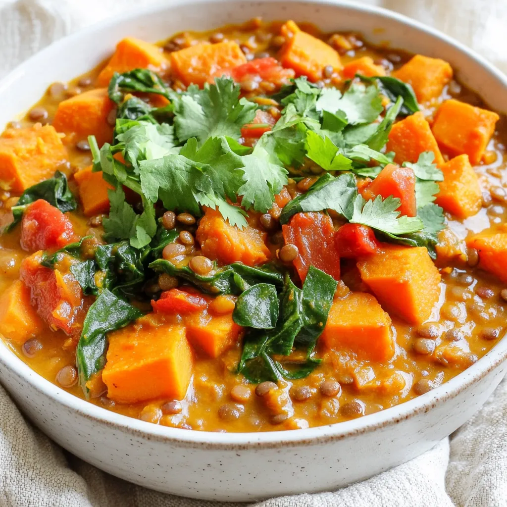 - 2 medium sweet potatoes, peeled and diced - 1 cup dried green or brown lentils, rinsed - 1 can (14 oz) coconut milk - 1 can (14.5 oz) diced tomatoes (with juices) Sweet potatoes add sweetness and texture. Lentils provide protein and fiber. Coconut milk makes the curry creamy. Diced tomatoes bring acidity and freshness. These main ingredients create a hearty base for the dish. - 2 tablespoons curry powder - 1 teaspoon ground turmeric - 1 teaspoon cumin - 1 teaspoon red chili flakes (adjust to taste) Spices bring warmth and depth. Curry powder adds a bold flavor. Turmeric gives a lovely color and health benefits. Cumin adds earthiness, while red chili flakes can spice it up. Adjust the spice levels to fit your taste. - 2 cups fresh spinach or kale, roughly chopped - Fresh cilantro for garnish - Juice of 1 lime Adding spinach or kale boosts nutrients and color. Fresh cilantro adds brightness to the dish. A squeeze of lime juice just before serving elevates the flavors. Feel free to mix and match these extras for your perfect curry. To start, peel and dice two medium sweet potatoes. Aim for small cubes, about one inch. This helps them cook evenly. Next, rinse one cup of dried lentils under cool water. This step removes dust and impurities. Then, finely chop one onion and mince three cloves of garlic. These fresh flavors will enhance the curry. In your slow cooker, layer the diced sweet potatoes, rinsed lentils, chopped onion, minced garlic, and one inch of grated ginger. This mix creates a base full of flavor. Now, pour in one can of coconut milk, one can of diced tomatoes with their juices, and two cups of vegetable broth. Stir everything well to combine. Next, add two tablespoons of curry powder, one teaspoon of ground turmeric, one teaspoon of cumin, and one teaspoon of red chili flakes. Season with salt and pepper to taste. Mix well to spread the spices throughout. You can cook the curry on low for six to eight hours or on high for three to four hours. The sweet potatoes and lentils should become tender. To check for doneness, use a fork to poke the sweet potatoes. If they easily break apart, it’s ready. About 15 minutes before serving, stir in two cups of chopped spinach or kale. Cover again to let the greens wilt. Before serving, squeeze fresh lime juice over the curry for a zesty finish. Seasoning is key to this dish's success. It brings out the natural tastes of sweet potatoes and lentils. I recommend tasting as you cook. Start with the basic spices: curry powder, turmeric, and cumin. Adjust them to your liking. For heat, use the red chili flakes. You can add more or less, based on your spice preference. Preparing your slow cooker is simple. Make sure it is clean and dry before use. This helps ensure even cooking. Layer your ingredients wisely. Start with the sweet potatoes and lentils. Then add onion, garlic, and ginger. Pour in liquids like coconut milk and broth. Finally, sprinkle in your spices. This method helps flavors blend well. Serve the curry hot with rice or warm naan. The creamy curry pairs nicely with both. If you have leftovers, store them in airtight containers in the fridge. This dish keeps well for up to three days. To reheat, warm it on low heat on the stove. Stir occasionally to avoid sticking. Enjoy your meal! {{image_2}} You can change up this curry with different veggies. Try carrots, bell peppers, or zucchini. They all add nice flavors and colors. Each option gives the dish a new twist. For lentils, green or brown work well, but you can also use red lentils. Red lentils cook faster and become softer. This can change the curry's texture. Experiment to find your favorite combination! Want to make your meal heartier? Add chickpeas or tofu. Both options boost protein and keep you full. Chickpeas add a nice bite. Tofu soaks up all the delicious curry flavors. You can toss in cooked quinoa or brown rice too. This makes your meal more complete. It’s a great way to combine flavors and textures. Spices can change everything! Try adding garam masala or coriander for different tastes. A pinch of cinnamon can add warmth and depth. Each spice brings its own magic. Using homemade broth instead of store-bought can make a big difference. Homemade broth has richer flavors. It enhances the curry and adds a personal touch. Your taste buds will thank you! To store your leftover curry, let it cool first. Then, place it in an airtight container. This keeps it fresh and safe. You can keep it in the fridge for up to five days. Be sure to label the container with the date. If you want to freeze your curry, use freezer-safe containers. Leave some space at the top for expansion. You can freeze it for up to three months. When you're ready to eat, take it out and thaw it in the fridge overnight. To reheat, warm it on the stove or in the microwave until hot. This curry is perfect for meal prep. You can portion it into single servings. Store each serving in a container for easy access. It makes a great lunch or quick dinner during the week. You can also pair it with rice or quinoa to make it a full meal. Yes, you can use sweet potato puree. However, the texture will change. Diced sweet potatoes give a nice chunkiness to the dish. Puree will make the curry smooth and thick. It will also blend differently with the lentils and spices, creating a creamier taste. To spice things up, add red chili flakes. You can double the amount if you like heat. Try adding cayenne pepper for a different kick. Fresh chopped jalapeños or serrano peppers can also work well. Taste as you go, and adjust to your heat preference. Yes, this curry is vegan! All ingredients, like coconut milk and lentils, come from plants. If you want to ensure it's vegan, check that your vegetable broth is also plant-based. This meal is full of flavor and perfect for anyone looking for a tasty vegan dish. This blog post covered how to make a delicious curry using sweet potatoes and lentils. We discussed the key ingredients, spices, and optional add-ins that boost flavor. I shared step-by-step instructions for preparation and cooking, as well as tips for best practices. You learned how to store leftovers and even meal prep. Experiment with variations to find your perfect taste. Simple adjustments can make a big difference! Enjoy your cooking and the vibrant flavors you create.