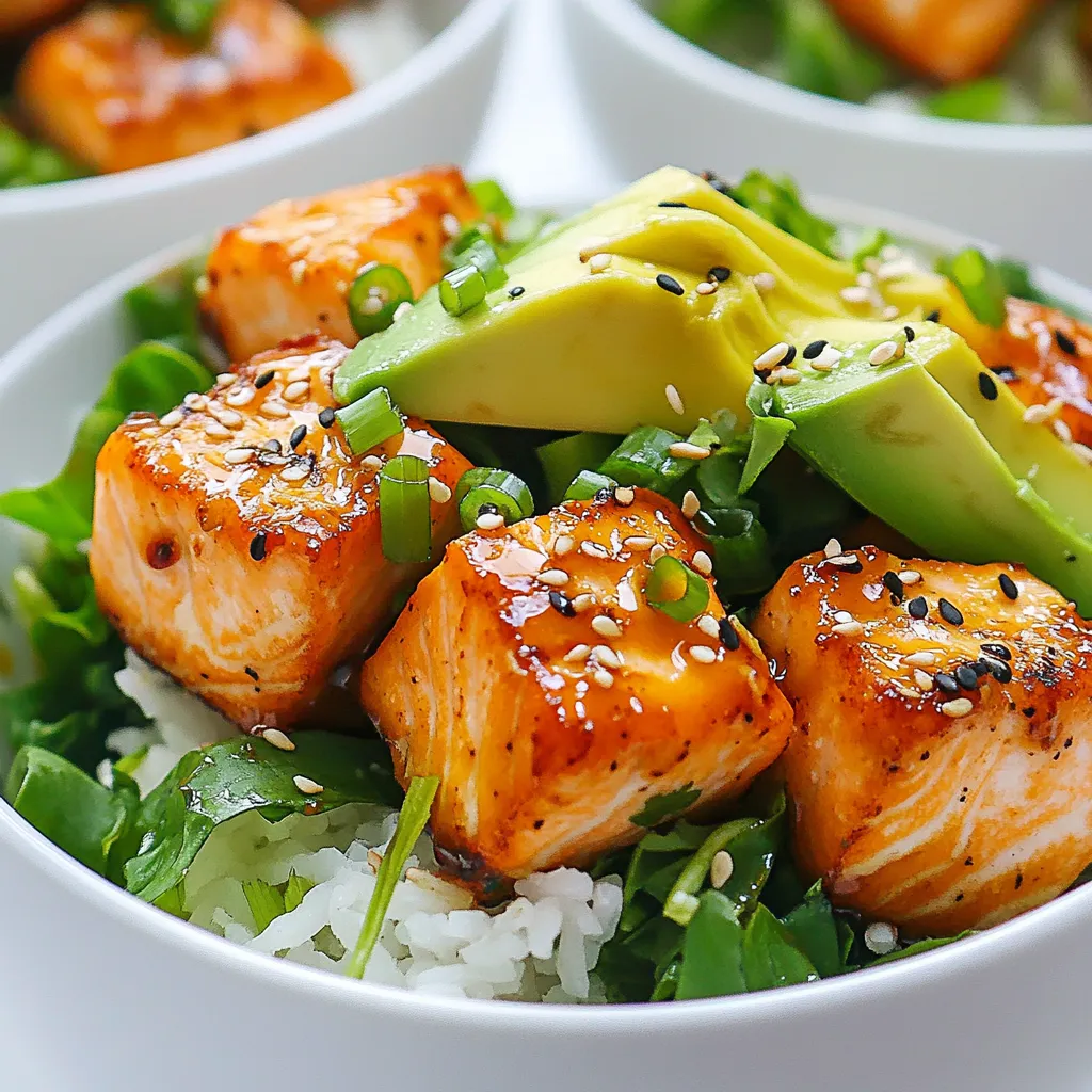 To make these tasty Bang Bang Salmon Bites Bowls, you need fresh and simple ingredients. Here’s what you’ll gather: - 1 lb salmon fillet, cut into bite-sized cubes - 1 cup cooked jasmine rice - 2 cups mixed greens (spinach, arugula, kale) - 1 avocado, sliced - ¼ cup green onions, chopped These ingredients build a strong base for your meal. The salmon gives protein, while the rice adds heartiness. The greens bring crunch, and avocado adds creaminess. Marinating makes the salmon flavorful. Here’s what you’ll need for the marinade: - 1 tablespoon sesame oil - 1 tablespoon soy sauce - 1 tablespoon sriracha (adjust for spice preference) - 1 tablespoon honey or agave syrup - 1 teaspoon garlic powder - 1 teaspoon lime juice These condiments mix well. The sesame oil adds a nutty taste. Soy sauce gives umami. Sriracha brings heat, while honey balances the flavors. Garlic powder and lime juice add brightness. Garnishes make your dish look great and add flavor. Consider these options: - Sesame seeds for garnish You can also add lime wedges for a fresh twist. Chopped herbs, like cilantro or parsley, can enhance the taste. Feel free to get creative! {{ingredient_image_1}} To start, take your salmon fillet and cut it into bite-sized cubes. This makes for easy cooking and eating. In a bowl, mix together the sesame oil, soy sauce, sriracha, honey or agave, garlic powder, and lime juice. This will create a tasty marinade. Add the salmon cubes to the bowl and toss them gently. Make sure each piece is coated well with the marinade. Let it sit for about 15 minutes. This helps the salmon soak up all the great flavors. Next, heat a non-stick skillet over medium-high heat. Once hot, add the marinated salmon bites to the pan. Cook for about 3-4 minutes on each side. You want them to turn golden brown and be fully cooked. Keep an eye on them to avoid burning. When done, remove the salmon from the heat. The aroma will be inviting! Now it’s time to build your bowls! Start with a base of cooked jasmine rice in each bowl. This will give you a nice, soft texture. Next, add a layer of mixed greens on top of the rice. Pile on the golden salmon bites next. For the finishing touch, add sliced avocado and sprinkle chopped green onions and sesame seeds on top. This will make your dish pop with color and flavor. If you have any leftover sauce from the pan, drizzle it over the salmon for extra taste. Enjoy your delicious Bang Bang Salmon Bites Bowls! To make these salmon bites shine, marination is key. Combine sesame oil, soy sauce, sriracha, honey, garlic powder, and lime juice in a bowl. Mix well before adding your salmon. The sweet and spicy mix brings out the natural flavor of the fish. Let the salmon marinate for at least 15 minutes. This allows the flavors to soak in deeply. If you have time, marinate for up to an hour for even more flavor. For a crispy exterior, use a non-stick skillet. Preheat it over medium-high heat. Once hot, add the marinated salmon bites in a single layer. Cook for about 3-4 minutes on each side. Look for a golden brown color. This shows they are cooked but still juicy inside. Avoid overcrowding the pan; this can lead to steaming instead of searing. If needed, cook in batches to get that perfect sear. Presentation matters! Start with a base of jasmine rice in your bowl. Add a layer of mixed greens for crunch. Then place the cooked salmon bites on top. Sliced avocado adds creaminess. Finish with green onions and sesame seeds for texture. For a zesty touch, serve with a lime wedge on the side. This not only looks great but also enhances the flavors. Enjoy your vibrant and tasty meal! Pro Tips Choose Fresh Salmon: Always opt for the freshest salmon available to enhance the flavor and texture of your dish. Adjust Spice Level: Modify the amount of sriracha in the marinade to suit your spice tolerance; start with less and add more if desired. Let It Marinate: Allow the salmon to marinate for at least 15 minutes to fully absorb the flavors of the marinade. Use a Non-Stick Skillet: A non-stick skillet helps to prevent the salmon from sticking, ensuring a perfect sear without losing any delicious bits. {{image_2}} If you want to switch things up, try different proteins. Chicken works great. Cut it into small pieces and use the same marinade. Shrimp is another tasty option. Cook it just like the salmon for a quick meal. Tofu can also be a good choice. It adds a nice texture and absorbs flavors well. To make a vegetarian or vegan bowl, use chickpeas or tempeh. Both options soak up the marinade nicely. You can mash the chickpeas a bit for a creamy texture. Tempeh has a nutty flavor that pairs well with the sauce. Just remember to cook them until they are golden brown. For a creamy sauce, use vegan mayo instead of regular mayo. While jasmine rice is tasty, there are many other grains you can use. Quinoa is a great choice. It adds protein and a nice crunch. Brown rice is healthy and filling. For something different, try farro or barley. You can also use cauliflower rice for a low-carb option. Each grain brings its own flavor to the bowl. To keep your Bang Bang Salmon Bites Bowls fresh, store leftovers in an airtight container. Make sure to separate the salmon from the rice and greens. This keeps the flavors bright and the textures nice. Place the cooked salmon in one container and the rice and greens in another. You can store these in the fridge for up to three days. When you’re ready to enjoy your leftovers, reheat the salmon gently. I suggest using a skillet over low heat. This helps the salmon stay tender and flavorful. If you prefer, you can also use the microwave. Just heat it in short bursts. Be careful not to overcook it, or it may dry out. Add a splash of water to keep it moist. The cooked salmon can last in the fridge for three days. The rice and greens are best enjoyed within two days for freshness. If you have leftover sauce, store it in a separate container. It can last up to a week in the fridge. Make sure to check for any signs of spoilage before using. You can marinate the salmon for about 15 minutes. This time allows the flavors to soak into the fish. If you have more time, you can extend it to 30 minutes for a stronger taste. Just be careful not to marinate too long, or the fish may become mushy. Yes, you can swap sriracha for another sauce. If you want less heat, use sweet chili sauce. You can also try a mix of ketchup and hot sauce for a milder flavor. Adjust the amount based on your spice preference to keep it yummy. You can serve the bowls with many sides. Try adding pickled vegetables for some crunch. A fresh cucumber salad pairs well, too. You can also include lime wedges for a zesty kick. These extras enhance the meal and keep it fun and tasty. In this post, we explored how to make Bang Bang Salmon Bites Bowls. We covered the key ingredients, from the salmon to optional garnishes. I shared step-by-step instructions for marinating and cooking the salmon. You learned tips to enhance flavor and achieve the perfect sear. We discussed variations, storage best practices, and answered common questions. Now, you can create a delicious meal that delights your taste buds. Enjoy making these tasty bowls your way!