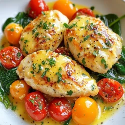 - 4 boneless, skinless chicken breasts - 4 tablespoons unsalted butter - 6 cloves garlic, minced - 1 cup heavy cream - 1 cup grated Parmesan cheese The heart of this dish is the chicken. I like to use boneless, skinless chicken breasts because they cook fast. They soak up flavors well. Next, we have garlic and butter. This combo adds a rich taste. The butter gives a nice, smooth texture. The garlic brings a punch of flavor that everyone loves. Cream and Parmesan cheese create a creamy, cheesy sauce. This sauce makes the chicken so tender and tasty. - 2 cups baby spinach - 1 cup cherry tomatoes, halved Baby spinach offers a fresh taste and nice color. It wilts down in the oven, becoming soft. Cherry tomatoes add a sweet burst. Their halved shape helps them cook evenly. Together, these veggies brighten the dish and add nutrients. - 1 teaspoon dried Italian herbs - Salt and black pepper to taste - 1 tablespoon olive oil - Fresh parsley, chopped (for garnish) Seasoning is key to flavor. Italian herbs bring a mix of tastes that please the palate. Salt and black pepper enhance every bite. Olive oil helps cook the chicken while adding moisture. Finally, fresh parsley adds color and a fresh touch on top. This garnish makes the dish look inviting and delicious. {{ingredient_image_1}} First, preheat your oven to 400°F (200°C). This hot oven will help cook the chicken perfectly. Next, take a large oven-safe skillet and heat the olive oil over medium-high heat. While it heats, season your chicken breasts with salt, black pepper, and Italian herbs on both sides. This adds great flavor. Now, add the seasoned chicken breasts to the skillet. Sear them for about 5-7 minutes on each side. You want them to look golden brown. Once done, remove the chicken from the skillet and set it aside. In the same skillet, reduce the heat to medium. Add the butter and let it melt. Then, add the minced garlic. Sauté it for about 1 minute until it smells amazing. This step brings out the garlic’s flavor. Next, pour in the heavy cream. Stir well to mix it with the garlic butter. Make sure to scrape up any brown bits from the skillet. This adds even more taste to your sauce. Gradually whisk in the grated Parmesan cheese until it melts and becomes smooth. This creamy sauce will coat the chicken beautifully. Now, return the chicken breasts to the skillet. Make sure they are well-coated in that tasty creamy sauce. Next, add the baby spinach and halved cherry tomatoes around the chicken. Gently stir to mix without disturbing the chicken. Transfer the skillet to your preheated oven. Bake for 20-25 minutes. Keep an eye on the chicken to ensure it cooks through. The internal temperature should reach 165°F (75°C). Once done, take it out of the oven and let it rest for a few minutes. Garnish with fresh parsley before serving. Enjoy your one pan garlic Parmesan chicken feast! To cook chicken perfectly, use the searing method. Searing locks in juices and adds flavor. Heat olive oil in your skillet and season the chicken well. Sear each side for about 5-7 minutes until golden. This step gives a nice crust. To keep chicken juicy, avoid overcooking. Use a meat thermometer to check the internal temperature. Aim for 165°F (75°C). Let the chicken rest after baking, so the juices redistribute. This helps keep your chicken moist and flavorful. You can adjust the creaminess of the sauce to fit your taste. For a thicker sauce, add more Parmesan cheese. If you prefer a lighter sauce, use less cream. To enhance flavors, try adding spices. A pinch of red pepper flakes adds heat. Fresh herbs like basil or thyme elevate the flavor profile, too. Taste as you go to find your perfect blend. To complement this dish, serve with sides like garlic bread or a fresh salad. Roasted veggies also pair well with the creamy chicken. For presentation, plate the chicken with the sauce drizzled on top. Arrange spinach and tomatoes around the chicken for color. A sprinkle of fresh parsley adds a nice touch. A beautiful presentation makes your meal feel like a feast. Pro Tips Perfectly Cooked Chicken: Use a meat thermometer to ensure your chicken reaches an internal temperature of 165°F (75°C) for optimal juiciness. Flavor Boost: For an extra layer of flavor, marinate the chicken breasts in olive oil, garlic, and Italian herbs for at least 30 minutes before cooking. Cheese Variation: Experiment with different cheeses, like mozzarella or Asiago, for a unique twist on the classic Parmesan flavor. One-Pan Cleanup: Line your skillet with parchment paper before cooking for easier cleanup and to prevent sticking. {{image_2}} You can switch out the chicken for other meats. Try turkey or pork instead. You can also use tofu for a plant-based option. For a creamy sauce without dairy, use coconut cream or cashew cream. These keep the dish rich and tasty. Want to change up the taste? Add fresh herbs like basil or thyme. You could also spice it up with red pepper flakes for heat. Don’t forget to toss in veggies! Zucchini, bell peppers, or mushrooms blend well and add color. This dish isn’t just for a plate. Try serving it over pasta or rice for a filling meal. You could even transform it into a casserole. Just layer the dish in a baking dish, top with extra cheese, and bake until bubbly. This way, you can enjoy it in a new form! Store your One Pan Garlic Parmesan Chicken Feast in airtight containers. Glass or plastic food containers work well. Keep it in the fridge for up to three days. The flavors will still be good, but fresh is best. If you want to save leftovers, freezing is a great option. Let the dish cool completely before you freeze it. Place it in freezer-safe containers or bags. Press out any excess air before sealing. It can last in the freezer for up to three months. When you’re ready to enjoy it again, thaw it in the fridge overnight. To keep moisture and flavor, reheating is key. You have two main options: the microwave or the oven. In the microwave, heat on medium power. This way, it warms evenly without drying out. Add a splash of water or cream to keep it moist. For the oven, preheat to 350°F (175°C). Place the dish in an oven-safe dish and cover it with foil. Bake for about 15-20 minutes until it’s heated through. This method helps maintain the creamy texture and taste. Choosing the right reheating method makes all the difference! Yes, you can use bone-in chicken for this dish. Bone-in chicken adds more flavor but needs longer cooking time. Cook it for about 30-35 minutes in the oven. Check the internal temperature to ensure it reaches 165°F (75°C). This will ensure the chicken is safe to eat while still juicy. If you want a lighter option, try using half-and-half or whole milk mixed with some flour. For a dairy-free choice, coconut cream or almond milk with a bit of cornstarch works well. These alternatives change the flavor slightly but still create a rich sauce. To add heat, try using red pepper flakes or cayenne pepper. You can also add sliced jalapeños for a fresh kick. Mix these into the garlic butter when you sauté it. This will make each bite burst with flavor! This blog post covers a delicious chicken dish packed with flavor. We discussed main ingredients like chicken, garlic, cream, and fresh veggies. I shared step-by-step instructions for cooking, plus tips to perfect your dish. You can even explore variations to suit your taste. In the end, this recipe is easy to customize and great for any meal. With these simple steps, you can create a delightful dish. Enjoy experimenting and make it your own.