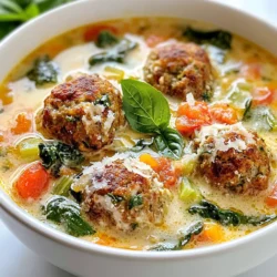 To make this soup, gather these key ingredients: - 1 pound ground beef (or a mix of beef and pork) - 1/4 cup breadcrumbs - 1/4 cup grated Parmesan cheese - 1 large egg - 2 cloves garlic, minced - 1 teaspoon Italian seasoning - Salt and pepper to taste - 4 cups chicken broth - 1 (14 oz) can diced tomatoes - 1 cup heavy cream - 1 cup fresh spinach leaves - 1/2 cup carrots, diced - 1/2 cup celery, diced - 1/2 cup onion, chopped - 2 tablespoons olive oil - Fresh basil and additional Parmesan for garnish These ingredients create a rich, hearty soup. Each one plays a role in building flavor and texture. You can enhance your soup with these extras: - Fresh parsley, chopped - Crusty bread or garlic bread on the side - A sprinkle of red pepper flakes for heat These garnishes add color and depth. They also allow you to tailor the dish to your taste. If you need alternatives, consider these swaps: - Ground turkey or chicken instead of beef - Almond flour or gluten-free breadcrumbs for a gluten-free option - Coconut cream instead of heavy cream for a dairy-free choice These substitutes keep the dish flavorful. You can easily adapt the recipe to fit your needs without losing taste. {{ingredient_image_1}} Start by gathering all your ingredients. In a large mixing bowl, add 1 pound of ground beef. You can use a mix of beef and pork for richer flavor. Next, sprinkle in 1/4 cup of breadcrumbs. This helps bind the meatballs together. Then, add 1/4 cup of grated Parmesan cheese for that nice cheesy taste. Crack one large egg into the bowl; it acts as a binder too. Now, add 2 cloves of minced garlic for aroma and taste. Toss in 1 teaspoon of Italian seasoning to bring in those classic flavors. Don’t forget to sprinkle in salt and pepper to your liking. Mix everything together with your hands until combined. Shape the mixture into small meatballs, about 1 inch in diameter. You should make about 20 to 24 meatballs. Heat 2 tablespoons of olive oil in a large pot over medium heat. Once hot, add the meatballs in batches. Make sure not to crowd the pot; this helps them brown well. Cook the meatballs for about 5 to 7 minutes, turning them to brown on all sides. Once browned, take them out and set them aside. This step adds flavor to your soup. In the same pot, add chopped onion, diced carrots, and diced celery. Cook these for about 5 minutes, stirring until the vegetables soften. Now, pour in 4 cups of chicken broth and 1 can of diced tomatoes. This mix creates a rich base for the soup. Scrape the bottom of the pot to get all the tasty browned bits from the meatballs. Next, return the meatballs to the pot. Bring the mixture to a gentle simmer. Let it cook for about 15 minutes, ensuring the meatballs are cooked through. Finally, stir in 1 cup of heavy cream and 1 cup of fresh spinach leaves. Allow the soup to simmer for another 5 minutes. Taste and adjust the seasoning with salt and pepper before serving. The key to great flavor is seasoning. Start by adding salt and pepper. Taste as you go. This way, you can adjust to your liking. Italian seasoning adds depth. Use fresh herbs if you can. Basil and oregano work wonders. Incorporate the seasoning early in the cooking. Flavor develops as the soup simmers. Remember to taste again before serving. This ensures balanced flavors in every bowl. Cooking time affects the meatballs' texture. Aim to brown them for about 5 to 7 minutes. This creates a nice crust. It also locks in the juices. If you make larger meatballs, increase the simmering time. Just cook until they reach 165°F internally. Use a meat thermometer for accuracy. This will help you serve safe and tasty meatballs. Heavy cream makes the soup rich and smooth. Add it at the end of cooking. This prevents curdling. Stir gently to mix it in well. If the soup is too thick, add more broth. For a thicker soup, let it simmer longer. The cream should blend, creating a velvety texture. Adjust until you find your perfect consistency. Pro Tips Use Fresh Herbs: Fresh basil and parsley can elevate the flavor of your soup. Add them at the end for a burst of freshness. Customize Your Meatballs: Feel free to mix different meats like ground turkey or chicken for a lighter option, or add spices for extra flavor. Thicken the Soup: If you prefer a thicker soup, add a tablespoon of cornstarch mixed with cold water during the simmering process. Make Ahead: This soup can be made ahead of time and stored in the fridge for up to 3 days. It also freezes well for future meals! {{image_2}} You can add various vegetables to boost flavor and nutrition. Think of colorful options! Carrots, celery, and onions are great starts. You can also add zucchini or bell peppers. They bring a fresh taste and nice texture. Just chop them small so they cook fast. Adding veggies not only makes the soup better but also adds vitamins. You can mix and match based on what you like or have at home. Just remember, keep the balance so the soup stays creamy and rich. If you enjoy some heat, red pepper flakes are your friend. Just sprinkle a bit in while you cook. Start with a half teaspoon to keep it mild. You can always add more if you want more spice. Red pepper flakes will complement the meatballs and broth nicely. Spicy meatball soup warms you up on chilly days. It makes each bite exciting! Not everyone eats meat, and that’s okay! You can make this soup with veggie meatballs. Many brands offer tasty options. Look for ones made of lentils or chickpeas. They add protein and fiber. If you prefer, you can even make your own. Mix cooked lentils, breadcrumbs, and spices. Shape them like meatballs and cook as usual. This way, you keep the soup rich and creamy with a plant-based twist. After enjoying your creamy Italian meatball soup, let it cool down. You should cover it well with a lid or plastic wrap. This keeps it fresh and safe. Store it in the fridge. It will last for about three to four days. When you want to eat it, check for any signs of spoilage. If it smells off or looks strange, it's best to toss it. Freezing soup is easy and a great way to save it for later. First, let the soup cool completely. Then, pour it into airtight containers or freezer bags. Leave some space at the top because the soup will expand when it freezes. Label each container with the date. This way, you won't forget when you made it. Creamy Italian meatball soup can be frozen for up to three months. When you’re ready to enjoy your leftovers, you can reheat them in a few ways. For the stove, pour the soup into a pot. Heat it on medium until it warms through, stirring often. You can also use the microwave. Place the soup in a microwave-safe bowl. Heat it in short bursts, stirring in between, until hot. Always check the temperature before serving to make sure it’s just right. Enjoy! Yes, you can use frozen meatballs. Just add them to the soup while cooking. This makes prep faster. The soup will still taste great! Just ensure they are cooked through before serving. You can store this soup in the fridge for about three days. Make sure to keep it in an airtight container. If you want to save it longer, freeze it for up to three months. This soup is not gluten-free due to the breadcrumbs. However, you can easily make it gluten-free. Just use gluten-free breadcrumbs or omit them altogether. The soup will still be tasty and creamy! Creamy Italian meatball soup combines tasty ingredients for a warm meal. You can customize it with add-ons or substitutes to fit your taste. Remember to adjust cooking times for perfect meatballs and ensure a creamy texture. With a few simple tips, you can make a delicious batch that everyone will love. This soup not only warms your belly but also fills your heart with comfort. Enjoy this dish for days with easy storage and reheating methods. Happy cooking!