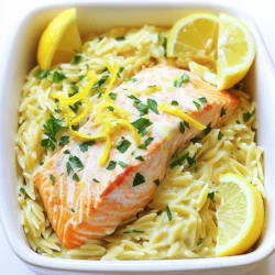 Creamy Lemon Garlic Orzo with Salmon Delight