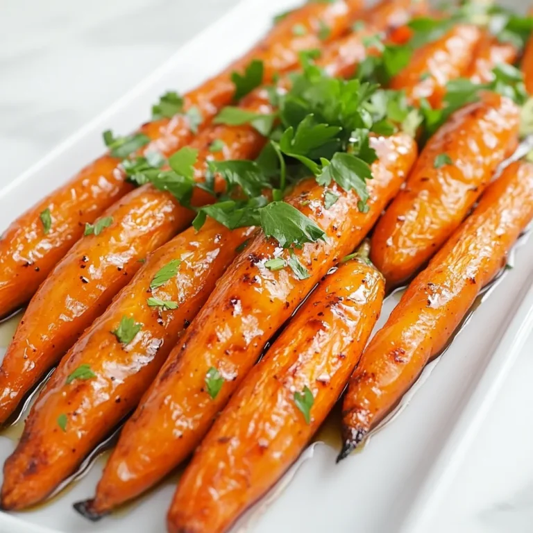 To make sweet and spicy maple-glazed roasted carrots, gather these simple items: - 1 pound baby carrots (or sliced regular carrots) - 2 tablespoons olive oil - 3 tablespoons pure maple syrup - 1 teaspoon ground cinnamon - 1/2 teaspoon smoked paprika - 1/4 teaspoon cayenne pepper (adjust to taste) - Salt and black pepper to taste - Fresh parsley, chopped (for garnish) You can switch up the flavors in this recipe. Here are some fun ideas: - Use honey instead of maple syrup for a different sweetness. - Try adding fresh herbs like thyme or rosemary for a fragrant twist. - For more heat, increase the cayenne pepper or add red pepper flakes. - Use different types of carrots, like rainbow or purple ones, for color. Choosing fresh carrots is key to great flavor. Here’s what to look for: - Color: Bright orange carrots mean sweet flavor. - Texture: Firm carrots are best. Avoid soft or wrinkled ones. - Skin: Look for smooth skin without blemishes. - Greens: If they have tops, they should look fresh and green. Follow these tips, and you'll be on your way to making the best roasted carrots! Start with one pound of baby carrots. If you cannot find baby carrots, slice regular carrots into sticks. Rinse the carrots under cold water to remove dirt. Pat them dry with a towel. Dry carrots help the glaze stick better. In a large bowl, mix two tablespoons of olive oil and three tablespoons of pure maple syrup. Add one teaspoon of ground cinnamon for warmth. Next, sprinkle in half a teaspoon of smoked paprika for a hint of smoke. If you like heat, add a quarter teaspoon of cayenne pepper. Season the mix with salt and black pepper to taste. Whisk until everything blends well. Your glaze should look glossy and inviting. Preheat your oven to 425°F (220°C). Spread the coated carrots on a baking sheet lined with parchment paper. Make sure they are in a single layer. This helps them roast evenly. Roast the carrots for 25 to 30 minutes. Stir them halfway through for even cooking. When done, they should be tender and caramelized. Let them cool for a few minutes. Garnish with chopped fresh parsley for a burst of color and flavor. Enjoy your sweet and spicy treat! To get that sweet glaze, use high heat. Preheat your oven to 425°F (220°C). This hot air helps the sugars in the maple syrup caramelize. The key is to spread the carrots out in a single layer on the baking sheet. If they are too close, they will steam instead of roast. Stir them halfway through cooking to ensure even browning. Want a kick? Add cayenne pepper! Start with 1/4 teaspoon and taste the glaze. You can always add more if you like it spicier. For less heat, skip the cayenne or reduce it to a pinch. The smoked paprika adds a nice depth, so don’t skip it. Remember, spices can bring out the natural sweetness of the carrots. Cut your carrots to the same size. This helps them cook evenly. If you're using regular carrots, slice them into similar-sized sticks. Toss them well in the maple glaze to coat every piece. Use parchment paper on the baking sheet for easy cleanup and to prevent sticking. Finally, keep an eye on them as they roast. You want them tender but not mushy! {{image_2}} To make honey-glazed carrots, swap maple syrup with honey. Use the same amount. The honey adds a sweet depth. Mix honey with olive oil and spices just like before. Toss the carrots in the glaze. Roast them until tender. These carrots have a lovely shine and sweet taste. For herb-roasted carrots, add fresh thyme and rosemary. Chop a teaspoon each of these herbs. Mix them with your olive oil and spices. Toss the carrots like usual. The herbs bring a fresh flavor. This variation makes your dish feel more gourmet. If you like heat, try spicy glazed carrots. Add a teaspoon of chili powder to your glaze. Adjust the amount based on your spice level. The chili powder gives a nice kick. These carrots are perfect for those who love bold flavors. Each of these variations offers a twist on the classic roasted carrot recipe. You can mix and match flavors to find your favorite! You can keep leftover roasted carrots in the fridge. Place them in an airtight container. They stay fresh for up to four days. Make sure they cool completely before you store them. This helps keep their texture. Yes, you can freeze roasted carrots! First, let them cool down. Spread them on a baking sheet in a single layer. Freeze them for about an hour. Then, transfer them to a freezer bag. They can last for up to three months. Remember to label the bag with the date. To reheat, simply take the carrots out of the fridge or freezer. If frozen, thaw them overnight in the fridge. Preheat your oven to 350°F (175°C). Spread the carrots on a baking sheet. Heat them for 10-15 minutes or until warm. You can also microwave them for a quick option. Just heat in short bursts, stirring in between. This keeps them moist and tasty. Yes, you can use regular carrots. Just slice them to match the size of baby carrots. This helps them cook evenly. Cut them into sticks or rounds for best results. The flavor remains the same, so don't worry. You may need to adjust the cooking time slightly based on the size. Roasted carrots pair well with many dishes. They complement roasted chicken or grilled fish nicely. You can also serve them with a grain dish, like quinoa or rice. A fresh salad works well too. For a cozy meal, add them to soups or stews. To make roasted carrots vegan, stick with the recipe. The key ingredients, like olive oil and maple syrup, are already plant-based. Just ensure your spices are free from animal products. These carrots taste great without any animal ingredients. Enjoy your tasty vegan treat! Roasting carrots is simple and fun. We covered the best ingredients and how to select fresh ones. I shared steps for prepping and glazing, along with roasting tips for perfect flavor. We explored tasty variations to keep things exciting. Finally, I provided storage advice to keep your carrots fresh. With this guide, you can create delicious roasted carrots for any meal. Enjoy your cooking journey and impress your loved ones!
