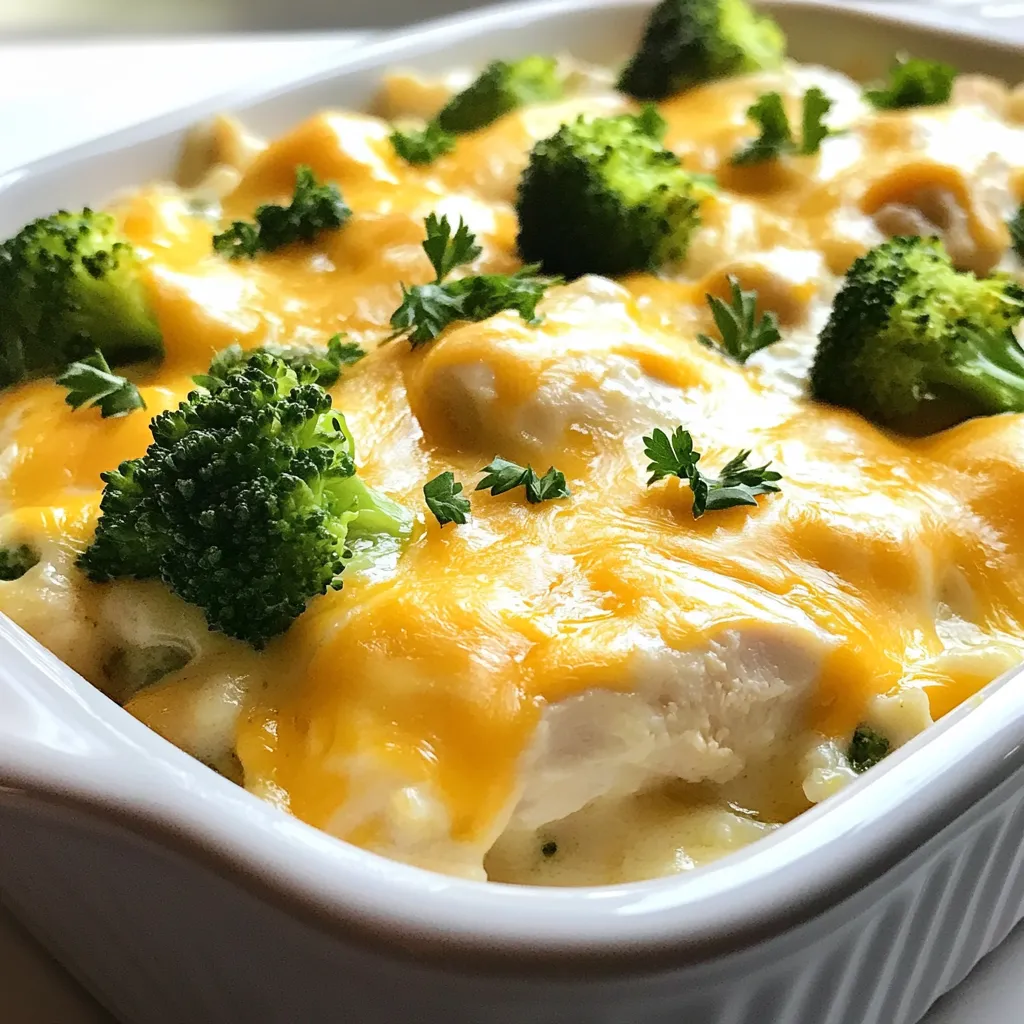 - 4 boneless, skinless chicken breasts - 8 ounces cream cheese, softened - 1 can (10.5 oz) cream of chicken soup - 1 cup chicken broth - 1 packet (1 oz) ranch dressing mix - 1 cup shredded cheddar cheese - 1 cup frozen broccoli florets - 1 cup cooked rice (white or brown) - 1 teaspoon garlic powder - 1 teaspoon onion powder - Salt and pepper to taste - Fresh parsley for garnish In this dish, the boneless, skinless chicken breasts serve as the main protein. They cook up tender and juicy, soaking up all the creamy flavors. The cream cheese adds richness, while the cream of chicken soup binds everything together. Chicken broth makes the mix smooth and tasty. The ranch dressing mix gives a bold flavor with herbs and spices. It’s a secret weapon in this recipe! Shredded cheddar cheese adds a melty, gooey top, making it extra comforting. Frozen broccoli florets add color and nutrition, making this dish more balanced. Cooked rice is a great base that fills you up. Garlic and onion powders add subtle depth. Salt and pepper bring out all the flavors. Finally, fresh parsley on top adds a pop of color and freshness. This mix of ingredients results in a warm, satisfying meal. {{ingredient_image_1}} 1. Preheat your oven to 350°F (175°C). This step warms your oven for even cooking. 2. Prepare a 9x13 inch baking dish by lightly greasing it with cooking spray. This helps prevent sticking. 3. In a large mixing bowl, combine these creamy base ingredients: - 8 ounces cream cheese, softened - 1 can (10.5 oz) cream of chicken soup - 1 cup chicken broth - 1 packet (1 oz) ranch dressing mix - 1 teaspoon garlic powder - 1 teaspoon onion powder - Salt and pepper to taste Mix until smooth and well combined. 4. Cut the chicken breasts into bite-sized pieces. Add them to the creamy mixture. Stir until the chicken is coated. 5. Add the cooked rice and 1 cup frozen broccoli florets to the bowl. Gently fold until distributed. 6. Pour the mixture into the prepared baking dish. Spread it evenly. Top with 1 cup shredded cheddar cheese. 1. Cover the baking dish with aluminum foil. Bake it in the preheated oven for 30 minutes. This keeps the moisture in. 2. After 30 minutes, remove the foil. Bake for an additional 15-20 minutes. This helps the top get golden and bubbly. 3. Once cooked, allow the casserole to cool for a few minutes. Garnish with fresh parsley before serving. Enjoy your meal! Mix the ingredients well. This helps blend all the flavors. Make sure the cream cheese is soft. It should mix in easily. Don’t rush this step. A smooth mix makes a big difference. Baking times may vary. Every oven works a bit differently. Start with the suggested time. Check for doneness by seeing if the chicken is cooked. If it needs more time, add a few minutes. Serve Angel Chicken Casserole with rice or a fresh salad. Both make great sides. Rice helps soak up the creamy sauce. A salad adds a nice crunch. For garnishes, fresh parsley adds color. It makes the dish look bright and inviting. You can also use green onions for a fresh taste. Enjoy your meal! Pro Tips Use Thicker Chicken Breasts: Thicker chicken breasts will cook more evenly and stay moist, enhancing the overall texture of the casserole. Experiment with Vegetables: Feel free to add or substitute with other vegetables like bell peppers or carrots for added flavor and nutrition. Make Ahead: Prepare the casserole a day in advance, cover it tightly, and refrigerate. Just bake it when you're ready to serve! Cheese Variations: Try using different types of cheese, such as mozzarella or pepper jack, for a unique twist on the flavor profile. {{image_2}} You can swap out the cream cheese for Greek yogurt. This will give a nice tang. If you need a cream substitute, try sour cream or ricotta cheese. For the cream of chicken soup, use homemade chicken broth mixed with a little flour. You can also use a gluten-free cream soup if you prefer. To add more veggies, toss in some bell peppers, carrots, or spinach. These add color and nutrients. If you want extra protein, try diced ham or cooked shrimp. Both will blend well into the casserole. To make this dish gluten-free, use a gluten-free ranch dressing mix. Check that your soup and broth are gluten-free, too. For dairy-free options, use plant-based cream cheese and cheese. Coconut milk can replace the chicken broth for a creamy texture. If you want to lower calories, cut back on the cheese or use less cream cheese. You can also reduce the rice. Adding more veggies will also help keep it filling without the extra calories. These small changes make a big difference while keeping the taste delicious. To keep your Angel Chicken Casserole fresh, follow these steps: - Refrigeration: Let the casserole cool to room temperature. Then, cover it tightly with plastic wrap or foil. You can also use an airtight container. It will last for up to 3-4 days in the fridge. - Freezing: If you want to store it longer, freeze the casserole. Cut it into portions for easy reheating. Wrap each piece tightly in plastic wrap, then place in a freezer bag. It can last up to 2-3 months in the freezer. When you are ready to enjoy your leftovers, reheating properly is key: - Methods: The best way to reheat is in the oven. Preheat the oven to 350°F (175°C). Place the casserole in a baking dish and cover it with foil to keep it moist. - Time and Temperature: Heat for about 25-30 minutes. Check that it is heated through and the middle is hot. You can also use a microwave, but it may dry out. Heat in 1-minute increments until warm, stirring occasionally. Can I use fresh chicken instead of frozen? Yes, you can use fresh chicken. Just cut it into pieces. This will help the chicken cook evenly. Fresh chicken may also cook faster. Keep an eye on it while baking. How do I know when the casserole is done? Check the chicken's internal temperature. It should reach 165°F (75°C). The casserole should be bubbly and golden brown on top. If you see this, it is ready to enjoy! Can I make this ahead of time? Yes! You can prepare the casserole a day before. Just mix all the ingredients and store it in the fridge. When ready to cook, bake it as usual. You may need to add a few extra minutes to the cooking time. What can I add to make it spicier? To spice it up, try adding diced jalapeños. You can also use spicy ranch dressing. Another option is to mix in some crushed red pepper flakes. Adjust according to your taste! This Angel Chicken Casserole recipe combines simple ingredients with easy steps. You can make a creamy dish with chicken and veggies that your family will love. I shared tips for perfecting the casserole, including how to store leftovers and reheat them. Remember to mix your ingredients well and adjust cooking times to your oven. This dish is flexible, allowing for substitutions to fit any diet. Enjoy the comforting flavors and have fun making it your own!