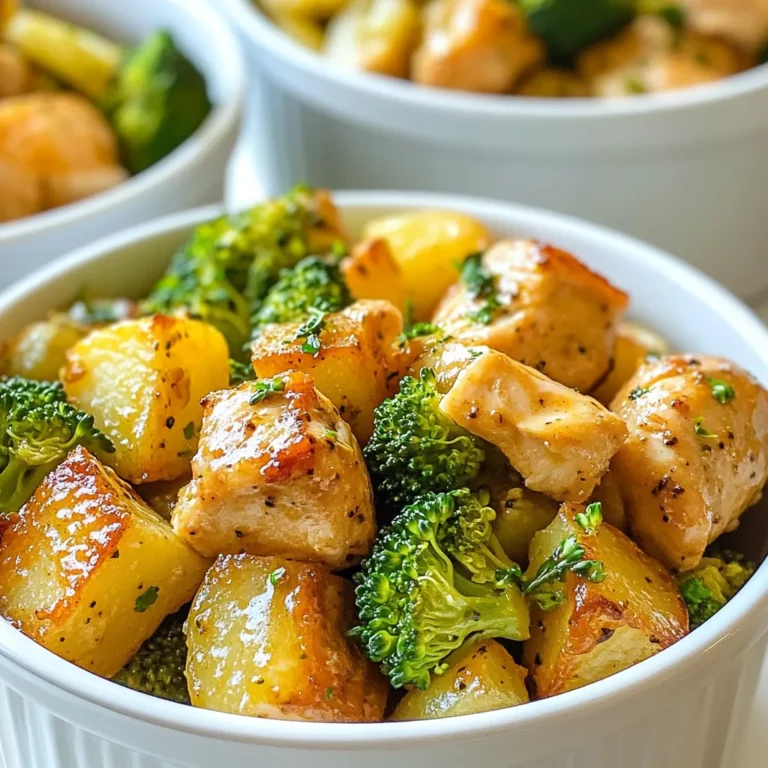 - 2 cups broccoli florets - 2 medium potatoes, diced - 1 lb boneless, skinless chicken breasts, cut into cubes - 3 tablespoons olive oil - 2 garlic cloves, minced - 1 teaspoon onion powder - 1 teaspoon smoked paprika - ½ teaspoon black pepper - Salt to taste - 1 tablespoon lemon juice - ½ teaspoon red pepper flakes (optional, for heat) - Fresh parsley, chopped - Red pepper flakes {{ingredient_image_1}} 1. Preheat your oven to 400°F (200°C). Get a baking sheet ready by lining it with parchment paper. This makes cleaning easy later. 2. In a large bowl, combine the diced potatoes, broccoli florets, and olive oil. Add salt, black pepper, onion powder, and smoked paprika. Toss until each piece of vegetable is coated with oil and spices. 3. Spread the potato and broccoli mixture evenly on one side of the prepared baking sheet. This ensures they cook evenly. 4. In the same bowl, add the cubed chicken, minced garlic, lemon juice, and optional red pepper flakes. Season with salt and toss until the chicken is coated well. Place the seasoned chicken on the other side of the baking sheet, away from the veggies. 5. Bake everything in the preheated oven for 25-30 minutes. The chicken should reach an internal temperature of 165°F (75°C). The potatoes will turn tender and golden brown. 6. Once done, remove the baking sheet from the oven. Let it cool slightly before moving to the next step. 7. Divide the chicken, broccoli, and potatoes into meal prep containers. Garnish each with freshly chopped parsley before sealing them for storage. To ensure your chicken is cooked perfectly, use a meat thermometer. The chicken should reach 165°F (75°C). This step keeps your meal safe and tasty. Check the thickest part of the chicken for accuracy. If you don’t have a thermometer, cut into a piece; it should be white, not pink. For crispy potatoes, cut them into small cubes. Smaller pieces cook faster and get crispy. Toss them in olive oil and spices before baking. Spread them out on the baking sheet without crowding. This allows hot air to circulate, which makes them crisp. Marinating your chicken beforehand makes a big difference. You can mix olive oil, lemon juice, and your favorite spices. Let it sit for at least 30 minutes. This adds more flavor and makes the chicken juicy. You can customize the spices to match your taste. If you like heat, add more red pepper flakes. For a milder flavor, cut back on the spices. Try herbs like thyme or rosemary for extra depth. Batch cooking saves time. Make a double or triple batch of this meal. You can cook it all at once and use it for several days. Store each meal in a separate container for easy grab-and-go options. Utilizing freezer space is key. If you have extra meals, freeze them for later. Use airtight containers or freezer bags. Label them with the date. Frozen meals can last for up to three months, keeping your meals fresh and easy. Pro Tips Prep Ingredients Ahead: Chop the vegetables and marinate the chicken the night before to save time on busy weeknights. Use a Meat Thermometer: To ensure the chicken is perfectly cooked, use a meat thermometer to check that it has reached an internal temperature of 165°F (75°C). Customize Your Veggies: Feel free to swap out broccoli for other vegetables like bell peppers or carrots, depending on your preference. Add Flavor with Herbs: Enhance the dish by adding fresh herbs like thyme or rosemary before baking for an extra layer of flavor. {{image_2}} For a fresh take, you can swap out the vegetables. Instead of broccoli, try: - Cauliflower florets - Green beans - Bell peppers These choices add color and taste. You can also change the protein. If you prefer something other than chicken, consider: - Turkey breast - Firm tofu - Shrimp These options keep your meal tasty and exciting. To make your meal spicy, add different peppers. You could use: - Jalapeños - Serrano peppers - Chipotle peppers These will bring heat and flavor. If you want a global twist, try adding: - Teriyaki sauce for a sweet touch - Lemon herb seasoning for brightness These flavors will take your dish to a new level. For gluten-free options, ensure you use gluten-free soy sauce if you add it. This keeps your meal safe for those with gluten allergies. If you want lower carbs, skip the potatoes. Instead, use: - Zucchini noodles - Riced cauliflower These swaps help cut the carbs while still providing a filling meal. To keep your chicken broccoli potato meal fresh, store it in the fridge. Use airtight containers for best results. This prevents moisture loss and keeps flavors intact. Allow the meal to cool before sealing the containers. This step helps avoid condensation and soggy food. If you want to freeze portions, use freezer-friendly bags or containers. Remove as much air as possible to prevent freezer burn. Label each bag with the date for easy tracking. For the best taste, keep the meal in the fridge for up to four days. The broccoli and chicken can stay fresh for this time if stored correctly. If you freeze the meal, it can last up to three months. Watch for signs of spoilage. If the chicken smells sour or the broccoli looks mushy, it’s time to toss it out. Trust your senses; they are great guides. When you’re ready to eat, reheat your meal in the microwave. Use a microwave-safe dish and cover it to keep moisture in. Heat in short bursts, stirring in between. This ensures even warming. For a crispy finish, try reheating in an oven. Preheat it to 350°F (175°C). Place the meal on a baking sheet for about 15 minutes. This way, your potatoes stay crispy and golden. Adding a splash of olive oil before reheating can enhance the flavor. Can I prep this meal in advance? Yes, you can prep this meal ahead of time. Just follow the recipe steps and store the food in airtight containers. This meal keeps well for several days. How long can I store it in the fridge? You can store this chicken, broccoli, and potato meal in the fridge for up to four days. Make sure to seal the containers tightly to keep it fresh. What is the best way to cook potatoes? The best way to cook potatoes is by roasting them. Cut them into even pieces, toss them with olive oil and spices, and bake until golden brown. This gives them a nice texture. How do I know the chicken is fully cooked? To check if the chicken is fully cooked, use a meat thermometer. The internal temperature should reach 165°F (75°C). If you don’t have a thermometer, ensure the chicken is no longer pink and the juices run clear. Caloric breakdown of one serving One serving of this meal is about 400 calories. This includes chicken, broccoli, and potatoes, making it a filling option. Protein content and health benefits Each serving provides around 30 grams of protein. Chicken is a great source of lean protein, which helps build muscles and keeps you full longer. Broccoli adds vitamins and minerals, making this meal both tasty and healthy. This blog post covered a complete guide to meal prepping a healthy dish. We explored key ingredients like chicken, broccoli, and potatoes. We discussed simple cooking steps and gave tips for perfecting your prep work. Variations offered fun ways to customize your meal. Lastly, we shared storage tips to keep your food fresh. Remember, meal prep saves time and supports good eating habits. Use these ideas to make cooking easier and more enjoyable. Embrace your creativity in the kitchen!