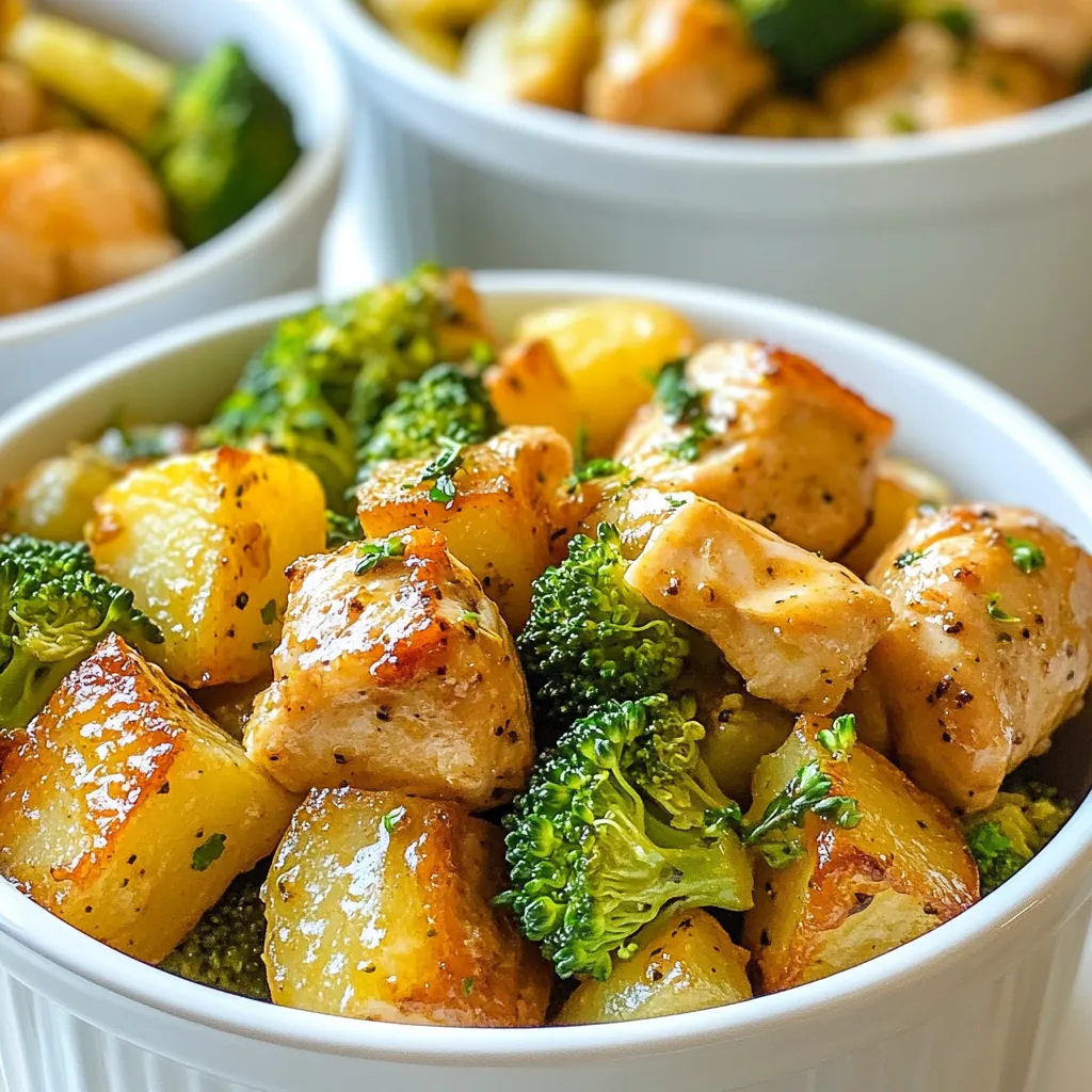 - 2 cups broccoli florets - 2 medium potatoes, diced - 1 lb boneless, skinless chicken breasts, cut into cubes - 3 tablespoons olive oil - 2 garlic cloves, minced - 1 teaspoon onion powder - 1 teaspoon smoked paprika - ½ teaspoon black pepper - Salt to taste - 1 tablespoon lemon juice - ½ teaspoon red pepper flakes (optional, for heat) - Fresh parsley, chopped - Red pepper flakes {{ingredient_image_1}} 1. Preheat your oven to 400°F (200°C). Get a baking sheet ready by lining it with parchment paper. This makes cleaning easy later. 2. In a large bowl, combine the diced potatoes, broccoli florets, and olive oil. Add salt, black pepper, onion powder, and smoked paprika. Toss until each piece of vegetable is coated with oil and spices. 3. Spread the potato and broccoli mixture evenly on one side of the prepared baking sheet. This ensures they cook evenly. 4. In the same bowl, add the cubed chicken, minced garlic, lemon juice, and optional red pepper flakes. Season with salt and toss until the chicken is coated well. Place the seasoned chicken on the other side of the baking sheet, away from the veggies. 5. Bake everything in the preheated oven for 25-30 minutes. The chicken should reach an internal temperature of 165°F (75°C). The potatoes will turn tender and golden brown. 6. Once done, remove the baking sheet from the oven. Let it cool slightly before moving to the next step. 7. Divide the chicken, broccoli, and potatoes into meal prep containers. Garnish each with freshly chopped parsley before sealing them for storage. To ensure your chicken is cooked perfectly, use a meat thermometer. The chicken should reach 165°F (75°C). This step keeps your meal safe and tasty. Check the thickest part of the chicken for accuracy. If you don’t have a thermometer, cut into a piece; it should be white, not pink. For crispy potatoes, cut them into small cubes. Smaller pieces cook faster and get crispy. Toss them in olive oil and spices before baking. Spread them out on the baking sheet without crowding. This allows hot air to circulate, which makes them crisp. Marinating your chicken beforehand makes a big difference. You can mix olive oil, lemon juice, and your favorite spices. Let it sit for at least 30 minutes. This adds more flavor and makes the chicken juicy. You can customize the spices to match your taste. If you like heat, add more red pepper flakes. For a milder flavor, cut back on the spices. Try herbs like thyme or rosemary for extra depth. Batch cooking saves time. Make a double or triple batch of this meal. You can cook it all at once and use it for several days. Store each meal in a separate container for easy grab-and-go options. Utilizing freezer space is key. If you have extra meals, freeze them for later. Use airtight containers or freezer bags. Label them with the date. Frozen meals can last for up to three months, keeping your meals fresh and easy. Pro Tips Prep Ingredients Ahead: Chop the vegetables and marinate the chicken the night before to save time on busy weeknights. Use a Meat Thermometer: To ensure the chicken is perfectly cooked, use a meat thermometer to check that it has reached an internal temperature of 165°F (75°C). Customize Your Veggies: Feel free to swap out broccoli for other vegetables like bell peppers or carrots, depending on your preference. Add Flavor with Herbs: Enhance the dish by adding fresh herbs like thyme or rosemary before baking for an extra layer of flavor. {{image_2}} For a fresh take, you can swap out the vegetables. Instead of broccoli, try: - Cauliflower florets - Green beans - Bell peppers These choices add color and taste. You can also change the protein. If you prefer something other than chicken, consider: - Turkey breast - Firm tofu - Shrimp These options keep your meal tasty and exciting. To make your meal spicy, add different peppers. You could use: - Jalapeños - Serrano peppers - Chipotle peppers These will bring heat and flavor. If you want a global twist, try adding: - Teriyaki sauce for a sweet touch - Lemon herb seasoning for brightness These flavors will take your dish to a new level. For gluten-free options, ensure you use gluten-free soy sauce if you add it. This keeps your meal safe for those with gluten allergies. If you want lower carbs, skip the potatoes. Instead, use: - Zucchini noodles - Riced cauliflower These swaps help cut the carbs while still providing a filling meal. To keep your chicken broccoli potato meal fresh, store it in the fridge. Use airtight containers for best results. This prevents moisture loss and keeps flavors intact. Allow the meal to cool before sealing the containers. This step helps avoid condensation and soggy food. If you want to freeze portions, use freezer-friendly bags or containers. Remove as much air as possible to prevent freezer burn. Label each bag with the date for easy tracking. For the best taste, keep the meal in the fridge for up to four days. The broccoli and chicken can stay fresh for this time if stored correctly. If you freeze the meal, it can last up to three months. Watch for signs of spoilage. If the chicken smells sour or the broccoli looks mushy, it’s time to toss it out. Trust your senses; they are great guides. When you’re ready to eat, reheat your meal in the microwave. Use a microwave-safe dish and cover it to keep moisture in. Heat in short bursts, stirring in between. This ensures even warming. For a crispy finish, try reheating in an oven. Preheat it to 350°F (175°C). Place the meal on a baking sheet for about 15 minutes. This way, your potatoes stay crispy and golden. Adding a splash of olive oil before reheating can enhance the flavor. Can I prep this meal in advance? Yes, you can prep this meal ahead of time. Just follow the recipe steps and store the food in airtight containers. This meal keeps well for several days. How long can I store it in the fridge? You can store this chicken, broccoli, and potato meal in the fridge for up to four days. Make sure to seal the containers tightly to keep it fresh. What is the best way to cook potatoes? The best way to cook potatoes is by roasting them. Cut them into even pieces, toss them with olive oil and spices, and bake until golden brown. This gives them a nice texture. How do I know the chicken is fully cooked? To check if the chicken is fully cooked, use a meat thermometer. The internal temperature should reach 165°F (75°C). If you don’t have a thermometer, ensure the chicken is no longer pink and the juices run clear. Caloric breakdown of one serving One serving of this meal is about 400 calories. This includes chicken, broccoli, and potatoes, making it a filling option. Protein content and health benefits Each serving provides around 30 grams of protein. Chicken is a great source of lean protein, which helps build muscles and keeps you full longer. Broccoli adds vitamins and minerals, making this meal both tasty and healthy. This blog post covered a complete guide to meal prepping a healthy dish. We explored key ingredients like chicken, broccoli, and potatoes. We discussed simple cooking steps and gave tips for perfecting your prep work. Variations offered fun ways to customize your meal. Lastly, we shared storage tips to keep your food fresh. Remember, meal prep saves time and supports good eating habits. Use these ideas to make cooking easier and more enjoyable. Embrace your creativity in the kitchen!