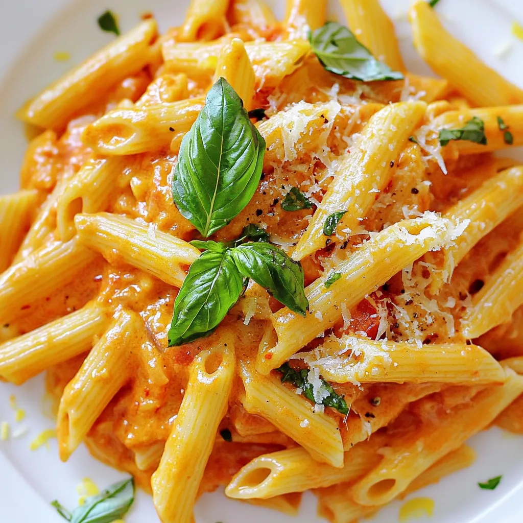 - 12 oz penne pasta - 1 tablespoon olive oil - 3 cloves garlic, minced - 1 teaspoon red pepper flakes (adjust to taste) - 1 can (14 oz) crushed tomatoes - 1 cup heavy cream - ½ cup grated Parmesan cheese - 1 lemon, zested and juiced - Salt and pepper to taste - Fresh basil, for garnish Gathering these ingredients is key to making Spicy Gigi Hadid Vodka Pasta. Start with the penne pasta. It cooks well and holds sauce nicely. The olive oil adds flavor and helps cook the garlic. Minced garlic gives a great aroma when it heats. Red pepper flakes add the spice, so use as much as you like. Next, the crushed tomatoes bring a rich taste. Heavy cream makes the sauce creamy. Parmesan cheese adds a salty kick. Lemon gives brightness and balances the flavors. Lastly, salt and pepper round out the dish. Fresh basil will make it look and taste great. These ingredients come together to create a creamy and flavorful dish. You can adjust them to fit your taste. Want it spicier? Add more red pepper flakes. Prefer it richer? Toss in extra cream. Cooking is all about personal touch! {{ingredient_image_1}} Start by boiling water in a large pot. Add a good amount of salt. This adds flavor to the pasta. Once the water is boiling, add 12 ounces of penne pasta. Cook it as directed on the package. You want it to be al dente. This means it should be firm yet tender. This usually takes about 8 to 10 minutes. When done, drain the pasta but save one cup of that starchy pasta water. Next, heat a large skillet over medium heat. Pour in 1 tablespoon of olive oil. Once hot, add 3 cloves of minced garlic and 1 teaspoon of red pepper flakes. Cook this for about 1 minute. Make sure the garlic does not brown. If it browns, it will taste bitter. You want the garlic to become fragrant and soft. Now it's time to make the sauce. Stir in one can of crushed tomatoes into the skillet. Let it simmer for 5 to 7 minutes. This helps the flavors blend together. After that, reduce the heat to low. Add in 1 cup of heavy cream and mix well. Allow the sauce to cook for another 5 minutes. This will make it creamy. Next, add the drained penne pasta to the sauce. Toss it well to coat the pasta. If the sauce is too thick, use that reserved pasta water. Add it a little at a time until you reach the right consistency. Finally, stir in ½ cup of grated Parmesan cheese, the zest of 1 lemon, and the juice from that lemon. Taste and season with salt and pepper. Mix until everything is combined and creamy. To get the right heat, start with one teaspoon of red pepper flakes. If you want more spice, add more flakes to your taste. You can always add more, but you can't take it out once it's in. Pairing the heat with lemon juice helps balance the flavors. The citrus cuts through the creaminess and enhances the spice. If you want a lighter version, try using half-and-half instead of heavy cream. You can also use coconut cream for a dairy-free option. For the best cheese, stick with Parmesan. Grated Pecorino Romano can add a nice twist. It has a stronger flavor than Parmesan, making it a good choice as well. This dish pairs nicely with a crisp white wine like Pinot Grigio. For sides, a simple salad or garlic bread works well. When serving, think about presentation. Use a large bowl, and top with fresh basil and extra Parmesan. This makes it look fancy and inviting. Pro Tips Adjust the Heat: If you prefer a milder dish, reduce the amount of red pepper flakes or omit them entirely. You can always add more heat later! Fresh Ingredients: Use fresh garlic and high-quality tomatoes for the best flavor. Fresh basil adds a vibrant touch at the end. Perfect Pasta: Be careful not to overcook the pasta. It should be al dente so it can hold up against the creamy sauce. Leftover Sauce: This sauce stores well in the fridge for up to 3 days. Reheat gently and add a splash of cream or pasta water to revive the texture. {{image_2}} You can make Spicy Gigi Hadid Vodka Pasta even more exciting with protein. Here are some options: - Chicken: Grilled or sautéed chicken adds great taste. - Shrimp: Sauté shrimp until pink and add for a seafood twist. - Sausage: Use Italian sausage for a hearty bite. If you prefer vegetarian options, add chickpeas or lentils. These will boost protein while keeping the dish plant-based. Need to make this dish fit your diet? Here are some easy tweaks: - Gluten-free pasta: Use gluten-free penne for a safe alternative. - Vegan substitutions: Replace heavy cream with coconut milk or cashew cream. These swaps keep the creamy texture while meeting your dietary needs. Want to add extra flavor? Consider these ideas: - Vegetables: Stir in spinach or mushrooms for added nutrition and taste. - Herbs: Try fresh thyme or oregano instead of basil. They bring a unique flavor. Feel free to mix and match these variations to create your perfect dish! To keep your spicy Gigi Hadid vodka pasta fresh, store it in the fridge. Use an airtight container to prevent it from drying out. Let the pasta cool before sealing it. This helps maintain its creamy texture. For best results, eat the leftovers within three days. When you reheat the pasta, avoid using high heat. This helps keep the sauce creamy. You can use a pan or microwave. If using the microwave, add a splash of water or cream. This will prevent the pasta from drying out. Stir well to mix in the moisture. Enjoy your delicious leftovers! This pasta gets its kick from red pepper flakes. They add heat without overwhelming the dish. You can adjust the amount to fit your taste. Start with one teaspoon, then add more if you like it spicier. The garlic also adds flavor and a bit of warmth. Together, these ingredients create a nice balance that makes each bite exciting. Yes, you can make this pasta ahead of time. To prep, cook the pasta and sauce separately. Store them in airtight containers in the fridge. This way, the pasta stays firm, and the sauce keeps its creaminess. When you are ready to eat, just reheat the sauce and add the pasta. If the sauce is thick, add a splash of reserved pasta water to loosen it up. For this dish, use a good quality vodka. Brands like Tito's or Absolut work well. You don't need top-shelf vodka, but avoid cheap options. The vodka helps balance the flavors and adds depth to the sauce. Remember, you cook off most of the alcohol, so the taste will not be strong. Just a splash enhances the dish nicely. This guide covered how to make a delicious spicy pasta dish. You learned about key ingredients, cooking steps, and tips to enhance flavor and creaminess. Variations allow you to tweak the dish for different diets or preferences. Remember, storing and reheating leftovers properly keeps your pasta tasty. Enjoy your cooking journey, and feel free to experiment with flavors and textures!