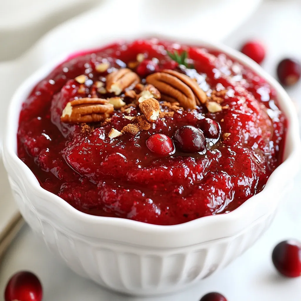 - 1 cup fresh or frozen cranberries - 1/2 cup unsalted butter, softened - 1/4 cup pure maple syrup - 1/4 teaspoon ground cinnamon - 1/4 teaspoon salt - 1 tablespoon lemon juice - 1/4 cup chopped pecans (optional) You need fresh or frozen cranberries for this recipe. Fresh ones burst with flavor, but frozen works just as well. Use unsalted butter to control the salt level. Pure maple syrup adds sweetness and a rich taste. Ground cinnamon gives warmth, while salt enhances all the flavors. Lemon juice adds a nice tang. You can include chopped pecans for extra crunch, but they are optional. If you want to swap ingredients, here are some ideas: - Use brown sugar instead of maple syrup for a different sweetness. - Coconut oil can replace butter for a dairy-free option. - Try a splash of orange juice instead of lemon for a fresh twist. - Any nut can work instead of pecans, like walnuts or almonds. {{ingredient_image_1}} - Washing cranberries: Start by rinsing your cranberries under cold water. This step removes dirt and ensures your butter tastes fresh. If you use fresh cranberries, check for any stems and remove them. - Softening butter correctly: To soften butter, leave it out at room temperature for about 30 minutes. If you're in a hurry, cut it into small pieces. This helps it soften faster. Never microwave butter, as it can melt and ruin your spread. - Combining ingredients in a saucepan: In a small saucepan, mix the cranberries with lemon juice and a splash of water. This mixture helps the cranberries burst and soften during cooking. - Cooking time and stirring technique: Cook this mixture over medium heat for about 5-7 minutes. Stir occasionally until the cranberries burst. This step creates a rich, flavorful base for your butter. - Using a blender vs. food processor: After cooking, transfer the mixture to a blender or food processor. A blender makes your butter very smooth. A food processor gives you the option to leave some chunks for texture. - Importance of chilling for flavor: Spoon the mixture into a bowl or jar. Cover it and refrigerate for at least 1 hour. Chilling allows the flavors to blend well and helps the butter firm up. Enjoy this delicious spread on your favorite foods! To make the best maple cranberry butter, focus on texture. First, blend your cooked cranberries well with the butter. This step ensures a smooth and creamy spread. If you like some crunch, leave a few small chunks of cranberry. This adds fun and interest to each bite. Want to boost the flavor? Try adding spices like nutmeg or ginger. They give a warm kick to the butter. You can also use flavored syrups. Consider vanilla or even orange syrup for a twist. These small changes can make a big difference. Maple cranberry butter shines on many dishes. Spread it on warm toast or muffins for a tasty breakfast. It also pairs well with pancakes or waffles. You can even use it as a topping for oatmeal. Get creative! Consider using it in dessert recipes, like filling for pastries or topping for cheesecake. The options are endless! Pro Tips Use Fresh Cranberries: For the best flavor and texture, opt for fresh cranberries when in season. They provide a vibrant taste that enhances the butter. Adjust Sweetness: Depending on your preference, you can modify the amount of maple syrup. Start with less and add more to taste after blending. Experiment with Spices: Add a pinch of nutmeg or allspice along with cinnamon for a warm, spiced flavor that complements the cranberries beautifully. Presentation Matters: For a lovely presentation, serve the butter in a mason jar or decorative bowl, and garnish with a few whole cranberries or pecans on top. {{image_2}} You can have fun with your maple cranberry butter by using different nuts or seeds. Try walnuts or almonds for a new taste. You can also leave out the nuts if you prefer a smooth spread. Infusing your butter with other fruit flavors makes it even more exciting. Consider adding chopped apples or pears, which pair well with cranberries. You can even mix in some orange zest for a bright pop of flavor. For a vegan option, swap the butter with coconut oil or a vegan butter spread. This way, you still enjoy a rich texture without dairy. If you want a low-sugar version, reduce the maple syrup. You can also use a sugar substitute like stevia or monk fruit. This keeps it sweet while cutting down on calories. During the holidays, add warm spices like nutmeg or ginger for a festive twist. These spices make the butter cozy and perfect for your winter meals. Incorporating seasonal fruits can also add a unique touch. In fall, try adding roasted pumpkin or squash for a rich flavor. In summer, mix in fresh berries for a bright flavor that shines. You can store maple cranberry butter in two main ways: in the fridge or the freezer. If you keep it in the fridge, place it in an airtight container. This keeps it fresh and tasty. The butter will be easy to spread right away. For longer storage, use the freezer. In the refrigerator, maple cranberry butter lasts about one to two weeks. You can tell it’s gone bad if it smells sour or has mold. Always check before using! If you have leftover maple cranberry butter, do not throw it away! Spread it on pancakes or waffles. You can also use it on toast or in sandwiches. Try mixing it into oatmeal for a sweet twist. This butter adds flavor to many dishes! Maple cranberry butter is a sweet and tangy spread made from cranberries, butter, and maple syrup. You can use it on toast, muffins, pancakes, or oatmeal. This spread adds a festive touch to your breakfast or snack. Yes, you can make maple cranberry butter ahead of time. To prep in advance, follow these steps: - Make the butter and chill it in the fridge for at least an hour. - Store it in a sealed jar or container. - It stays fresh for up to two weeks in the fridge. You can find maple cranberry butter at many grocery stores. Look for it in the spreads or specialty foods section. Some popular brands include Stonewall Kitchen and Trader Joe’s. You can also find it online from various retailers. In this post, we explored the tasty world of maple cranberry butter. We covered essential ingredients, easy steps to make it, and tips for the best flavors. You learned about variations and ways to store your butter for later use. This simple recipe offers room for creativity. Enjoy experimenting with different flavors and uses. Your kitchen will welcome this spread, whether for breakfast or a holiday feast. Try it out, and let your taste buds enjoy!