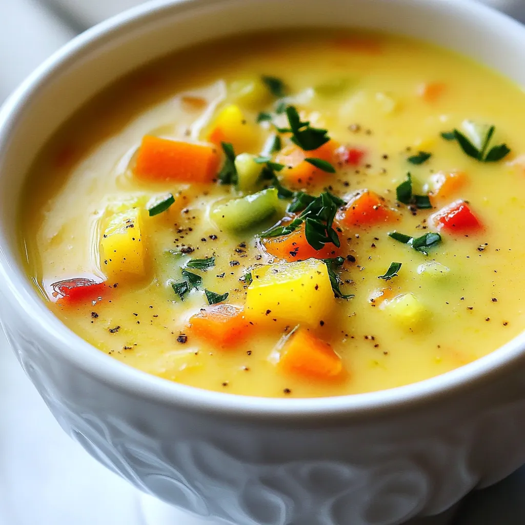 - 2 tablespoons olive oil - 1 medium onion, diced - 3 cloves garlic, minced - 2 medium carrots, sliced - 1 celery stalk, chopped - 1 medium potato, diced - 1 zucchini, diced - 1 red bell pepper, chopped - 1 cup green beans, trimmed and cut into thirds - 4 cups vegetable broth - 1 cup coconut milk - 1 tablespoon dried thyme - 1 teaspoon smoked paprika - Salt and pepper to taste - Fresh parsley, chopped (for garnish) Each ingredient plays a key role in taste and texture. Use fresh veggies for the best flavor. The olive oil adds richness. Diced onion and minced garlic build a solid flavor base. The carrots, celery, and potato bring sweetness and heartiness. Zucchini and red bell pepper add color and freshness. Green beans add a nice crunch. The vegetable broth is the soup's foundation. Coconut milk makes it creamy. Dried thyme and smoked paprika bring depth. Adjust salt and pepper per your taste. If you have dietary needs, here are some swaps: - Use avocado oil instead of olive oil for a different fat. - For a lower-carb option, replace potatoes with cauliflower. - If you want a different milk, almond or cashew milk works too. - Omit green beans if you are sensitive to legumes. - For a gluten-free option, ensure your vegetable broth is gluten-free. - Fresh herbs can replace dried ones, but use more. These swaps keep the soup tasty while meeting your needs. Feel free to mix and match based on what you have! {{ingredient_image_1}} First, gather all your ingredients. This will make cooking easier. You need: - 2 tablespoons olive oil - 1 medium onion, diced - 3 cloves garlic, minced - 2 medium carrots, sliced - 1 celery stalk, chopped - 1 medium potato, diced - 1 zucchini, diced - 1 red bell pepper, chopped - 1 cup green beans, trimmed and cut into thirds - 4 cups vegetable broth - 1 cup coconut milk - 1 tablespoon dried thyme - 1 teaspoon smoked paprika - Salt and pepper to taste - Fresh parsley, chopped (for garnish) Prep time is about 15 minutes. This includes chopping the veggies and measuring out your ingredients. Start by heating 2 tablespoons of olive oil in a large pot over medium heat. Once hot, add the diced onion. Sauté for about 3 to 4 minutes. You want the onion to become soft and translucent. Next, stir in the minced garlic. Cook for another minute until the garlic smells nice. Now it’s time for the heart of the soup. Add your sliced carrots, chopped celery, and diced potato. Cook these for about 5 minutes, stirring every now and then. This builds a solid flavor base. Then, add the diced zucchini, chopped red bell pepper, and green beans. Cook for another 3 to 4 minutes. Now, pour in the vegetable broth and coconut milk. Stir everything well. Season with thyme, smoked paprika, salt, and pepper. Bring it to a gentle boil, then reduce the heat to low. Cover it and let it simmer for about 20 minutes. This cooks the vegetables until they are tender. An immersion blender is great for making this soup creamy. After simmering, blend the soup directly in the pot. Blend until it’s slightly smooth but still has some chunks for texture. If you don’t have an immersion blender, carefully pour half the soup into a regular blender. Blend it until smooth, then return it to the pot. Always taste the soup before serving. Adjust the seasoning if needed. When you serve the soup, add a sprinkle of fresh parsley on top for a pop of color and flavor. Enjoy your one-pot creamy vegetable soup! When making one-pot creamy vegetable soup, avoid overcooking the veggies. This can make them mushy. Keep an eye on the cooking times for each vegetable. Another mistake is not seasoning enough. Taste as you go! Adjust salt and pepper to bring out flavors. Lastly, don't skip blending the soup. It adds a nice creamy texture while keeping some chunks. To boost flavor, try adding fresh herbs like basil or dill. These add freshness to the soup. You can also squeeze in some lemon juice for brightness. For texture, consider adding cooked quinoa or rice. These grains make the soup heartier and more filling. You can also sprinkle some toasted nuts on top for a crunchy bite. For a creamier soup, use more coconut milk or add a splash of heavy cream. Blending half the soup helps create a rich texture. If you want to keep it lighter, use cashew cream instead. It’s easy to make. Just blend soaked cashews with water until smooth. This adds creaminess without extra fat. Pro Tips Fresh Ingredients: Use the freshest vegetables available for the best flavor and nutrition. Seasonal produce will enhance the soup's taste. Texture Matters: Blend the soup only partially to maintain some chunks of vegetables, which adds a nice texture and makes it more satisfying. Customize Your Seasoning: Feel free to experiment with different herbs and spices. Adding a pinch of cayenne or fresh basil can elevate the flavor profile. Storage Tips: This soup can be stored in the fridge for up to 5 days or frozen for up to 3 months. Just reheat gently on the stove before serving. {{image_2}} You can change up the veggies in your creamy vegetable soup. Try adding: - Broccoli florets - Cauliflower - Spinach - Sweet potatoes - Peas These vegetables will add different flavors and colors. You can mix and match based on what you like. This makes your soup more fun and tasty! This soup can be both vegan and non-vegan. To keep it vegan, use the ingredients as is. The coconut milk gives it creaminess without dairy. If you prefer non-vegan, switch the coconut milk for heavy cream. Either way, the soup will taste great! You can control the spice level in your soup easily. If you want it mild, keep it simple. For some heat, add red pepper flakes or diced jalapeños. Start with a little, then taste and add more if needed. This way, you can make it just right for you! Store your creamy vegetable soup in an airtight container. This helps keep the soup fresh. Make sure it cools down before sealing. I recommend using glass containers. They are great for reheating and do not stain. Label your container with the date. This way, you know when you made it. You can freeze this soup for up to three months. To do this, let the soup cool completely. Then, pour it into freezer-safe bags or containers. Remove as much air as possible before sealing. For easy use, consider portioning it out. This way, you can thaw only what you need. To reheat, you have a few options. Use a pot on the stove for even heating. Stir occasionally to prevent sticking. You can also use a microwave. Just heat in short bursts, stirring in between. If the soup is too thick, add a splash of broth or water to thin it out. Always taste and adjust seasoning after reheating. Enjoy your warm bowl of soup! You can make this soup healthier by adding more vegetables. Try adding leafy greens like spinach or kale. You can also swap coconut milk for a lighter option, such as low-fat milk or almond milk. Another tip is to cut back on olive oil. Use just one tablespoon instead of two. This helps reduce the fat content while keeping the flavor. Lastly, you can use low-sodium vegetable broth to control the sodium levels. This way, you keep the soup tasty and nutritious. Yes, you can use frozen vegetables in this soup. They are easy and save time. Just remember to thaw them before adding them to the pot. Frozen vegetables often cook faster than fresh ones. Check the package for cooking times. This way, you can avoid overcooking them. Using frozen veggies can also help you keep the soup fresh and make it a quick meal. The soup lasts about 3 to 5 days in the fridge. Store it in an airtight container to keep it fresh. Let the soup cool down before putting it away. If you see any signs of spoilage, like an off smell or mold, throw it out. You can also freeze the soup for up to three months. Just make sure to leave some space in the container, as liquids expand when frozen. This makes it easy to enjoy later. This blog post covered all you need to know about making a great soup. We explored key ingredients, including substitutes for different diets. I shared step-by-step instructions to ensure your soup is full of flavor. You learned tips for avoiding common mistakes and tricks for enhancing creaminess. Variations help make it unique to your taste. Lastly, proper storage info will keep your soup fresh. Soup-making can be fun, and with these details, you can enjoy wonderful results every time. Keep cooking and experimenting!