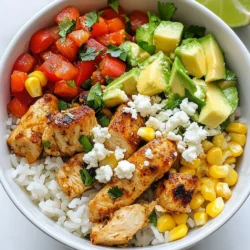 - 1 cup jasmine rice - 1 pound chicken breast, diced - 1 cup corn kernels (fresh or frozen) - 1 red bell pepper, diced - 1 small red onion, finely chopped - 1 avocado, diced - 1/2 cup cotija cheese, crumbled - 1/4 cup fresh cilantro, chopped - 1 lime, juiced - 2 tablespoons olive oil - 1 teaspoon chili powder - 1 teaspoon cumin - Salt and pepper, to taste - Lime wedges for garnish For this street corn chicken rice bowl, I use simple and fresh ingredients. Each one adds flavor and texture. First, jasmine rice serves as a fluffy base. It cooks up nice and fragrant. I rinse it to remove excess starch. This helps keep it light and airy. Next, I choose chicken breast for protein. Diced, it's easy to cook and soak up spices. I season it with chili powder and cumin for a smoky taste. Corn kernels bring sweetness. I love using fresh corn when it's in season. If not, frozen works well too. The red bell pepper and red onion add crunch and color. They are vibrant and tasty when sautéed. For creaminess, diced avocado is perfect. It balances the dish. Crumbled cotija cheese adds a salty kick. Fresh cilantro brings a burst of flavor, and lime juice brightens everything up. I also use olive oil for cooking. It adds healthy fats and richness. Salt and pepper are key for seasoning, adjusting to your taste. Finally, lime wedges are a must for garnish. They add an extra zing when served. With these ingredients, you can create a delicious and colorful meal. Each bite is a blend of flavors that excite the palate. Enjoy your cooking! {{ingredient_image_1}} First, rinse the jasmine rice. Place it in a fine mesh sieve. Run cold water over it until the water runs clear. This step removes extra starch. It helps the rice stay fluffy. Next, in a medium pot, combine the rinsed rice with 2 cups of water. Add a pinch of salt for flavor. Bring the pot to a boil. Cover the pot, reduce the heat to low, and let it simmer for 15 minutes. The water will absorb, and the rice will cook. After 15 minutes, remove the pot from heat. Let it sit, covered, for 5 minutes. Fluff the rice with a fork, then set it aside. Now, let's prepare the chicken. Heat 1 tablespoon of olive oil in a large skillet over medium-high heat. While the oil heats, season the diced chicken with chili powder, cumin, salt, and pepper. Mix it well to coat. Add the chicken to the hot skillet. Cook it for about 5 to 7 minutes. You want it golden brown and cooked through. Use a meat thermometer to ensure it reaches 165°F for safety. Once done, remove the chicken from the skillet and set it aside. In the same skillet, add the remaining tablespoon of olive oil. Sauté the finely chopped red onion and diced red bell pepper. Cook them for about 3 to 4 minutes until soft. Stir often to prevent burning. Then, add the corn kernels. They can be fresh or frozen. Cook for an additional 2 to 3 minutes until heated through. This mix will bring a sweet crunch to the bowl. Return the cooked chicken to the skillet. Pour in the lime juice over everything. Toss the chicken, veggies, and lime juice together until well mixed. Taste the mixture and adjust the seasoning with salt and pepper if needed. For the final step, grab serving bowls. Layer the fluffy jasmine rice at the bottom. Top it with the chicken and vegetable mixture. This will be your hearty base. Now, garnish with diced avocado, crumbled cotija cheese, and fresh cilantro. Each topping adds texture and flavor, making your bowl look inviting. Serve the bowl right away. For extra zing, add lime wedges on the side. They will brighten the dish and enhance the flavors. You can pair this meal with a light salad or tortilla chips for crunch. - How to fluff rice perfectly To fluff rice well, let it sit after cooking. Use a fork to gently separate the grains. This makes the rice light and airy. - Choosing the right beans or peas (if desired) Black beans or chickpeas are great options. They add protein and fiber. Choose canned beans for ease. Rinse them to reduce sodium. - Alternatives for chicken You can use tofu or chickpeas instead of chicken. Both options provide protein and work well with the spices. - Dairy-free substitutions for cotija cheese Try using vegan cheese or cashew cream as a substitute. These options will still add creaminess to your dish. - Accompanying sides Serve with a fresh salad or tortilla chips. This adds crunch and freshness to the meal. You can also add a side of black beans. - Best drinks to pair with the meal A light beer or a refreshing iced tea pairs well. You might also enjoy sparkling water with lime for a zesty touch. Pro Tips Use Fresh Corn: If possible, use fresh corn on the cob for a sweeter and more vibrant flavor. Simply grill or boil it before cutting the kernels off. Marinate the Chicken: For extra flavor, marinate the diced chicken in lime juice, chili powder, and cumin for 30 minutes before cooking. Add Heat: If you enjoy spicy dishes, consider adding diced jalapeños or a dash of hot sauce to the chicken mixture for an extra kick. Customize Your Bowl: Feel free to customize your rice bowl with additional toppings like pickled red onions, sliced radishes, or a dollop of sour cream for a creamy touch. {{image_2}} You can make this dish without chicken. Tofu or chickpeas work well. For tofu, press it first. Then, cube it and cook until golden. For chickpeas, simply drain and rinse. Add them to your skillet after the veggies. Adjust spices too. Use smoked paprika or even turmeric for a different kick. If you like heat, add jalapeños or hot sauce. You can slice fresh jalapeños and toss them in. Or, drizzle hot sauce over the bowl before serving. Spicy seasoning blends can also amp up the flavor. Look for blends that include cayenne or chipotle. Feel free to swap cheese types. Feta or queso fresco can give a nice touch. You can also change the veggies. Zucchini works great, or add corn salsa for extra flavor. These swaps keep the meal fresh and fun. To keep your street corn chicken rice bowl fresh, use airtight containers. Divide the meal into portions. Place rice, chicken, and veggies in separate containers. This helps preserve taste and texture. Store in the fridge for up to three days. If you need more time, consider freezing. Use freezer-safe containers for longer storage. When reheating, the best method is to use the stove. Heat a skillet over low heat. Add a splash of water to keep it moist. Stir frequently to avoid burning. You can also use a microwave. Cover the bowl with a damp paper towel. Heat in short bursts to keep it warm and tasty. This method helps maintain the bowl’s flavor and texture. For easy meals, consider prepping ahead. Cook a larger batch of rice and chicken at once. Store them in separate containers. You can mix and match for lunch or dinner. Add fresh veggies each day to keep it exciting. Portion the ingredients into single servings. This makes it simple to grab and go. Cooking jasmine rice takes about 20 minutes. First, rinse it well under cold water. Next, boil 1 cup of rice with 2 cups of water and a pinch of salt. Once it boils, cover, lower the heat, and simmer for 15 minutes. Let it sit for 5 minutes, then fluff it with a fork. For perfect rice, use a 1:2 rice-to-water ratio and avoid stirring while it cooks. Yes, you can prep this dish in advance. Cook the chicken and rice ahead of time. Store them in separate containers in the fridge. This keeps the flavors fresh and allows for quick meals. Make sure to cool them down before storing. Use airtight containers to keep them fresh longer. Great toppings include diced avocado, crumbled cotija cheese, and fresh cilantro. You can also add sliced jalapeños for heat or a dollop of sour cream for creaminess. Experiment with lime zest or chili flakes to enhance flavors. A sprinkle of toasted pumpkin seeds adds crunch and nutrition. You can freeze this recipe easily. Store the chicken, rice, and vegetables in separate bags. Make sure to cool them completely first. When ready to eat, thaw them in the fridge overnight. Reheat in the microwave or on the stove. Add fresh toppings after reheating to keep them vibrant. This blog post covered how to make a delicious street corn chicken rice bowl. You learned about the main ingredients, from jasmine rice to fresh cilantro. I shared step-by-step instructions to cook rice, chicken, and veggies. Tips for storage and meal prep help you save time later. Variations, like vegetarian options, add fun twists. Enjoy making this dish and customize it as you like. With fresh ingredients and simple steps, meals can be fun and tasty!