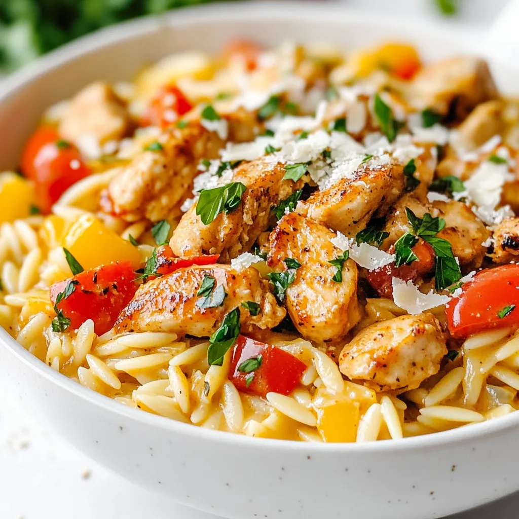 - 1 pound boneless, skinless chicken breasts, cut into bite-sized pieces - 1 cup orzo pasta - 1 medium onion, chopped - 1 red bell pepper, diced - 2 cloves garlic, minced In this dish, chicken plays the star role. It gives protein and pairs well with other flavors. Orzo pasta adds a fun twist with its small, rice-like shape. The onion and bell pepper bring sweetness and color. Garlic adds a tasty punch. - 1 tablespoon Cajun seasoning - 1 cup heavy cream - 2 cups chicken broth - Salt and pepper to taste Cajun seasoning gives this dish its bold flavor. It has spices that warm your taste buds. Heavy cream makes the dish rich and smooth. Chicken broth adds depth and a savory taste. Don’t forget to adjust salt and pepper for your liking. - Fresh parsley, chopped (for garnish) - Grated Parmesan cheese (optional, for serving) Fresh parsley brightens the meal and adds color. It also gives a hint of earthiness. Grated Parmesan cheese is optional but adds a nutty flavor. Together, these garnishes make your dish look great and taste even better. {{ingredient_image_1}} - Sautéing the Vegetables Start by heating olive oil in a large pot over medium heat. Add the chopped onion and red bell pepper. Sauté them for about 3-4 minutes. You want them to soften and smell great. Next, add minced garlic and cook for about 30 seconds. This step adds a nice flavor base for your dish. - Adding Chicken and Seasoning Once the veggies are ready, add the chicken pieces to the pot. Sprinkle Cajun seasoning over the chicken. Cook the chicken for 5-7 minutes, stirring until it turns brown and is cooked through. This step is key for building flavor. - Simmering with Chicken Broth Pour in the chicken broth and bring the mixture to a simmer. This adds moisture and flavor to the dish. - Incorporating Orzo Pasta After the broth simmers, add the orzo pasta to the pot. Stir well to combine everything. Cover the pot and let the orzo cook for about 8-10 minutes. Stir occasionally to keep it from sticking. The orzo will absorb most of the broth as it cooks. - Stirring in Heavy Cream Once the orzo is tender, reduce the heat to low. Add the heavy cream and stir until well combined. Let it cook for another 2-3 minutes. This makes the dish creamy and rich. - Adjusting Seasoning Finally, taste your dish and season with salt and pepper. Mix well and remove from heat. For a fresh touch, garnish with chopped parsley before serving. You can also add grated Parmesan cheese if you like. Enjoy your creamy Cajun chicken orzo! - Ensuring Perfectly Cooked Orzo To make sure your orzo is perfectly cooked, watch the time closely. Cook it for about 8-10 minutes, stirring often. The orzo should be tender but not mushy. If you want to check for doneness, taste a piece. It should have a slight bite, known as "al dente." - Enhancing Flavor with Adjustments You can customize the flavor of your dish easily. If you like it spicy, add more Cajun seasoning or some red pepper flakes. For a milder taste, use less seasoning. You can also add a splash of lemon juice at the end. This will brighten up the flavors and balance the creaminess. - Garnishing Ideas For a nice touch, sprinkle fresh parsley on top just before serving. It adds color and a fresh taste. You can also add grated Parmesan cheese for a richer flavor. Be creative! Try adding some sliced green onions for extra color. - Serving Suggestions This dish is best served hot. You can serve it in bowls for a cozy feel. Pair it with a simple salad or some crusty bread. This way, you can soak up the creamy sauce. Your guests will love the complete meal! - Best Pot for Cooking A large pot or Dutch oven works best for this recipe. It should have a thick bottom to help with even heating. This will prevent any burning as you cook the chicken and orzo together. - Tools for Measuring and Sautéing Use measuring cups for the orzo and broth to ensure accuracy. A good wooden spoon is perfect for stirring. It won’t scratch your pot, and it gives you control when mixing the ingredients. A sturdy spatula can also help when you want to serve. Pro Tips Use Fresh Ingredients: Opt for fresh vegetables and herbs to enhance the flavor of your dish. Fresh ingredients make a noticeable difference in taste and presentation. Perfectly Cooked Orzo: Keep an eye on the orzo while it cooks. Stir occasionally to prevent it from sticking and to ensure even cooking. It should be al dente, so taste it before draining. Adjust the Spice Level: If you prefer a milder dish, reduce the amount of Cajun seasoning or substitute it with a milder spice blend. You can always add more spice later if needed. Make it a Meal Prep: This dish stores well in the fridge for up to 3 days. Consider making a double batch to enjoy leftovers for lunch or dinner throughout the week. {{image_2}} Shrimp Option You can swap the chicken for shrimp. Use one pound of shrimp, peeled and deveined. Cook the shrimp until they turn pink, about 3-4 minutes. Add them to the dish at the end, just before serving. This change gives a light, fresh taste. Vegetarian Version For a vegetarian twist, skip the chicken. Use one cup of mushrooms and one can of chickpeas instead. Sauté the mushrooms with the veggies. Add chickpeas for protein. This version is just as creamy and filling. Spicy Additions If you love heat, add more spice! Include diced jalapeños or a dash of hot sauce. You can also use a spicier Cajun seasoning blend. Just remember to taste as you go to find the right balance. Herb Substitutions Fresh herbs can change the dish’s flavor. Instead of parsley, try fresh basil or cilantro. You can also add a bit of thyme or oregano for extra flavor depth. These herbs pair well with the creamy sauce. Complementary Salads A fresh salad pairs well with this dish. Try a simple green salad with lemon vinaigrette. The bright flavors will balance the richness of the orzo. You can also serve a classic Caesar salad for added crunch. Recipe Pairings Serve this creamy Cajun chicken orzo with garlic bread for a satisfying meal. You can also enjoy it alongside roasted vegetables. Both options will enhance the flavors and add variety to your table. - How to Store After enjoying your Creamy Cajun Chicken Orzo, let it cool completely. Transfer the leftovers into an airtight container. Store it in the fridge for up to three days. This keeps it fresh and ready for your next meal. - Reheating Instructions To reheat, add the orzo to a pot over low heat. Stir in a splash of chicken broth or water to keep it creamy. Heat until warmed through. You can also use the microwave. Place it in a microwave-safe dish, cover with a lid, and heat for one to two minutes. - Freezing for Longer Storage If you want to keep your orzo longer, consider freezing it. Scoop portions into freezer-safe bags. Remove as much air as possible before sealing. Label the bags with the date. Your orzo will last up to three months in the freezer. - Thawing and Reheating When ready to eat, take the orzo from the freezer. Place it in the fridge overnight to thaw. Reheat using the same method as above. If you’re in a hurry, you can microwave it directly from frozen, but add extra time. - Shelf Life in Refrigerator The Creamy Cajun Chicken Orzo stays good in the fridge for about three days. After that, the flavors may fade, and the texture might change. - Best Practices for Freshness To keep your orzo fresh, always store it in an airtight container. Avoid letting it sit out at room temperature for too long. This helps prevent any spoilage. Yes, you can use whole wheat orzo. It adds more fiber and nutrients. Whole wheat orzo has a nuttier flavor. It may also take a bit longer to cook. Check the package for timing. This choice is great for a healthier meal. If you want a lighter option, use half-and-half or whole milk. You could also use coconut milk for a dairy-free choice. Silken tofu blended with milk makes a good alternative too. These options will change the taste slightly but still keep it creamy. To add heat, try extra Cajun seasoning or hot sauce. You could also include diced jalapeños or crushed red pepper flakes. For a smoky flavor, use paprika or chipotle. Adjust the spice to fit your taste. Enjoy the kick! This blog post covered a delicious recipe with chicken, orzo pasta, and fresh veggies. I shared step-by-step instructions to help you cook it perfectly. You learned tips to ensure great flavor and presentation. We also explored variations with different proteins and side dishes. Finally, I included storage tips to keep leftovers fresh. Enjoy your cooking journey and make this dish your own! It’s fun to try new flavors while sharing meals with loved ones. Happy cooking!