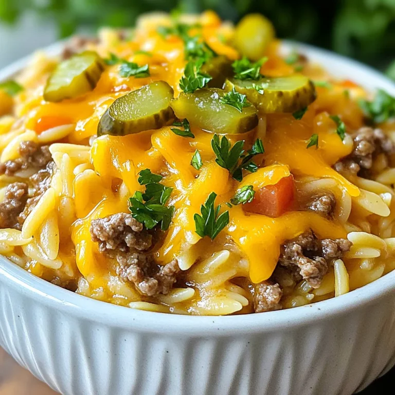 To make your Cheeseburger Orzo Skillet, gather these simple ingredients: - 1 cup orzo pasta - 1 lb ground beef (or ground turkey) - 1 medium onion, finely chopped - 2 cloves garlic, minced - 1 cup beef broth - 1 cup shredded cheddar cheese - 1/2 cup diced pickles - 1 tablespoon ketchup - 1 tablespoon mustard - 1 teaspoon smoked paprika - Salt and pepper to taste - 2 tablespoons olive oil - Fresh parsley, chopped (for garnish) If you want to switch things up, try these substitutions: - Use ground turkey instead of ground beef for a leaner option. - Swap beef broth for vegetable broth if you're looking for a lighter flavor. - Replace cheddar cheese with Swiss or pepper jack for a different taste. You can boost flavor and nutrition with these add-ins: - Bell peppers add color and crunch. - Spinach or kale offers extra greens and vitamins. - A pinch of chili flakes can give it a nice kick. - Try adding mushrooms for an earthy touch. These choices let you make this dish your own while keeping it quick and tasty! {{ingredient_image_1}} Start by boiling water in a medium saucepan. Make sure to add a pinch of salt. Once it boils, pour in 1 cup of orzo pasta. Cook it according to the package directions until it's al dente. This usually takes about 8 to 10 minutes. When done, drain the orzo and set it aside. In a large skillet, heat 2 tablespoons of olive oil over medium heat. Add 1 finely chopped onion and let it cook for about 3 to 4 minutes. The onion should turn soft and clear. Next, add 2 cloves of minced garlic and cook for 1 more minute. Then, raise the heat to medium-high. Add in 1 pound of ground beef or ground turkey. Season it with salt, pepper, and 1 teaspoon of smoked paprika. Cook this mixture for about 5 to 7 minutes. Make sure to break up the meat as it cooks. Once the meat is brown, it’s time to mix in the other flavors. Stir in 1 cup of beef broth, 1 tablespoon of ketchup, and 1 tablespoon of mustard. Then add the cooked orzo. Bring the mixture to a simmer and let it cook for 2 to 3 minutes. This helps the flavors blend together nicely. Remove the skillet from the heat. Now it’s time for the best part! Fold in 1 cup of shredded cheddar cheese and 1/2 cup of diced pickles. Stir until the cheese is melted and everything is well combined. Taste the dish and add more salt and pepper if needed. For a fresh touch, sprinkle some chopped parsley on top before serving. To cook orzo just right, start with salted boiling water. Add the orzo and stir to prevent sticking. Follow the package time for cooking. Check for doneness a minute early. You want it al dente, not mushy. This gives your dish a great texture. Cheddar cheese is the star in this dish. It melts well and adds a nice bite. You can also try Monterey Jack for a milder taste. If you want a tangy twist, use pepper jack. Mixing cheeses can create a rich flavor profile. Add herbs like fresh parsley for brightness. Chopped chives or green onions work well too. For a kick, try red pepper flakes or chili powder. Smoked paprika adds depth and warmth. Don't be shy with seasonings; they elevate your dish. Pro Tips Cook Orzo to Al Dente: Make sure to cook the orzo until it's al dente for the best texture. It will continue to absorb liquid and soften after being added to the skillet. Choose Quality Meat: Use a good quality ground beef or turkey for richer flavor. Grass-fed beef can add a depth of taste to your dish. Customize Your Cheese: While cheddar is classic, feel free to experiment with other cheeses like Monterey Jack or Pepper Jack for a spicy kick! Garnish for Freshness: Don’t skip the fresh parsley garnish. It adds a pop of color and a fresh flavor that brightens the dish. {{image_2}} You can easily make this dish vegetarian. Just swap the ground beef for plant-based meat. Many brands taste great and work well in this recipe. Look for options made from soy or pea protein. They will soak up all the flavors just like meat. You will enjoy the same cheesy goodness without the meat. Boost nutrition by adding extra veggies. Bell peppers, spinach, or zucchini work well here. Chop them up and add them when cooking the onions. This way, they will soften and mix nicely. You can also toss in some frozen peas at the end. They are easy and add a pop of color and sweetness. If you like heat, try a spicy version. Add diced jalapeños when cooking the onions. You can also stir in some hot sauce while combining the ingredients. Adjust the amount based on your taste. This will give your dish a fiery kick. Don’t forget to keep some extra cheese to cool it down. After enjoying your Cheeseburger Orzo Skillet, let any leftovers cool. Place them in an airtight container. Store in the fridge for up to three days. Make sure to label the container with the date. This will help you keep track of freshness. To reheat, pour the leftovers into a skillet over medium heat. Add a splash of beef broth or water to keep it moist. Stir it gently until heated through. You can also use a microwave. Place it in a microwave-safe bowl, cover it, and heat for 1-2 minutes. Stir halfway for even heating. You can freeze the Cheeseburger Orzo Skillet. Allow it to cool completely before freezing. Place it in a freezer-safe container or a resealable bag. Make sure to remove as much air as possible. It can last up to three months in the freezer. To serve later, thaw it in the fridge overnight. Then reheat as mentioned before for best results. Yes, you can use other types of pasta. Small shapes like ditalini or shells work well. Just remember that cooking times may change. Check the package for cooking times. You want the pasta to be al dente, just like orzo. This way, it won't become mushy in the skillet. The Cheeseburger Orzo Skillet lasts about three to four days in the fridge. Make sure to store it in an airtight container. This keeps it fresh and tasty. Before serving, reheat it in the microwave or on the stove. Add a splash of broth if it seems dry. Yes, you can make this dish ahead of time. Cook it, then cool it down quickly. Store it in the fridge for up to three days. When you're ready to eat, just reheat it until hot. This is perfect for busy nights when you need a quick meal. This blog post covered essential ingredients for a Cheeseburger Orzo Skillet. You learned how to prepare the orzo, cook the beef and onions, and melt the cheese. I shared tips for perfectly cooked orzo and ways to enhance flavor. We also discussed fun variations like vegetarian options or spicy twists. In closing, this dish is adaptable and easy to store. You can enjoy it now or later. Enjoy cooking and experimenting with your own versions!