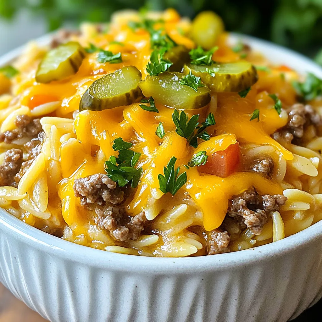 To make your Cheeseburger Orzo Skillet, gather these simple ingredients: - 1 cup orzo pasta - 1 lb ground beef (or ground turkey) - 1 medium onion, finely chopped - 2 cloves garlic, minced - 1 cup beef broth - 1 cup shredded cheddar cheese - 1/2 cup diced pickles - 1 tablespoon ketchup - 1 tablespoon mustard - 1 teaspoon smoked paprika - Salt and pepper to taste - 2 tablespoons olive oil - Fresh parsley, chopped (for garnish) If you want to switch things up, try these substitutions: - Use ground turkey instead of ground beef for a leaner option. - Swap beef broth for vegetable broth if you're looking for a lighter flavor. - Replace cheddar cheese with Swiss or pepper jack for a different taste. You can boost flavor and nutrition with these add-ins: - Bell peppers add color and crunch. - Spinach or kale offers extra greens and vitamins. - A pinch of chili flakes can give it a nice kick. - Try adding mushrooms for an earthy touch. These choices let you make this dish your own while keeping it quick and tasty! {{ingredient_image_1}} Start by boiling water in a medium saucepan. Make sure to add a pinch of salt. Once it boils, pour in 1 cup of orzo pasta. Cook it according to the package directions until it's al dente. This usually takes about 8 to 10 minutes. When done, drain the orzo and set it aside. In a large skillet, heat 2 tablespoons of olive oil over medium heat. Add 1 finely chopped onion and let it cook for about 3 to 4 minutes. The onion should turn soft and clear. Next, add 2 cloves of minced garlic and cook for 1 more minute. Then, raise the heat to medium-high. Add in 1 pound of ground beef or ground turkey. Season it with salt, pepper, and 1 teaspoon of smoked paprika. Cook this mixture for about 5 to 7 minutes. Make sure to break up the meat as it cooks. Once the meat is brown, it’s time to mix in the other flavors. Stir in 1 cup of beef broth, 1 tablespoon of ketchup, and 1 tablespoon of mustard. Then add the cooked orzo. Bring the mixture to a simmer and let it cook for 2 to 3 minutes. This helps the flavors blend together nicely. Remove the skillet from the heat. Now it’s time for the best part! Fold in 1 cup of shredded cheddar cheese and 1/2 cup of diced pickles. Stir until the cheese is melted and everything is well combined. Taste the dish and add more salt and pepper if needed. For a fresh touch, sprinkle some chopped parsley on top before serving. To cook orzo just right, start with salted boiling water. Add the orzo and stir to prevent sticking. Follow the package time for cooking. Check for doneness a minute early. You want it al dente, not mushy. This gives your dish a great texture. Cheddar cheese is the star in this dish. It melts well and adds a nice bite. You can also try Monterey Jack for a milder taste. If you want a tangy twist, use pepper jack. Mixing cheeses can create a rich flavor profile. Add herbs like fresh parsley for brightness. Chopped chives or green onions work well too. For a kick, try red pepper flakes or chili powder. Smoked paprika adds depth and warmth. Don't be shy with seasonings; they elevate your dish. Pro Tips Cook Orzo to Al Dente: Make sure to cook the orzo until it's al dente for the best texture. It will continue to absorb liquid and soften after being added to the skillet. Choose Quality Meat: Use a good quality ground beef or turkey for richer flavor. Grass-fed beef can add a depth of taste to your dish. Customize Your Cheese: While cheddar is classic, feel free to experiment with other cheeses like Monterey Jack or Pepper Jack for a spicy kick! Garnish for Freshness: Don’t skip the fresh parsley garnish. It adds a pop of color and a fresh flavor that brightens the dish. {{image_2}} You can easily make this dish vegetarian. Just swap the ground beef for plant-based meat. Many brands taste great and work well in this recipe. Look for options made from soy or pea protein. They will soak up all the flavors just like meat. You will enjoy the same cheesy goodness without the meat. Boost nutrition by adding extra veggies. Bell peppers, spinach, or zucchini work well here. Chop them up and add them when cooking the onions. This way, they will soften and mix nicely. You can also toss in some frozen peas at the end. They are easy and add a pop of color and sweetness. If you like heat, try a spicy version. Add diced jalapeños when cooking the onions. You can also stir in some hot sauce while combining the ingredients. Adjust the amount based on your taste. This will give your dish a fiery kick. Don’t forget to keep some extra cheese to cool it down. After enjoying your Cheeseburger Orzo Skillet, let any leftovers cool. Place them in an airtight container. Store in the fridge for up to three days. Make sure to label the container with the date. This will help you keep track of freshness. To reheat, pour the leftovers into a skillet over medium heat. Add a splash of beef broth or water to keep it moist. Stir it gently until heated through. You can also use a microwave. Place it in a microwave-safe bowl, cover it, and heat for 1-2 minutes. Stir halfway for even heating. You can freeze the Cheeseburger Orzo Skillet. Allow it to cool completely before freezing. Place it in a freezer-safe container or a resealable bag. Make sure to remove as much air as possible. It can last up to three months in the freezer. To serve later, thaw it in the fridge overnight. Then reheat as mentioned before for best results. Yes, you can use other types of pasta. Small shapes like ditalini or shells work well. Just remember that cooking times may change. Check the package for cooking times. You want the pasta to be al dente, just like orzo. This way, it won't become mushy in the skillet. The Cheeseburger Orzo Skillet lasts about three to four days in the fridge. Make sure to store it in an airtight container. This keeps it fresh and tasty. Before serving, reheat it in the microwave or on the stove. Add a splash of broth if it seems dry. Yes, you can make this dish ahead of time. Cook it, then cool it down quickly. Store it in the fridge for up to three days. When you're ready to eat, just reheat it until hot. This is perfect for busy nights when you need a quick meal. This blog post covered essential ingredients for a Cheeseburger Orzo Skillet. You learned how to prepare the orzo, cook the beef and onions, and melt the cheese. I shared tips for perfectly cooked orzo and ways to enhance flavor. We also discussed fun variations like vegetarian options or spicy twists. In closing, this dish is adaptable and easy to store. You can enjoy it now or later. Enjoy cooking and experimenting with your own versions!