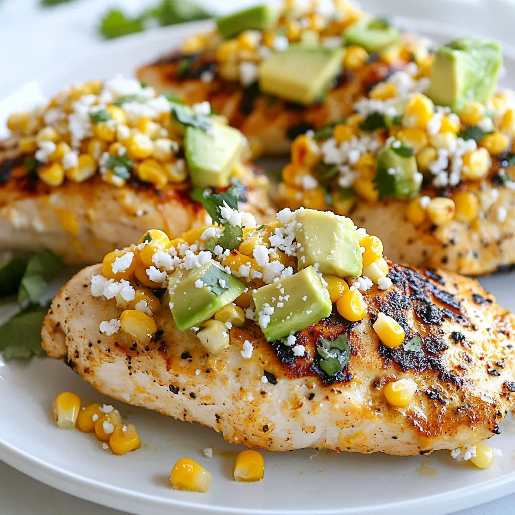 - 2 boneless, skinless chicken breasts - 1 cup corn kernels (fresh or frozen) - 1 tablespoon olive oil - 1 teaspoon smoked paprika - 1 teaspoon garlic powder - 1/2 teaspoon chili powder - Salt and pepper to taste - 1/2 cup mayonnaise - 1/4 cup cotija cheese, crumbled - 1 tablespoon fresh cilantro, chopped - 1 lime, juiced - 1 avocado, sliced (for garnish) To make Street Corn Chicken, you need fresh, simple ingredients. The star of this dish is, of course, chicken. I prefer using two boneless, skinless chicken breasts for a quick cook. They stay juicy and tender. Corn kernels add that sweet crunch. You can use fresh corn or frozen. Both work well. The spices bring out the flavor. I like smoked paprika for its nice depth. Garlic powder adds a kick, while chili powder gives a smoky heat. The creamy topping is the magic. Mix mayonnaise with lime juice and cotija cheese for a tangy burst. Cotija cheese is crumbly and salty, making it perfect for this dish. Fresh cilantro adds brightness, while lime juice gives it a zesty twist. Lastly, don't forget the avocado. Sliced avocado on top adds creaminess and makes it look fancy. With these ingredients, you create a dish that is both vibrant and tasty. {{ingredient_image_1}} - Preheat your grill or skillet to medium-high heat. - In a small bowl, mix together olive oil, smoked paprika, garlic powder, chili powder, salt, and pepper. - Rub this mixture all over the chicken breasts. - Grill the chicken for 6-7 minutes on one side, then flip and cook for another 6-7 minutes. - Make sure the internal temperature reaches 165°F (75°C). Remove chicken from heat and let it rest for a few minutes. - In a separate skillet, add the corn kernels. - Toast them over medium heat until they are slightly charred, about 5 minutes. - Stir often to ensure even cooking and to avoid burning. - In a bowl, combine mayonnaise, lime juice, and half of the crumbled cotija cheese. - Stir in the toasted corn and cilantro. Mix until everything is well combined. - Slice the grilled chicken and top each piece generously with the corn-mayo mixture. - Sprinkle the remaining cotija cheese over the top. - Garnish with avocado slices and serve immediately with lime wedges for extra flavor. To ensure juicy chicken breasts, start by marinating the meat. Use olive oil, smoked paprika, garlic powder, chili powder, salt, and pepper. Let it rest for at least 30 minutes. This helps the flavors soak in. When cooking, grill the chicken over medium-high heat. Cook for 6-7 minutes on each side. Always check the internal temperature. It should reach 165°F (75°C) for safe eating. To enhance the taste, play with spices. You can add cumin, oregano, or even a pinch of cayenne pepper. These spices can give the dish a different twist. For the corn-mayo mixture, feel free to customize it. Instead of only lime juice, try adding some chopped jalapeños or a dash of hot sauce for a kick. This makes the dish unique and personal. Avoid common mistakes, like overcooking the chicken. This can lead to dry meat, which no one wants. Don't skip resting the chicken after cooking. Let it sit for a few minutes before slicing. This keeps it juicy. For a successful dish, use fresh ingredients. Fresh corn and cilantro make a big difference in flavor. Always taste as you go. Adjust seasonings to your liking for the best results. Pro Tips Marinate for More Flavor: Allow the chicken to marinate in the spice rub for at least 30 minutes before grilling to enhance the flavor. Perfect Corn Toasting: Make sure to stir the corn frequently while toasting to avoid burning and achieve even charring. Use Fresh Ingredients: Opt for fresh corn and cilantro for the best flavor and texture in your corn-mayo mixture. Serve with Lime: Don’t skip the lime wedges; their acidity brightens the dish and complements the rich flavors beautifully. {{image_2}} You can switch the chicken for other meats. Pork works great, adding a sweet flavor. Shrimp is another option, giving a nice seafood twist. For a vegetarian option, use grilled zucchini or mushrooms. These choices keep the dish fresh and exciting. You can change the spice levels to match your taste. For a milder dish, reduce the chili powder. If you like heat, add more chili or hot sauce. You can also mix in other veggies. Bell peppers or jalapeños add color and crunch. This makes your meal even more fun and tasty. How you serve your dish matters. Think about using colorful plates or bowls. You can stack the chicken high with corn-mayo on top. Add lime wedges for a pop of color. Seasonal garnishes like fresh herbs or edible flowers will impress your guests. These little touches make it look gourmet! To keep your Street Corn Chicken fresh, let it cool first. Place it in an airtight container. This helps to keep moisture in and air out. Store it in the fridge. It stays fresh for about 3 to 4 days. If you want to enjoy it longer, consider freezing it. When it's time to eat your leftovers, you have a few good methods. You can use the microwave for quick reheating. Just place the chicken on a microwave-safe plate and cover it. Heat in short bursts, checking often to avoid drying it out. You can also reheat in a skillet or oven. This helps maintain the chicken's flavor and texture. For the skillet, add a little oil and heat over medium-low. For the oven, preheat to 350°F (175°C) and cover the dish with foil to keep it moist. To freeze your Street Corn Chicken, wrap it tightly in plastic wrap. Then, place it in a freezer bag or container. Make sure to remove as much air as possible. You can freeze it for up to 3 months. When ready to eat, thaw it in the fridge overnight. You can also cook it from frozen. Just increase the cooking time and check the internal temperature reaches 165°F (75°C). This way, you can enjoy your meal any time! Street Corn Chicken is a tasty dish inspired by Mexican street corn. It features grilled chicken topped with a creamy corn mixture. This recipe uses fresh or frozen corn and cotija cheese. The mix of spices adds a smoky flavor. You get a delightful blend of textures and tastes. This dish is easy to make and packed with flavor. You can enjoy it as a main meal or a fun family treat. Yes, you can prepare some parts ahead of time. Marinate the chicken with spices a few hours before grilling. You can also cook the corn mixture in advance. Just store it in the fridge until you are ready to serve. When it’s time to eat, grill the chicken and warm the corn mix. This saves you time and helps with meal planning. Street Corn Chicken tastes great with many sides. Here are some ideas: - Rice: Cilantro lime rice adds freshness. - Beans: Black beans or pinto beans offer protein. - Salad: A simple green salad with lime dressing balances the meal. - Tortillas: Warm tortillas make a nice addition. - Grilled Vegetables: Zucchini or bell peppers enhance the meal's color and flavor. These sides complement the main dish and make your meal complete. This blog covered the key steps to make Street Corn Chicken. We explored essential ingredients, preparation methods, and storage tips. You learned how to cook chicken for juiciness and flavor. There are also variations for different tastes and dietary needs. Now you can enjoy this fun dish anytime. Happy cooking!