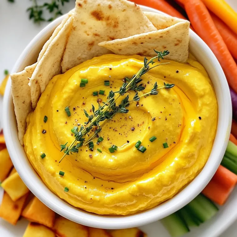 - 1 cup canned pumpkin puree - 4 oz feta cheese, crumbled - 1/4 cup cream cheese, softened - 1 tablespoon olive oil - 1 tablespoon maple syrup - 1 teaspoon garlic powder - 1/2 teaspoon smoked paprika - Salt and pepper to taste - Fresh herbs (like thyme or chives) for garnish - Pita chips - Vegetable sticks (carrots, bell peppers, cucumber) To make the Pumpkin Whipped Feta Dip, gather the main ingredients first. Canned pumpkin puree is easy to find and gives a rich flavor. The feta cheese adds a nice tang. Cream cheese makes the dip creamy and smooth. Olive oil adds a touch of richness, while maple syrup brings a hint of sweetness. For seasoning, garlic powder and smoked paprika provide depth. Salt and pepper balance the flavors. Fresh herbs like thyme or chives not only add color but also bright flavor. When it's time to serve, pair this dip with pita chips for crunch. You can also use fresh vegetable sticks such as carrots, bell peppers, and cucumber. These add a nice crunch and make for a healthy snack. Enjoy the blend of flavors and textures in every bite! {{ingredient_image_1}} First, grab a mixing bowl. In it, combine 1 cup of canned pumpkin puree, 4 ounces of crumbled feta cheese, and 1/4 cup of softened cream cheese. These three ingredients create a rich, creamy base. Next, use a hand mixer or a food processor to blend everything until it's smooth. This step is key. A smooth dip will be easy to spread and tasty. Now it's time to add more flavor. Pour in 1 tablespoon of olive oil and 1 tablespoon of maple syrup. Add 1 teaspoon of garlic powder, 1/2 teaspoon of smoked paprika, and some salt and pepper to taste. These spices will enhance the dip's taste and give it a warm feel. Mix all the ingredients until fully combined. Make sure no lumps remain. This ensures every bite is flavorful. After mixing, taste the dip. Adjust the seasoning if needed. You might want more salt or a touch more maple syrup for sweetness. Once satisfied, transfer the dip to a serving bowl. Finally, garnish with fresh herbs like thyme or chives. These herbs add a nice pop of color and freshness. Enjoy your delicious Pumpkin Whipped Feta Dip with pita chips or crunchy vegetable sticks! To make your Pumpkin Whipped Feta Dip even better, try adjusting the sweetness with maple syrup. This adds a nice touch of sweetness that balances the saltiness of the feta. You can also experiment with different spices to add depth. Spices like cinnamon or nutmeg can give it a warm, cozy feel. For a creamy dip, use a food processor. It blends the ingredients really well, making the dip smooth and velvety. After mixing, chill the dip before serving. This helps it firm up and improves the overall texture. Serve your dip with pita chips or fresh veggie sticks. Carrots, bell peppers, and cucumbers work great. They add crunch and freshness. For a drink, a light white wine pairs nicely. It complements the flavors without overpowering them. Enjoy this delicious dip with your favorite snacks! Pro Tips Make It Creamier: For an extra creamy texture, blend in a bit more cream cheese or a splash of heavy cream. Season to Taste: Adjust the salt and maple syrup according to your preference; a little sweetness can enhance the flavors. Fresh Herbs Matter: Use fresh herbs like thyme or chives to add a burst of flavor and a beautiful presentation. Serving Suggestions: Pair this dip with a variety of dippers like pita chips, crackers, or fresh veggie sticks for a colorful platter. {{image_2}} You can make this dip even better with seasonal add-ins. Adding roasted garlic gives a rich and warm flavor. To roast garlic, wrap a few cloves in foil and bake until soft. Chop and mix it into your dip for a deeper taste. You can also explore fresh herbs. Try adding basil or parsley for a bright twist. These herbs can bring a fresh note that pairs well with the pumpkin and feta. Use what you like best to keep it fun! If you want to switch things up, try different cheese blends. Goat cheese can replace feta for a tangy taste. This change will give the dip a new character. Cream cheese is another great option. Mixing cream cheese with feta will make the dip even creamier. You can use half cream cheese and half feta for a smooth texture that’s rich and tasty. Want to change the flavor profile? You can make a spicy version! Just add chili flakes to give it some heat. Start with a little and taste as you go. If you prefer sweet flavors, add more maple syrup. Chopped nuts like pecans or walnuts can add crunch and a sweet touch. This sweet version is perfect for fall gatherings and will impress your friends! To keep your Pumpkin Whipped Feta Dip fresh, store it in the fridge. I recommend using an airtight container to seal in the flavors. You can also wrap the dip tightly with plastic wrap. This will prevent it from absorbing other odors in your fridge. Make sure to let it cool down to room temperature before putting it away. Yes, you can freeze Pumpkin Whipped Feta Dip! Just place it in a freezer-safe container. Leave some space at the top for expansion. When you are ready to enjoy it, thaw it in the fridge overnight. For reheating, use a microwave or warm it on the stove over low heat. Stir well to get a smooth texture again. This dip lasts about 3 to 5 days in the fridge. Always check for any signs that it has gone bad. If you see mold or notice an off smell, it’s best to toss it. Yes, you can use fresh pumpkin. First, choose a small sugar pumpkin. Cut it in half and remove the seeds. Roast the halves face down on a baking sheet at 400°F for about 45 minutes. Once soft, scoop out the flesh and puree it in a blender. This fresh puree will add a great flavor to your dip. This dip is not vegan because of the feta and cream cheese. To make it vegan, replace feta with crumbled tofu or a vegan feta. Use a vegan cream cheese instead of regular cream cheese. You can also add nutritional yeast for a cheesy taste. To add heat, mix in some crushed red pepper flakes or cayenne pepper. Start with a small amount and taste as you go. Another great option is to add diced jalapeños for a fresh kick. These tips will boost the spice without losing the dip's flavor. This pumpkin whipped feta dip combines simple ingredients for a tasty treat. We blended creamy pumpkin puree with feta, cream cheese, and spices. Add olive oil and maple syrup for sweetness and depth. Serve it with crispy pita chips or fresh veggies for a fun snack. Remember, you can customize it by adding herbs or changing the cheese. Store leftovers in the fridge and enjoy them later. This dip is easy to make and perfect for gatherings. Now, grab those ingredients and start creating your delicious dip!