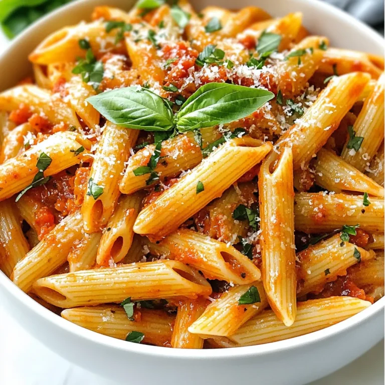 - 300g penne pasta - 4 cloves garlic, minced - 1-2 red chilies, finely chopped - 1 can (400g) diced tomatoes - 2 tablespoons olive oil The key to a great Spicy Penne Arrabbiata starts with the penne pasta. This pasta shape holds the sauce well, giving each bite a burst of flavor. Next, tomatoes provide a sweet and tangy base. I love using canned diced tomatoes for convenience. They’re ripe and ready to go! Garlic is a must here. It adds depth and aroma. Use fresh garlic if you can. And don’t forget the olive oil. It brings everything together and adds richness to the dish. - 1 teaspoon sugar - Salt and pepper to taste - Fresh basil leaves for garnish - Grated Parmesan cheese (optional) For seasoning, I add red chilies. They give the dish its signature heat. You can adjust these to match your spice level. A touch of sugar balances the acidity of the tomatoes. Finally, salt and pepper enhance the flavors. Use fresh basil leaves for garnish. They add a nice pop of color and freshness. If you like, sprinkle on some grated Parmesan cheese before serving. It adds creaminess and a savory taste that pairs well with the spicy sauce. {{ingredient_image_1}} - Boiling Method: Start by filling a large pot with water. Add a good amount of salt. Bring the water to a boil. When it’s boiling, add the penne pasta. Cook it based on the package instructions, usually around 10-12 minutes. - Tips for Al Dente Texture: To get the perfect al dente texture, taste the pasta a minute before the suggested time. It should be firm but not hard. Drain the pasta, but save about 1 cup of that starchy water. It helps later. - Correct Heat Level: Heat a large skillet on medium heat. Add the olive oil and let it warm up. Don’t let it smoke. Once hot, add the minced garlic and chopped red chilies. - Preventing Garlic from Burning: Cook the garlic for about 1-2 minutes. Watch closely to avoid burning. If the garlic turns brown, it will taste bitter. You want it golden and fragrant. - Simmering the Sauce: Pour in the can of diced tomatoes with their juice into the skillet. Stir well and bring it to a gentle simmer. Add the sugar, salt, and pepper to balance the flavors. - Mixing with Pasta: Let the sauce simmer for about 10-15 minutes. It should thicken slightly. If it gets too thick, add some reserved pasta water. Once thickened, add the cooked penne to the skillet. Toss it gently to coat every piece of pasta. If needed, add more pasta water to help the sauce stick. - Adjusting Red Chilies: The spice level in Spicy Penne Arrabbiata comes from red chilies. You can use 1-2 chilies, depending on your taste. If you love heat, add more. If you prefer it milder, use just one or remove the seeds. - Alternatives for Mild Spice: If you want less spice, try using sweet bell peppers. You can also use a pinch of paprika for flavor without the heat. - Using Reserved Pasta Water: Always save a cup of pasta water before draining. This starchy water helps thicken the sauce. Add it little by little until the sauce reaches your preferred thickness. - Cooking Time Suggestions: Let the sauce simmer for 10-15 minutes. This time allows the flavors to meld and the sauce to thicken. Stir occasionally to prevent sticking. - Best Pairings: Spicy Penne Arrabbiata pairs well with a fresh salad or crusty bread. Consider a light, crisp white wine to balance the heat. - Presentation Tips: For a beautiful plate, twirl the pasta using a fork. Top with fresh basil and a sprinkle of Parmesan. Serve hot for the best taste and look. Pro Tips Adjust the Spice: If you prefer a milder sauce, remove the seeds from the red chilies or use less chili. You can also substitute with milder peppers. Fresh Tomatoes Option: For a fresher taste, consider using ripe tomatoes instead of canned. Blanch and peel them before dicing for a deliciously homemade sauce. Pasta Water Magic: The reserved pasta water is starchy and helps the sauce stick to the penne. Add it gradually to achieve your preferred sauce consistency. Basil Best Practices: Add fresh basil at the end of cooking to preserve its flavor and vibrant color. Alternatively, you can use dried basil during the simmer for a deeper flavor. {{image_2}} If you want a vegetarian twist, you can easily add protein. Try using lentils or chickpeas. These options pack a protein punch while keeping the dish meat-free. You can also toss in some fresh spinach or zucchini. Both add great flavor and texture. For a vegan version, skip the cheese. You can use dairy-free cheese options like cashew cheese or nutritional yeast. These add a cheesy flavor without any animal products. They blend well with the spicy sauce and keep the dish creamy. Penne Arrabbiata has many takes based on where you are. The traditional recipe uses simple ingredients like garlic, tomatoes, and chilies. In some regions, cooks add olives or capers for more flavor. Others may use different pasta shapes like rigatoni or spaghetti. Modern chefs are also experimenting with fun twists, like adding roasted red peppers or even seafood. Each variation tells a story about its roots. After enjoying your Spicy Penne Arrabbiata, store leftovers properly. Place the pasta in an airtight container. Make sure it cools down before sealing. This helps keep the flavors fresh. You can store it in the fridge for up to three days. If you want it to last longer, consider freezing. To enjoy your leftovers, you have a few options. The microwave works well for quick reheating. Place the pasta in a microwave-safe bowl. Add a splash of water to keep it moist. Cover it with a lid or microwave-safe wrap. Heat for one minute, then stir and check the temperature. Another method is to reheat on the stove. Put the pasta in a skillet over low heat. Add a little olive oil or reserved pasta water. Stir gently until it warms through. This method keeps the sauce nice and smooth. If you want to freeze your Spicy Penne Arrabbiata, it's easy! Portion the pasta into freezer bags. Make sure to remove all the air before sealing. Label each bag with the date. You can freeze it for up to three months. When you’re ready to eat, thaw it in the fridge overnight. Reheat it with the methods mentioned above for a delightful meal. The heat in Penne Arrabbiata comes from red chilies. These small peppers pack a punch. You can adjust the spice level based on your taste. If you want more heat, add more chilies. If you prefer less spice, use just one or skip them. The combination of garlic and chilies creates a bold flavor that makes this dish stand out. Yes, you can use other types of pasta if you want. While penne is traditional, any pasta shape works well. You can try spaghetti, rigatoni, or even fusilli. Each pasta type holds the sauce differently. So, choose what you like best! To make Penne Arrabbiata gluten-free, use gluten-free pasta. Many brands offer great alternatives made from rice or corn. These pasta types cook well and taste great. Just follow the cooking instructions on the package. Enjoy the same spicy flavor without gluten! In this post, we explored how to make Penne Arrabbiata. We covered key ingredients like penne pasta and garlic, plus tips for cooking. You learned how to adjust spice levels and thicken your sauce. We discussed variations for different diets and ways to store leftovers. Cooking can be fun and easy. If you follow these steps, you can enjoy a delicious meal. Get creative with your own twist on this classic dish!