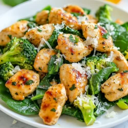 - 2 boneless, skinless chicken breasts, cut into bite-sized pieces - 4 cloves garlic, minced - 4 cups fresh broccoli florets - 3 cups fresh spinach - 2 tablespoons olive oil - 1 teaspoon smoked paprika - 1 teaspoon dried oregano - Salt and pepper to taste - ½ cup low-sodium chicken broth - 1 tablespoon lemon juice The main ingredients in this dish all work together to create a balanced meal. The chicken gives protein, while broccoli and spinach add healthy greens. Garlic brings a strong flavor that ties everything together. Olive oil helps to cook the chicken and adds richness. The spices bring depth to the dish. - Grated Parmesan cheese - Lemon zest Garnishes can elevate your dish. Grated Parmesan adds a salty, creamy touch. Lemon zest adds a fresh, bright note that makes the dish pop. You can mix and match these garnishes to find what you like best! {{ingredient_image_1}} First, you need to season the chicken pieces. In a large bowl, combine the chicken with smoked paprika, oregano, salt, and pepper. Mix well to coat each piece evenly. This seasoning gives the chicken great flavor. Next, let's sauté the garlic. Heat two tablespoons of olive oil in a large skillet over medium heat. Once the oil is hot, add the minced garlic. Sauté it for about 30 seconds. You will know it's ready when it smells fragrant. Be careful not to burn it! Now it’s time to brown the chicken in the skillet. Add the seasoned chicken pieces to the skillet with the garlic. Cook the chicken for about 5 to 7 minutes, stirring occasionally. You want the chicken to be golden brown and fully cooked. Check that it’s no longer pink inside. While the chicken cooks, prepare the broccoli. Once the chicken is browned, add the fresh broccoli florets to the skillet. Pour in half a cup of low-sodium chicken broth. Cover the skillet and cook for about 5 minutes. This allows the broccoli to steam and become tender but still bright green. After the broccoli is cooked, it's time to add the spinach. Uncover the skillet and mix in the fresh spinach. Stir until the spinach wilts down. This will take just a minute or two. Now, let’s add some lemon juice. Squeeze one tablespoon of lemon juice over the chicken and veggies. This will brighten the dish with a fresh taste. Mix everything well to combine the flavors. Finally, adjust the seasoning. Taste the dish and add more salt or pepper if you think it needs it. You want to make sure every bite is tasty! Serve your garlic chicken hot, and if you like, garnish it with grated Parmesan cheese. Enjoy your meal! To ensure even cooking for the chicken, cut the pieces into uniform sizes. This helps them cook at the same rate. When you sauté the chicken, stir it often. This keeps it from sticking and helps it brown nicely. For steaming broccoli, add it after the chicken is cooked. Pour in the chicken broth, then cover the skillet. This traps steam and cooks the broccoli quickly. Cook until it is tender but still bright green. You want it crunchy, not mushy. To boost the flavor, I recommend adding fresh herbs. Basil or thyme can add a nice touch. You can also sprinkle some red pepper flakes for a little heat. When serving, pair this dish with whole grain rice or quinoa. These sides complement the meal well and add texture. You can also add a simple salad for a fresh crunch. Pro Tips Marinate for Flavor: Consider marinating the chicken in the olive oil, garlic, and spices for at least 30 minutes before cooking. This allows the flavors to penetrate the meat, making it more flavorful. Perfectly Cooked Broccoli: To keep the broccoli bright green and crisp, avoid overcooking it. A quick steam of about 5 minutes is ideal. Fresh Spinach Addition: Add the spinach at the end of cooking to maintain its vibrant color and nutrients. It wilts quickly, so just a minute or two is sufficient. Garnish for Presentation: A sprinkle of grated Parmesan cheese not only adds flavor but also enhances the dish's presentation. Consider adding some lemon zest on top for an extra pop of color and flavor. {{image_2}} You can change up the veggies to keep it fresh. Try adding bell peppers, carrots, or green beans. These add color and crunch. You can also use snap peas for a sweet bite. If you want a plant-based option, swap chicken for tofu or shrimp. Tofu absorbs the flavors well and gives a nice texture. Shrimp cooks fast and adds a seafood twist. Both options work great in this dish. For an oven-baked version, preheat your oven to 400°F. Place the seasoned chicken, garlic, and veggies in a baking dish. Drizzle with olive oil and pour in chicken broth. Cover with foil and bake for 20 minutes. Remove the foil, add lemon juice, and bake for another 10 minutes for a tasty finish. For the slow cooker, combine all the ingredients in the pot. Cook on low for 4-6 hours or on high for 2-3 hours. This method makes the chicken super tender and allows the flavors to blend nicely. To keep your garlic chicken with broccoli and spinach fresh, follow these steps: - In the refrigerator: Place leftovers in an airtight container. They stay good for 3 to 4 days. Make sure to cool the dish before sealing it to avoid steam buildup. - Freezing guidelines: You can freeze the leftovers. Use a freezer-safe container or bag. They will keep for up to 3 months. When ready to eat, thaw in the fridge overnight before reheating. Reheating your meal properly helps maintain its great taste and texture. Here are some methods: - Best methods for reheating: Use a skillet over medium heat for even warming. Stir occasionally to heat all parts. You can also use a microwave on medium power, but cover it with a lid to keep moisture in. - Maintaining flavor and texture: Add a splash of chicken broth or a drizzle of olive oil when reheating. This helps keep the dish moist and flavorful. How long does it take to cook chicken? It takes about 5 to 7 minutes to cook chicken in a skillet. Make sure the chicken is browned and cooked all the way through. Use a meat thermometer to check for doneness. It should reach 165°F (75°C). Can I use frozen broccoli and spinach? Yes, you can use frozen broccoli and spinach. They may release some water, so adjust the chicken broth to avoid a watery dish. Cook them until heated through, then follow the rest of the steps. Is this recipe gluten-free? Yes, this recipe is gluten-free. It uses fresh ingredients and low-sodium chicken broth. Always check your broth label to ensure it contains no gluten. How can I make it low-carb? To make this dish low-carb, skip the optional Parmesan cheese. You can also reduce the amount of chicken broth. Serve it without rice or quinoa for a great low-carb meal. This recipe uses simple, healthy ingredients like chicken, fresh veggies, and olive oil. You learned how to prepare, cook, and store the meal effectively. Remember, you can customize it with herbs or different proteins. Enjoy your cooking journey as you try variations and tweak the recipe to fit your taste. These delicious meals can easily fit into your busy day while keeping nutrition in mind. Your kitchen can be a place of creativity and health!