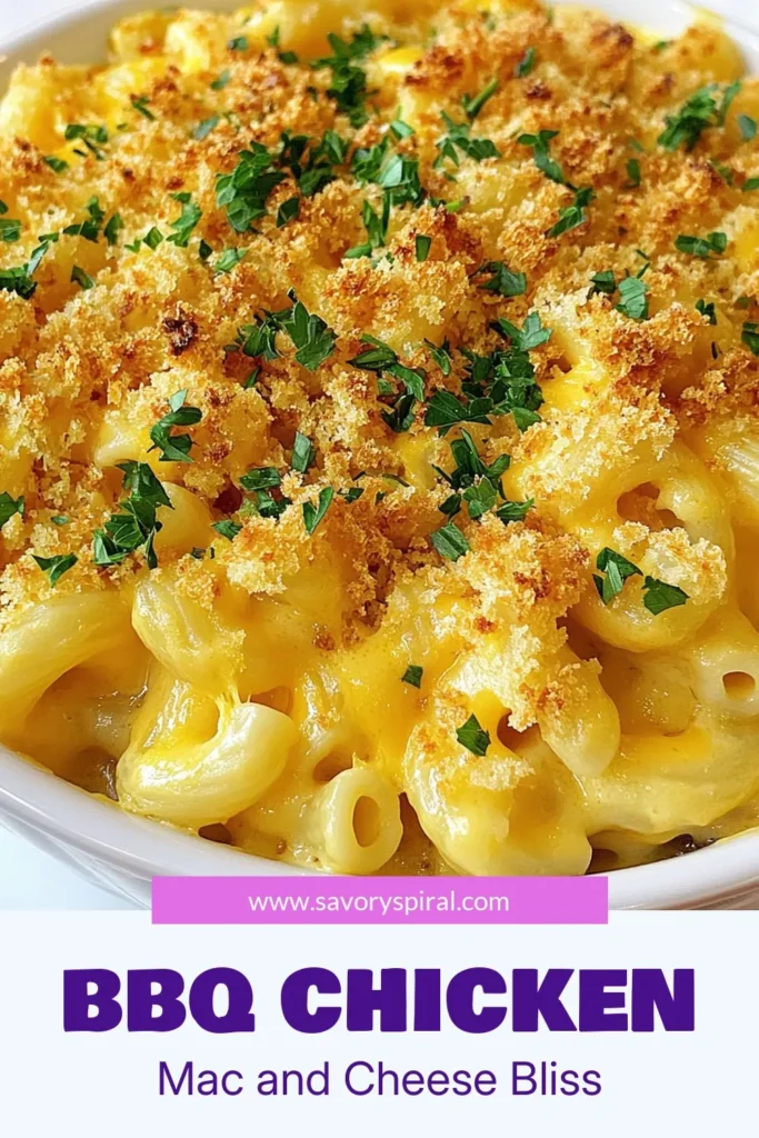 Savor the deliciousness of BBQ Chicken Mac and Cheese, the ultimate cheesy BBQ pasta recipe! This easy chicken mac and cheese combines tender chicken with creamy, melted cheese for a family-friendly comfort food dish. Baked to perfection with a crispy breadcrumb topping, it's sure to impress. Perfect for dinner or potlucks, you won’t want to miss out on this tasty recipe. Try it today! #BBQChickenMacAndCheese #ComfortFoodRecipes #CheesyPasta #BakedMacAndCheese