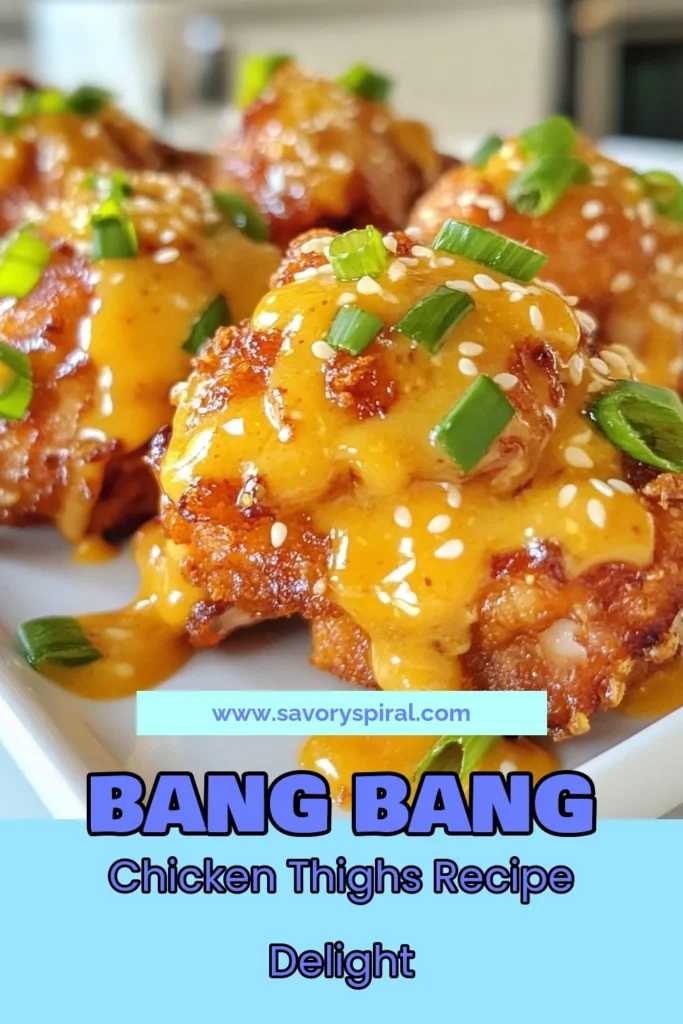 Discover the deliciousness of Bang Bang Chicken Thighs, a spicy chicken thigh recipe that will elevate your dinner game! With a crispy coating and a tangy fried chicken thighs with sauce, this dish is perfect for an easy chicken dinner recipe. Marinated in a flavorful buttermilk marinade, these thighs are juicy and satisfying. Get ready to impress your family and friends—save this recipe for later and enjoy the flavors! #BangBangChicken #SpicyChicken #EasyDinner #ChickenThighs