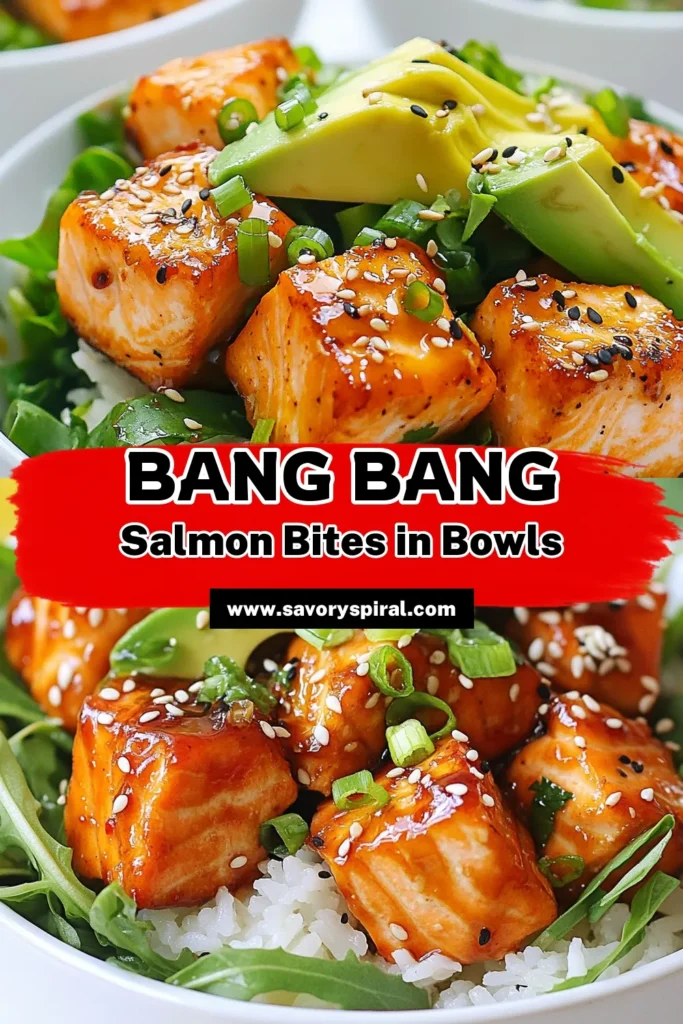 Looking for a quick and healthy dinner option? Try these Bang Bang Salmon Bites Bowls! This Salmon Rice Bowl Recipe features perfectly cooked Sriracha Salmon Bites over a bed of jasmine rice and mixed greens. In just 30 minutes, you’ll enjoy a meal that’s not only delicious but also nutritious. Perfect for busy weeknights, these Healthy Salmon Bowls are sure to impress. Save this recipe for your next dinner! #BangBangSalmonBites #HealthySalmonBowls #QuickDinner #SalmonRiceBowl