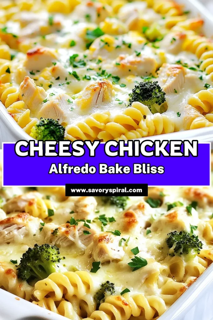 Indulge in this Cheesy Chicken Alfredo Bake that's perfect for family dinners! This easy chicken pasta bake combines cooked rotini, diced chicken, and blanched broccoli in a creamy chicken alfredo recipe that's sure to satisfy. Topped with melted mozzarella and Parmesan, this baked pasta with chicken and cheese is a comforting delight. Try it tonight and enjoy a delicious meal in just 50 minutes! Save this recipe for later! #CheesyChickenAlfredoBake #EasyChickenPastaBake #CreamyChickenAlfredo #BakedPasta