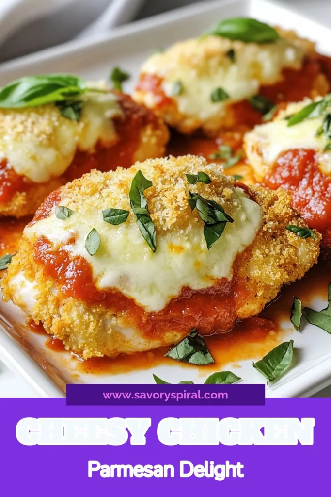 Discover the mouthwatering goodness of Cheesy Baked Chicken Parmesan! This easy Italian chicken recipe features tender chicken breasts coated in crispy breadcrumbs, topped with marinara, and melted mozzarella cheese. Perfect for a weeknight dinner, this Baked Parmesan Chicken is sure to impress family and friends. Try this delightful Chicken Parmesan with Mozzarella today and elevate your dinner game! Don’t forget to save this recipe! #ChickenParmesan #EasyChickenRecipe #ItalianDinner #BakedChicken