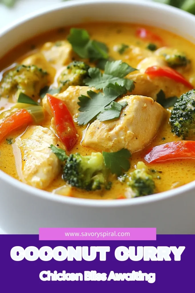 Savor the rich flavors of Coconut Curry Chicken Soup, an easy chicken soup recipe that combines tender chicken thighs, creamy coconut milk, and vibrant veggies. This healthy chicken curry soup is perfect for cozy nights or meal prep. Ready in just 30 minutes, it's a delicious way to spice up your weeknight dinners. Try this curry chicken recipe today for a bowl of comfort that packs a flavorful punch. Save and share! #CoconutCurry #ChickenSoup #EasyRecipes #HealthyEating