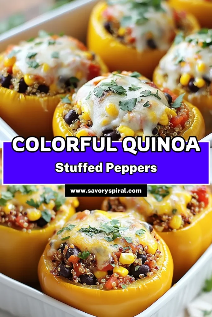 Discover the ultimate healthy stuffed peppers recipe with these vibrant quinoa stuffed bell peppers! This easy quinoa recipe combines protein-packed quinoa, black beans, corn, and spices for a delicious vegetarian quinoa dish. Perfectly baked bell peppers with quinoa make a nutritious meal that's sure to impress. Try this flavorful recipe today and elevate your dinner game! Save it for later! #StuffedPeppers #QuinoaRecipes #VegetarianCooking #HealthyEating