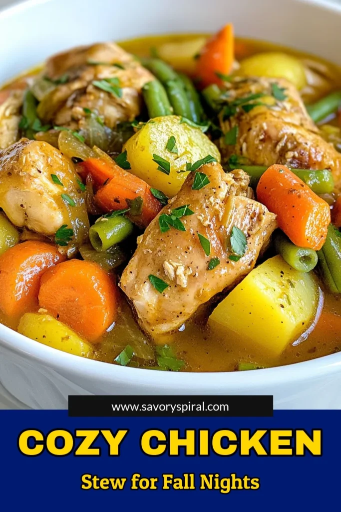 Warm up your dinner with this savory chicken stew recipe! This slow cooker chicken stew combines tender chicken thighs and hearty veggies like potatoes, carrots, and green beans for the ultimate comforting chicken dish. Perfect for chilly nights, this harvest stew recipe is easy to prepare and packed with flavor. Don't miss out—try this chicken and vegetable stew today! Save this recipe for a cozy meal! #SlowCookerChickenStew #SavoryChickenStew #ComfortFood #HarvestStewRecipe