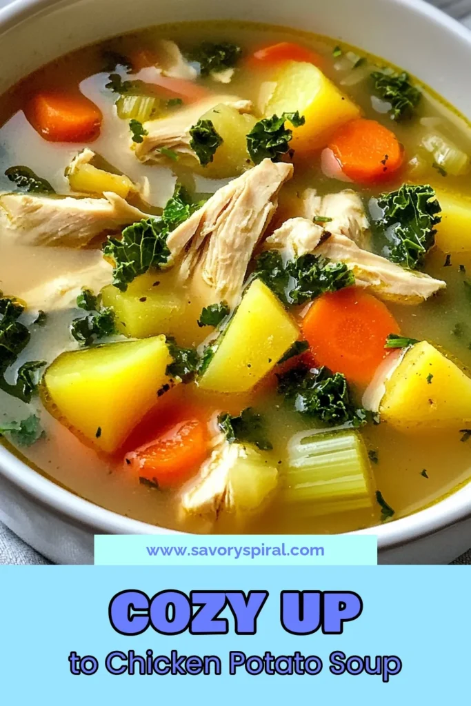 Warm up with this delicious chicken potato soup, the perfect hearty chicken soup recipe for any day. This easy comfort food combines tender chicken, fresh veggies, and creamy potatoes for a nourishing meal. Discover how to make a healthy chicken soup with veggies that everyone will love. Save this homemade chicken soup recipe for weeknight dinners or cozy gatherings. Don't forget to try it! #ChickenSoup #ComfortFood #HealthyEating #HomemadeSoup