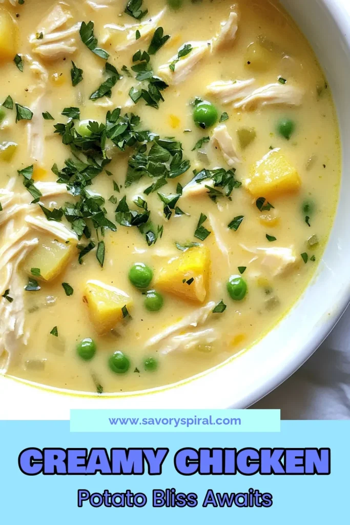Savor the warmth of this Creamy Chicken Potato Soup, the ultimate comfort food recipe for an easy chicken dinner. This creamy chicken potato recipe combines tender chicken, fresh potatoes, and rich heavy cream into a delightful dish ready in just 40 minutes. Perfect for chilly nights! Don’t miss out—try this heavy cream chicken dish today and bring smiles to your table. Save for later and enjoy! #ChickenPotatoSoup #ComfortFood #EasyDinner #CreamyChickenRecipe