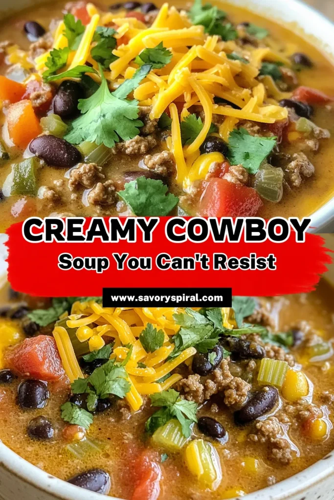 Discover the ultimate comfort food with this Creamy Cowboy Soup recipe! Packed with flavorful ground beef, beans, and a rich, creamy broth, this easy soup recipe is perfect for busy weeknights or chilly days. Savor the hearty blend of cowboy soup with cream that warms you up with each spoonful. Don't miss out on this delicious dish—pin it now and impress your family! #CreamyCowboySoup #GroundBeefSoup #EasySoupRecipes #HeartySoupWithBeans