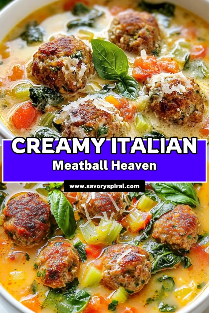 Warm up with this creamy Italian meatball soup that's sure to delight! This homemade meatball soup recipe features juicy meatballs made with ground beef, simmered in a rich broth with fresh vegetables and heavy cream. It's the perfect easy Italian soup with meatballs for cozy nights in. Try this comforting Italian meatball soup today and enjoy a taste of Italy at home! Save the recipe for later! #ItalianSoup #MeatballSoup #ComfortFood #EasyRecipes