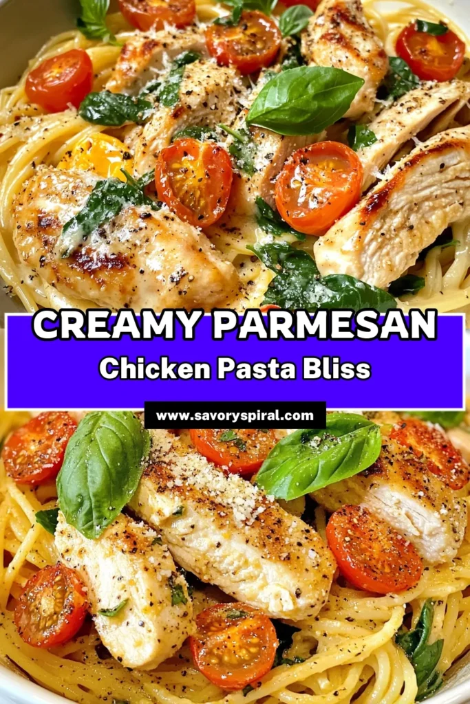 Indulge in this easy chicken pasta dish featuring Cheesy Parmesan Chicken Pasta! This creamy chicken pasta recipe combines tender chicken, fresh spinach, and a luscious garlic Parmesan sauce, making it a family favorite. Perfect for weeknight dinners, this spinach chicken pasta is not only simple but delicious. Try this garlic Parmesan spaghetti recipe today, and enjoy a satisfying meal in just 30 minutes! Save for later! #PastaRecipes #ChickenDinner #EasyRecipes #ComfortFood