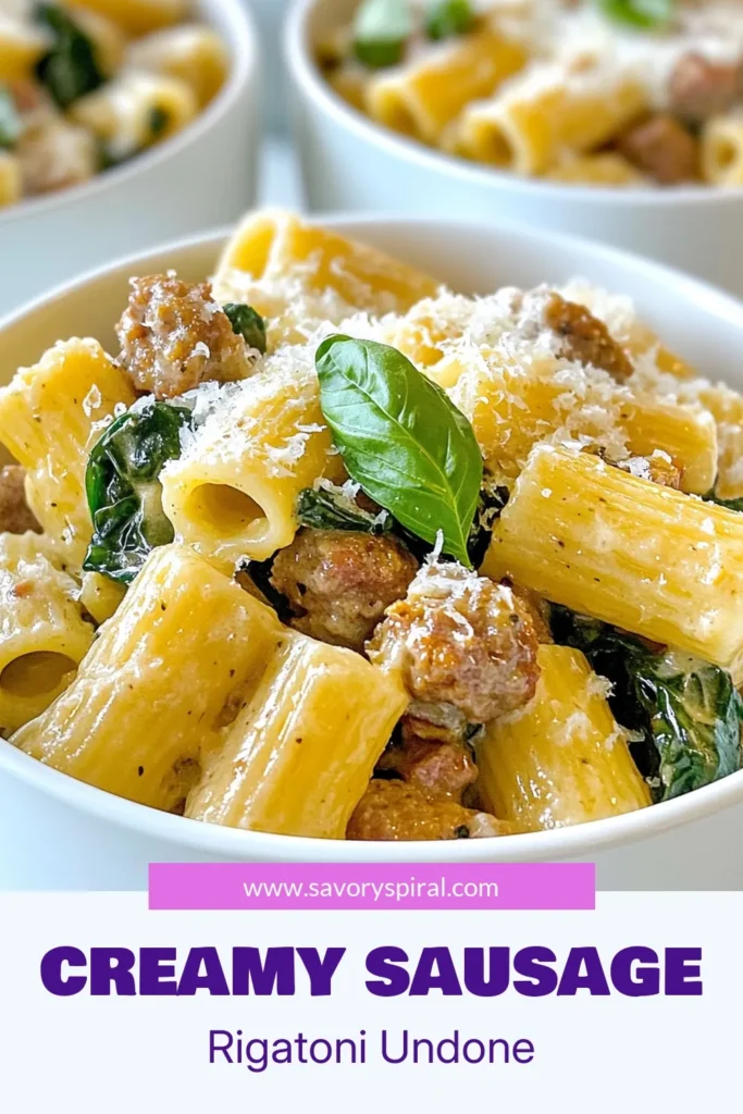 Discover this delicious creamy sausage rigatoni recipe that's perfect for a quick weeknight dinner! This easy sausage pasta dish features rigatoni pasta with sausage, fresh spinach, and a rich creamy sauce that's sure to impress. In just 30 minutes, you can whip up an Italian sausage rigatoni that your family will love. Don't forget to save this creamy pasta recipe for your next meal inspiration! #CreamySausageRigatoni #PastaRecipes #EasyDinnerIdeas #ItalianCooking
