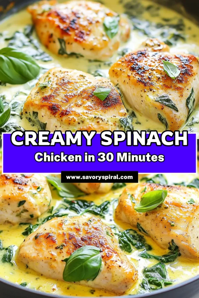 Looking for a delicious Keto chicken recipe? Try this creamy spinach chicken that’s perfect for a low carb dinner. This easy chicken recipe brings together tender chicken breasts, rich heavy cream, and fresh spinach for a healthy chicken dish that's ready in just 30 minutes! Perfect for weeknight meals, save this recipe to impress your family and friends. Get cooking today! #KetoRecipes #LowCarb #HealthyDinner #ChickenDinner