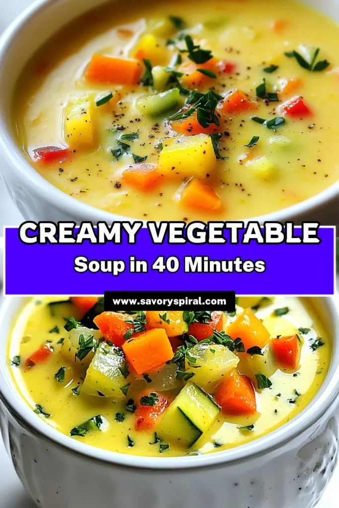 Discover a delicious and easy vegetable soup perfect for any day with this creamy vegetable soup! This healthy vegetable soup recipe features vibrant veggies and is enriched with coconut milk for a rich flavor. It's a fantastic vegan soup recipe that’s not only simple to make but also a comforting one-pot meal. Try this coconut milk soup recipe today and enjoy a bowl of warm goodness! Save and share this recipe! #CreamyVegetableSoup #VeganSoupRecipe #HealthyCooking #EasySoupRecipe