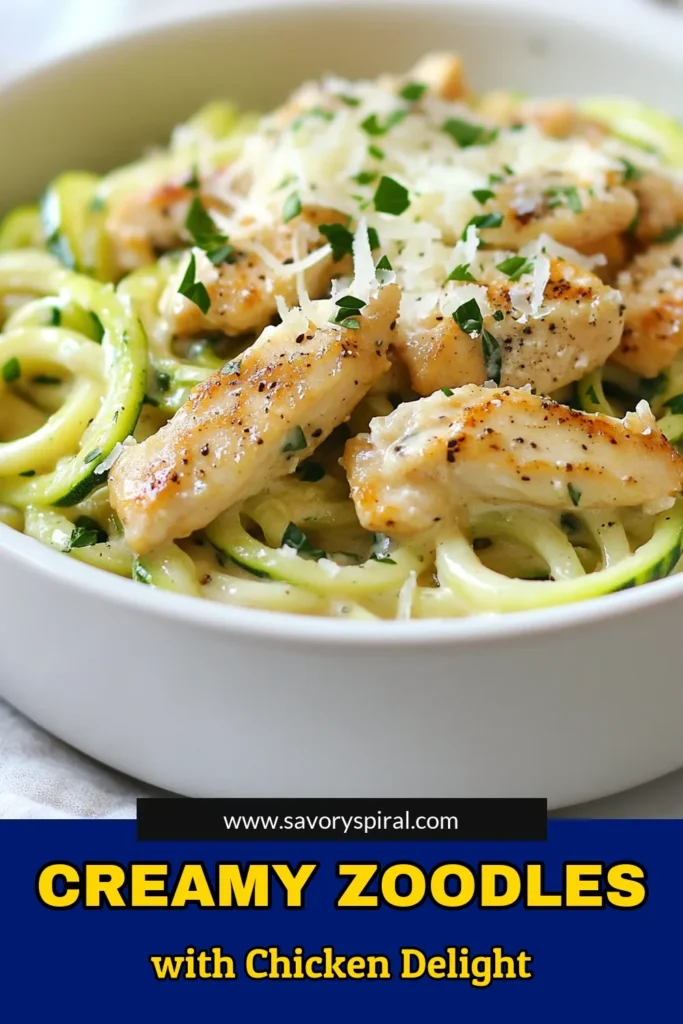 Indulge in this deliciously simple recipe for Creamy Chicken Alfredo Zoodles! Perfect for a healthy dinner, these zucchini noodles are combined with juicy chicken in a rich Easy Creamy Alfredo Sauce. This Low-Carb Alfredo Zoodles dish is not only a great alternative to traditional pasta, but it’s also a favorite for anyone seeking a Healthy Chicken Alfredo option. Try this Zucchini Noodles Recipe today and enjoy a guilt-free meal! Save now for your next cooking inspiration! #ChickenAlfredo #Zoodles #HealthyEating #LowCarbRecipes