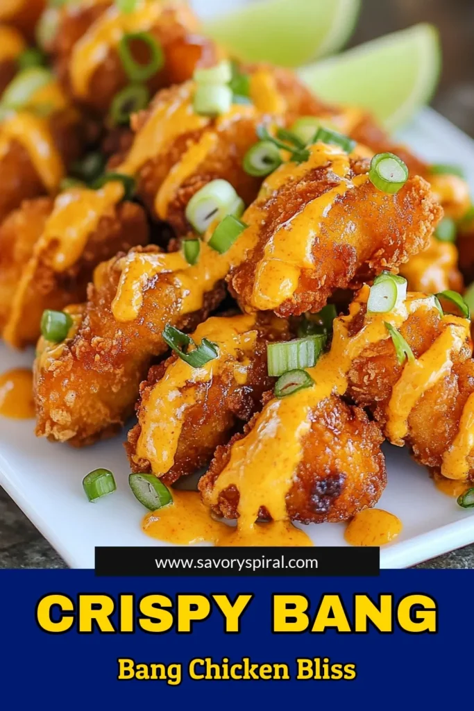 Discover how to make the ultimate Crispy Bang Bang Chicken recipe that will wow your guests! This spicy chicken recipe features succulent buttermilk fried chicken marinated for maximum flavor. Toss your crispy chicken in a delicious Bang Bang Chicken sauce for a perfect pairing. Ideal for easy chicken appetizers, this dish is a must-try! Save this recipe for your next gathering! #BangBangChicken #EasyAppetizers #ChickenRecipe #FriedChicken