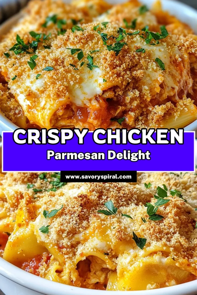 Discover the ultimate comfort food with this Crispy Chicken Parmesan Casserole! This Chicken Parmesan Casserole Recipe is not only easy to make but also turns into a deliciously cheesy chicken casserole that's perfect for any occasion. With layers of shredded chicken, marinara sauce, and a crunchy panko topping, this Easy Pasta Bake will become a family favorite. Save this recipe today and enjoy a delightful meal! #ChickenParmesan #CasseroleRecipe #PastaBake #CheesyCasserole