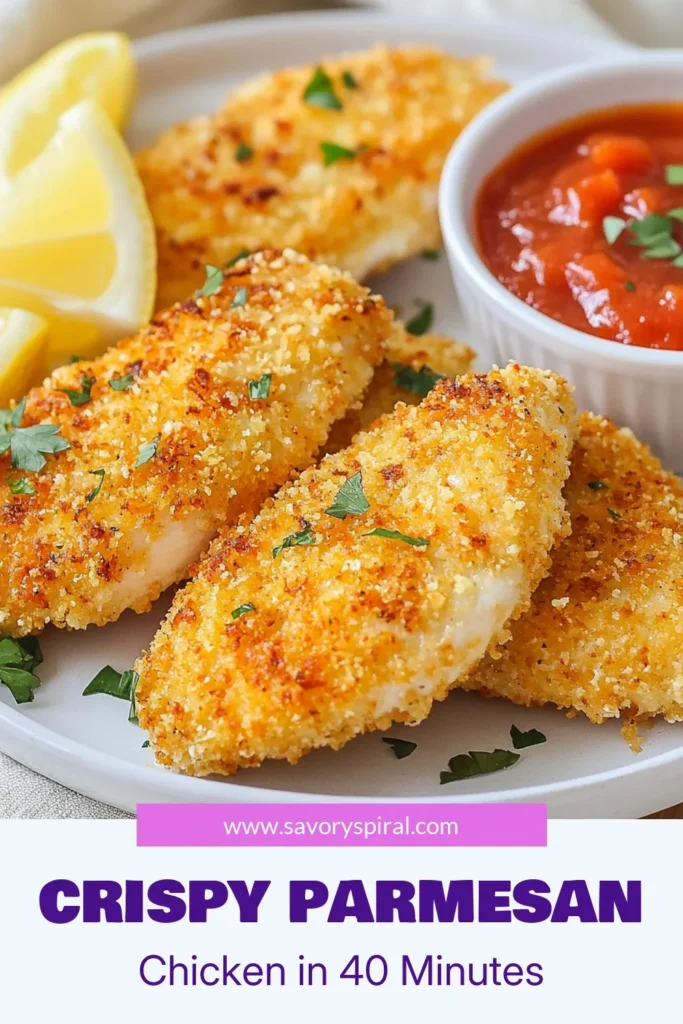 Discover the ultimate Crispy Parmesan Chicken recipe that’s perfect for any weeknight! This Easy Chicken Dinner features juicy chicken breasts coated in a flavorful panko crust, transforming your dinner into a delicious feast. Perfect for fans of Baked Chicken Recipes, this Italian Herb Chicken is easy to make and sure to impress. Serve it with marinara for dipping! Save this for your next family meal! #CrispyParmesanChicken #PankoCrustedChicken #EasyChickenDinner #BakedChickenRecipes