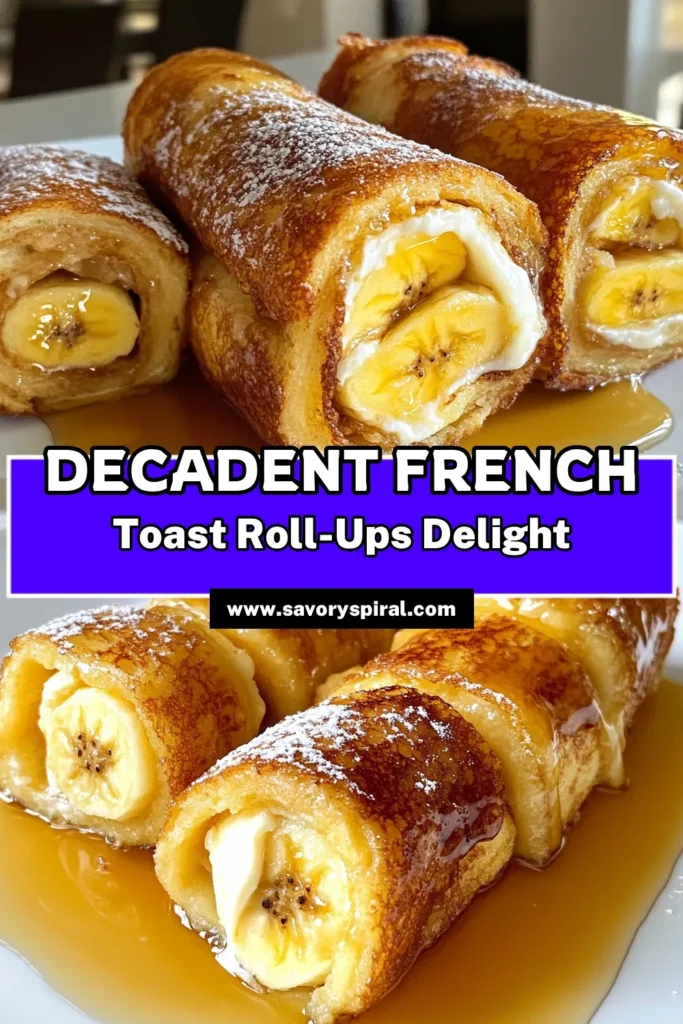 Indulge in these delightful French Toast Roll-Ups, perfect for a quick and easy breakfast or brunch! Stuffed with a creamy blend of cream cheese and banana, this easy breakfast recipe will become a family favorite. Try these Banana French Toast Roll-Ups for a delicious twist on brunch. Enjoy a sweet treat that’s ready in just 20 minutes. Save this recipe for your next meal! #FrenchToastRollUps #EasyBreakfastRecipes #QuickBrunchIdeas #BananaFrenchToastRollUps