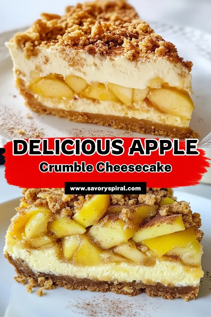 Indulge in this delightful apple crumble cheesecake, a perfect easy apple dessert recipe for any occasion. This baked cheesecake recipe layers creamy cheesecake with apples and a crunchy crumble topping, creating a delicious treat. Made with cream cheese and spices, it’s a family favorite. Don’t miss out—try this cheesecake with apples today! Save this recipe for your next dessert! #AppleCrumbleCheesecake #CheesecakeWithApples #EasyAppleDessert #CreamCheeseApplePie