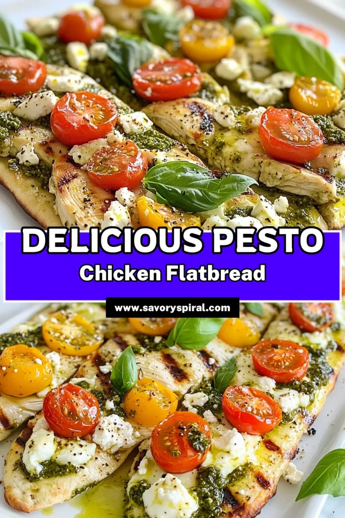 Indulge in this delicious pesto chicken flatbread that's perfect for any meal! Our grilled chicken flatbread recipe combines succulent grilled chicken, fresh basil pesto, and gooey mozzarella cheese for a quick and easy dinner. With vibrant cherry tomatoes and feta crumbles, this easy flatbread recipe is a crowd-pleaser. Try it today and impress your guests! Save this recipe for your next cooking adventure! #PestoChickenFlatbread #EasyFlatbreadRecipes #GrilledChickenFlatbreadRecipe #MozzarellaCheeseFlatbread