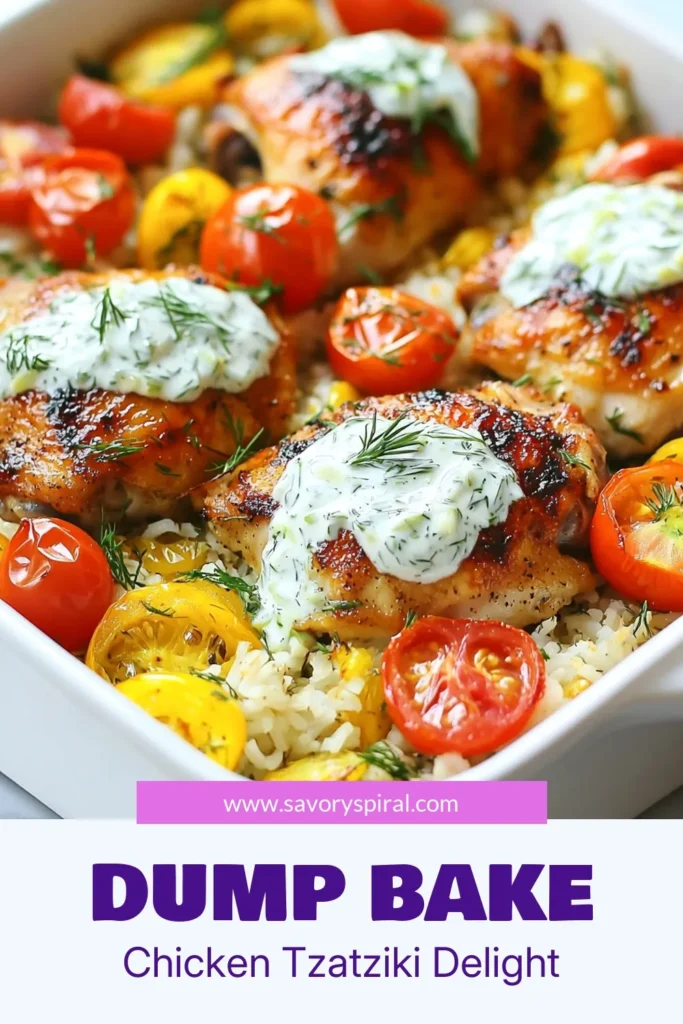 Discover this flavorful dump and bake chicken recipe that's perfect for busy weeknights! This easy chicken tzatziki dish combines tender chicken with savory rice and zesty tzatziki sauce, all in one pan. Enjoy a delicious Greek yogurt chicken recipe that the whole family will love. Ready in just 50 minutes, it's a quick and satisfying meal. Don't miss out—save this baked chicken with tzatziki sauce to your recipe board! #DumpAndBake #EasyChicken #OnePanMeals #GreekRecipes