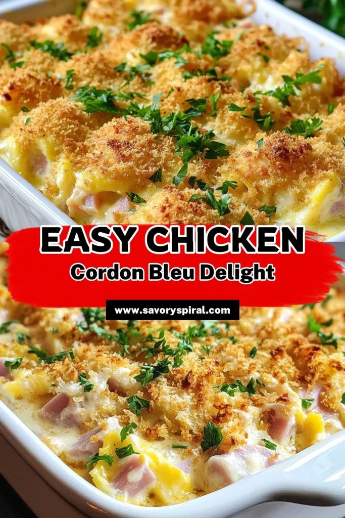 Looking for a comforting dinner option? Try this Chicken Cordon Bleu Casserole! This easy chicken casserole recipe combines tender shredded chicken and diced ham, topped with creamy Swiss cheese and a crunchy breadcrumb layer. Perfect for busy weeknights, this baked chicken and ham dish is a family favorite. Impress your loved ones with this satisfying Swiss cheese casserole! Save this recipe for later! #ChickenCordonBleuCasserole #EasyDinner #CasseroleRecipe #ShreddedChickenDinner