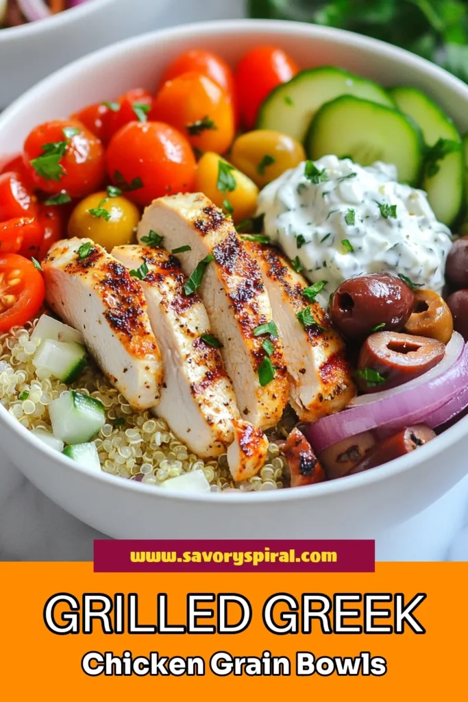 Discover the vibrant flavors of Greek Chicken Grain Bowls, a perfect blend of healthy Greek recipe and Mediterranean chicken recipe. Enjoy tender grilled chicken atop a bed of nutritious quinoa grain bowls, complemented by fresh veggies and a zesty tzatziki chicken salad. This easy recipe is ideal for meal prep or a delicious dinner. Save this Greek chicken bowls recipe for a tasty and healthful meal! #GreekChickenBowls #MediterraneanRecipe #HealthyEats #QuinoaBowls